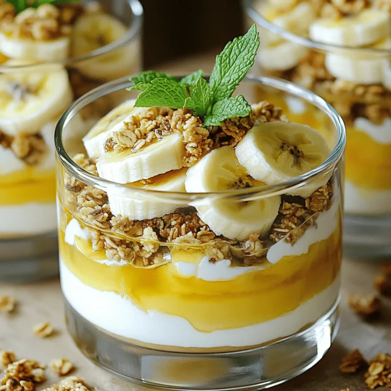 When making a creamy banana dessert, you need fresh and simple ingredients. Here’s what you will use: - Ripe bananas - Mascarpone cheese - Greek yogurt - Sweeteners (honey or maple syrup) - Vanilla extract - Ground cinnamon Each ingredient plays a key role. Ripe bananas add natural sweetness and a smooth texture. Mascarpone cheese gives a rich and creamy base. Greek yogurt adds tang and lightness. Sweeteners balance flavors, while vanilla and cinnamon enhance the overall taste. You might wonder, why use ripe bananas? When bananas ripen, they become sweeter and softer. This makes them perfect for desserts. Using mascarpone cheese is great because it is thick and creamy. It pairs well with Greek yogurt, which adds creaminess and protein. Honey or maple syrup can be adjusted to your taste. You can use one or both! Don’t forget the spices! Vanilla extract brings warmth, while ground cinnamon adds depth. By combining these ingredients, you set the stage for a delightful treat. Check the full recipe to see how to put it all together! 1. Mixing creamy ingredients: Start by gathering your ingredients. In a medium bowl, mix the mascarpone cheese, Greek yogurt, honey, vanilla extract, and ground cinnamon. I recommend using a whisk. It helps create a smooth texture. Blend until no lumps remain. This step makes the dessert creamy. 2. Layering bananas and cream mixture: Take your sliced bananas. Place half of them at the bottom of each serving bowl. This layer adds flavor and sweetness. Next, spoon half of the creamy mixture over the bananas. Spread it evenly with a spatula. Repeat this process with the remaining bananas and cream. This layering gives the dessert a nice look and taste. 3. Refrigeration for optimal texture: After layering, cover the bowls with plastic wrap. Chill them in the fridge for about 30 minutes. This time allows the flavors to mingle. It also helps the dessert firm up a bit. A well-chilled dessert tastes better and feels more refreshing. 1. Presentation ideas for guests: When ready to serve, consider using clear cups. This adds a fun twist and showcases the beautiful layers. Guests will enjoy seeing the bananas and cream. Presentation matters when impressing friends and family. 2. Using clear cups for visual appeal: Clear cups also make it easy to serve. You can prepare these in advance. This method saves time when guests arrive. Plus, it looks fancy without extra effort. 3. Mint garnish as a finishing touch: Just before serving, add a fresh mint leaf on top. This simple touch adds color and a hint of freshness. It makes your creamy banana dessert even more inviting. Enjoy your delightful treat! 1. Overmixing the creamy mixture: Mix until just smooth. Overmixing can make it too runny. 2. Improper layering techniques: Layer evenly to keep the dessert beautiful and balanced. 3. Chilling time for flavor melding: Chill for at least 30 minutes. This helps the flavors blend well. 1. Adding spices or extracts: Try a pinch of nutmeg or a splash of almond extract for extra depth. 2. Incorporating chocolate or nuts: Add chocolate chips or chopped nuts for a delightful crunch. 3. Creative ways to use leftover ingredients: Use leftover bananas in smoothies or oatmeal for a tasty boost. Enjoy these tips for making your creamy banana dessert even better! For the full recipe, check the complete guide. {{image_4}} You can explore different takes on this creamy banana dessert. Here are a few fun ideas: - Banana pudding variation: Swap the mascarpone cheese for vanilla pudding. Layer it with sliced bananas and whipped cream. This gives you a classic banana pudding in a new form. - Banana cream pie version: Use a pie crust instead. Layer the bananas and creamy filling into a pie shell. Top it with whipped cream for a delightful twist. - Vegan alternative using coconut cream: Replace the mascarpone cheese and Greek yogurt with coconut cream. This gives a rich, creamy texture while keeping it plant-based. When making your dessert, you can change a few ingredients to suit your needs or tastes: - Substituting Greek yogurt with plant-based options: Try almond yogurt or soy yogurt for a dairy-free version. These options still keep the dessert creamy. - Different sweetener choices: While honey works well, you can use agave syrup or stevia. This allows you to adjust sweetness to your liking. - Using dairy-free cream alternatives: Almond cream or cashew cream can replace mascarpone cheese. They add a rich flavor without dairy. Feel free to mix and match these ideas. Your creamy banana dessert can be as unique as you want! For more detailed instructions and a full list of ingredients, check out the Full Recipe. To keep your creamy banana dessert fresh, place any leftovers in the fridge. Use an airtight container to lock in moisture. This will help maintain the creamy texture. If you don’t have an airtight container, cover your bowl tightly with plastic wrap. Avoid letting the dessert sit out for too long. The bananas can turn brown, and the cream may get watery. To prevent sogginess, layer the granola on top just before serving. This keeps it crunchy and delightful. You can freeze the prepared dessert if you want to save some for later. First, spoon the dessert into freezer-safe containers. Leave some space at the top of the container for expansion. Cover it tightly to prevent freezer burn. When you're ready to enjoy it, thaw the dessert in the fridge overnight. Avoid thawing it at room temperature, as this can change the texture. Be aware that freezing may make the bananas softer. They might lose some of their fresh taste, but the dessert will still be tasty. For more ideas and tips, check out the [Full Recipe]. To ripen bananas fast, you can use a few simple tricks. Place them in a brown paper bag. This traps ethylene gas, speeding up the ripening. You can also place bananas near apples or avocados. These fruits also release ethylene. Make sure to store bananas at room temperature. Avoid the fridge unless they are very ripe. Cold can stop the ripening process. Yes, ripe bananas work best for this dessert. Their sweetness makes the dish taste great. Ripe bananas also blend well, giving a smooth texture. If your bananas are overripe, don't worry! You can use them in smoothies or pancakes. They are perfect for baked goods, like banana bread. This dessert is great for kids! It has healthy ingredients, like bananas and yogurt. Bananas give kids energy and are full of vitamins. You can make it sweeter by adding more honey or using chocolate. Just keep in mind that some kids may prefer less spice. Adjust the cinnamon to suit their taste. For the full recipe, check out the Creamy Banana Bliss section above! This blog gave you a tasty overview of making a delicious banana dessert. We covered key ingredients like ripe bananas and mascarpone cheese. You learned step-by-step instructions for mixing and layering. Tips helped you avoid common mistakes and enhance flavor. We also explored fun variations and best storage practices. Now, you can impress guests with your new dessert skills. Remember to use ripe bananas for the best taste. Enjoy experimenting with flavors and make this dish your own!