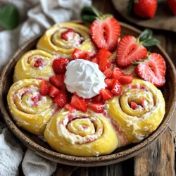 - 2 cups all-purpose flour - 1/4 cup granulated sugar - 1 packet instant yeast (2 1/4 teaspoons) - 1/2 teaspoon salt - 1/2 cup milk - 1/4 cup unsalted butter - 1 large egg - 1 cup cream cheese - 1/2 cup powdered sugar - 1 teaspoon vanilla extract - 1 1/2 cups fresh strawberries - 1 egg wash (1 egg whisked with 1 tablespoon water) - Optional: Whipped cream for serving Gather these ingredients before starting. You want everything ready to go. The flour gives the rolls structure. Sugar adds sweetness. Yeast makes the dough rise. Salt balances the flavors. Milk and butter keep the rolls soft. The egg binds the dough. Cream cheese makes the filling rich. Powdered sugar sweetens the filling and the drizzle. Vanilla adds depth. Fresh strawberries give a burst of flavor. The egg wash creates a golden crust. Whipped cream is a fun touch when serving. These ingredients combine to create a warm, sweet treat. You will love how they come together in the Full Recipe. To start, I combine warm milk, melted butter, and granulated sugar in a medium bowl. I sprinkle yeast on top and let it sit for about five minutes. This step wakes up the yeast, making it frothy and bubbly. Next, I whisk together flour and salt in a large bowl. I make a well in the center and pour in the yeast mix and a large egg. I stir it with a spatula until the dough forms. Then, I transfer the dough to a floured surface. I knead it for five to seven minutes until it feels smooth. After kneading, I shape the dough into a ball and place it in a greased bowl. I cover it with a towel and let it rise in a warm spot for about an hour. While the dough rises, I prepare the cheesecake filling. In a medium bowl, I mix cream cheese, powdered sugar, and vanilla extract. I blend these until the mixture is creamy and smooth. Once mixed, I gently fold in diced strawberries. This adds a fresh burst of flavor that pairs perfectly with the creaminess of the cheese. I set this mixture aside for later. Once the dough has risen, I punch it down to release any air bubbles. On a floured surface, I roll the dough into a rectangle about 12 by 18 inches. Now, I spread the cheesecake filling evenly over the dough, avoiding the edges. Starting from one long edge, I roll the dough tightly away from me. I use a sharp knife to slice the log into twelve equal pieces. Next, I arrange the rolls cut side up in a greased baking dish, leaving space for them to grow. I preheat my oven to 350°F (175°C). Before baking, I brush the tops of the sweet rolls with an egg wash. This gives them a lovely golden color. I then place the baking dish in the oven and bake for 25 to 30 minutes. I know they are done when they turn golden brown. After baking, I let the rolls cool for about ten minutes. For a sweet touch, I drizzle a simple icing made from powdered sugar and a splash of milk over the top before serving. For the full recipe, check the detailed instructions earlier. To make the best dough, always use warm ingredients. Warm milk and butter help the yeast work well. This gives the rolls a nice rise. Knead the dough properly too. Kneading builds elasticity, which makes the rolls soft and fluffy. Aim for about 5 to 7 minutes of kneading. Want more flavor? Try adding lemon zest to the dough or filling. This gives a bright taste that pairs well with strawberries. You can also garnish the rolls with fresh mint. Mint adds a fresh twist and looks great on the plate. When serving, arrange the sweet rolls on a nice platter. Add fresh strawberries around them for color. A dollop of whipped cream on the side makes it even better. For drinks, I suggest a cup of hot tea or cold milk. Both drinks complement the sweet rolls well. For all the details on how to make these delightful rolls, check out the Full Recipe. {{image_4}} You can change the flavors in your sweet rolls for a fun twist. For a blueberry cheesecake sweet roll, swap out strawberries for fresh blueberries. Make sure to mash them slightly for a nice spread. The sweet, tart flavor of blueberries blends well with the creamy filling. Another option is the chocolate-strawberry fusion roll. Add cocoa powder to the dough for a chocolate base. You can also fold in chocolate chips into the cheesecake filling. This mix creates a rich, decadent treat. If you need gluten-free options, use almond flour or a gluten-free blend. This keeps the rolls soft and tasty. Just check that the flour mix includes xanthan gum for the right texture. For vegan adaptations, replace the egg with a flax egg. Mix one tablespoon of ground flaxseed with three tablespoons of water. Let it sit until it thickens. Use plant-based cream cheese and dairy-free milk. These swaps keep the rolls light and fluffy. These variations and modifications allow everyone to enjoy strawberry cheesecake sweet rolls. Check out the Full Recipe for all the details. To keep your strawberry cheesecake sweet rolls fresh, store them in an airtight container. Place parchment paper between the rolls to prevent sticking. This method keeps them soft for about three days. If you want to enjoy these rolls later, freezing is a great option. Wrap each roll tightly in plastic wrap. Then, place them in a freezer bag. They can last up to three months. When you’re ready to eat, just thaw them in the fridge overnight. To restore softness, reheat the rolls gently. Preheat your oven to 350°F (175°C). Place the rolls on a baking sheet and cover them with foil. Heat for about 10-15 minutes. This keeps them warm and fluffy. You can also use a microwave on low power for 15-20 seconds if you’re in a hurry. Enjoy your sweet rolls warm and tasty! Yes, you can use frozen strawberries. They work well in the filling. Just remember to thaw them first. Drain any excess liquid to avoid a soggy filling. Fresh strawberries give a brighter taste, but frozen ones can be handy. They may be softer, but they still taste great in the rolls. You can make these rolls ahead of time. Prepare the dough and filling, then assemble the rolls. Cover them tightly and store in the fridge for up to 24 hours. When ready to bake, let them sit at room temperature for 30 minutes. This helps them rise before baking. You can also freeze the unbaked rolls. Just thaw and let them rise before baking. If your dough doesn’t rise, check a few things. First, make sure your yeast is fresh. Old yeast may not activate. Next, the warm milk should be around 110°F (43°C). Too hot or too cold will kill the yeast. Lastly, make sure you cover the dough in a warm spot. If it still doesn’t rise, you can try again with new ingredients. Yes, you can make the filling without cream cheese. Use ricotta cheese or mascarpone for a lighter option. You can also mix in a bit of yogurt for tanginess. For a sweeter taste, consider using whipped cream instead. Each option offers a different flavor and texture, so feel free to experiment! You now have a clear plan for making sweet rolls with a cheesecake twist. We covered the ingredients, step-by-step instructions, and tips to get the best results. Flavor variations and storage tips ensure you can share these rolls with friends. Remember, baking is all about having fun and experimenting. Enjoy each bite, and try different flavors along the way. Your kitchen will soon smell amazing, and your taste buds will thank you!