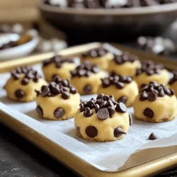 To make the chocolate chip cookie dough bites, gather these ingredients: - 1 cup all-purpose flour - 1/2 teaspoon baking soda - 1/4 teaspoon salt - 1/2 cup unsalted butter, softened to room temperature - 1/2 cup packed brown sugar - 1/4 cup granulated sugar - 2 teaspoons pure vanilla extract - 1 cup semi-sweet chocolate chips - 1/4 cup mini chocolate chips (for garnish) - 1/4 cup chopped walnuts or pecans (optional, for added crunch) These bites are a sweet treat. Each bite has about: - Calories: 100 - Total fat: 5g - Saturated fat: 3g - Carbohydrates: 12g - Protein: 1g - Fiber: 0g They are rich in flavor but should be enjoyed in moderation for a balanced diet. If you need alternatives, here are some options: - For all-purpose flour, use almond flour for a gluten-free option. - Instead of unsalted butter, you can use coconut oil for a dairy-free version. - If you prefer, maple syrup can replace brown sugar for a natural sweetener. - For a nut-free option, skip the nuts or use seeds like sunflower seeds. Using these substitutes can change the flavor and texture, but they keep the fun of making these bites alive! To start, gather all your ingredients. You will need flour, baking soda, salt, butter, sugars, vanilla, and chocolate chips. In a small bowl, whisk together the flour, baking soda, and salt. This blend gives the dough structure. Set this aside for later. In a large bowl, beat the softened butter with brown and granulated sugars. Use an electric mixer on medium speed. Mix until it is light and fluffy, about 2-3 minutes. Next, add the vanilla extract and mix until it is well combined. Gradually add the flour mixture to the butter-sugar mix. Mix on low speed until just combined. Be careful here; overmixing can change the texture. Now, gently fold in the semi-sweet chocolate chips. If you like, you can also add chopped walnuts or pecans for extra crunch. Make sure all the chocolate and nuts are evenly spread throughout the dough. Take a cookie scoop or your hands to form small balls of dough. Each ball should be about 1 inch in diameter. Place these on a parchment-lined baking sheet. Leave some space between each ball. This space helps them keep their shape. Once you shape all the bites, put the baking sheet in the fridge. Chill them for at least 30 minutes. This step firms up the dough, making it easier to eat. After chilling, you can roll each bite in mini chocolate chips for extra flair. Serve the cookie dough bites cold or at room temperature. Arrange them on a colorful platter for a great look. You can even sprinkle some mini chocolate chips around for decoration. Enjoy these tasty treats! For a full recipe, check out the full recipe section above. To get the best texture, do not overmix the dough. Mix until just combined. This step keeps the bites soft and chewy. Use room temperature butter for a creamy mix. It blends easily with sugars. If you want a firmer bite, chill the dough longer. Aim for at least 30 minutes in the fridge. This helps the fats set up better. Store your cookie dough bites in an airtight container. This keeps them fresh and moist. Place parchment paper between layers if stacking. They last about a week in the fridge. For longer storage, freeze them. Just place the bites on a baking sheet first. Once frozen, transfer them to a freezer bag for up to three months. Remember to label the bag with the date. Make your cookie dough bites shine! Arrange them on a bright, fun platter. Scatter extra mini chocolate chips around for color. You can also use small cups for each bite. This makes for a cute display. For a special touch, drizzle melted chocolate on top. It adds flair and flavor. Serve them at parties or gatherings for smiles all around. {{image_4}} You can make vegan chocolate chip cookie dough bites easily. Replace the butter with coconut oil. Use a plant-based milk to keep the dough moist. For sweetening, opt for maple syrup or coconut sugar. These swaps keep the same great taste, while making it vegan-friendly. To make gluten-free cookie dough bites, swap regular flour with gluten-free all-purpose flour. Many brands offer great blends that work well in baking. Ensure your chocolate chips are also gluten-free. This way, you can enjoy the same yummy flavor without the gluten. Add unique flavors to your cookie dough bites. Try mixing in almond extract for a nutty twist. You can also fold in crushed mint candies for a refreshing taste. Want something richer? Add cocoa powder for a chocolatey kick. These fun flavors keep every bite exciting and different! Finding chocolate chip cookie dough bites is easy! You have many options, both online and nearby. If you want a quick treat, look for store-bought cookie dough bites. Brands like Edoughble and Doughp offer tasty options. They use safe ingredients so you can enjoy them without worry. Check your local grocery store's freezer section for these brands. For a wider choice, online shopping is great. Websites like Amazon and Instacart have cookie dough bites. You can read reviews and find the best flavors. This way, you can compare prices and find your favorites. Just search “cookie dough bites” to see what’s available. Support your community by buying from local bakeries. Many bakeries now sell cookie dough bites. Call ahead or check their social media pages to see if they have them. You might discover unique flavors that you can't find in stores. Bakeries often use fresh, quality ingredients, making their bites extra special. For the best homemade experience, try the Full Recipe for chocolate chip cookie dough bites. You’ll love making them yourself! Yes, you can eat cookie dough bites raw. The dough is safe because we use heat-treated flour. This means there are no harmful bacteria. Just remember, some people prefer to bake cookie dough. If you like the raw taste, enjoy these bites as they are. They are tasty and fun to eat. Chocolate chip cookie dough bites can last about one week in the fridge. Store them in an airtight container. This keeps them fresh and tasty. If you want them to last longer, you can freeze them. Frozen bites can stay good for up to three months. Yes, you can freeze chocolate chip cookie dough bites. This is a great way to save some for later. Place the bites on a baking sheet first. Freeze them for about an hour. Once they are firm, transfer them to a freezer-safe bag. Don’t forget to label the bag! When you want to eat them, let them thaw in the fridge or at room temperature. Enjoy them chilled or let them warm up a bit. In this blog post, we explored how to make delicious cookie dough bites. We covered the key ingredients, from common substitutes to nutritional info. I provided step-by-step instructions for mixing, shaping, and chilling your dough. You learned tips for perfect texture and fresh storage. Variations like vegan and gluten-free options were shared. Lastly, we discussed where to buy these treats and answered common FAQs. Enjoy making your cookie dough bites and remember to experiment with flavors!