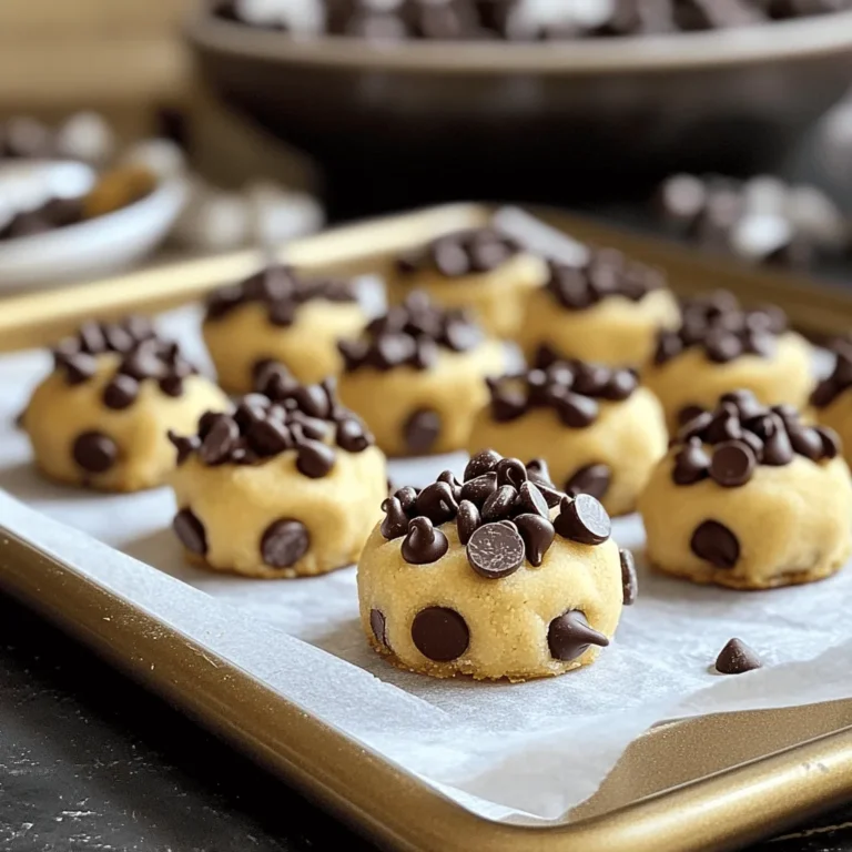 To make the chocolate chip cookie dough bites, gather these ingredients: - 1 cup all-purpose flour - 1/2 teaspoon baking soda - 1/4 teaspoon salt - 1/2 cup unsalted butter, softened to room temperature - 1/2 cup packed brown sugar - 1/4 cup granulated sugar - 2 teaspoons pure vanilla extract - 1 cup semi-sweet chocolate chips - 1/4 cup mini chocolate chips (for garnish) - 1/4 cup chopped walnuts or pecans (optional, for added crunch) These bites are a sweet treat. Each bite has about: - Calories: 100 - Total fat: 5g - Saturated fat: 3g - Carbohydrates: 12g - Protein: 1g - Fiber: 0g They are rich in flavor but should be enjoyed in moderation for a balanced diet. If you need alternatives, here are some options: - For all-purpose flour, use almond flour for a gluten-free option. - Instead of unsalted butter, you can use coconut oil for a dairy-free version. - If you prefer, maple syrup can replace brown sugar for a natural sweetener. - For a nut-free option, skip the nuts or use seeds like sunflower seeds. Using these substitutes can change the flavor and texture, but they keep the fun of making these bites alive! To start, gather all your ingredients. You will need flour, baking soda, salt, butter, sugars, vanilla, and chocolate chips. In a small bowl, whisk together the flour, baking soda, and salt. This blend gives the dough structure. Set this aside for later. In a large bowl, beat the softened butter with brown and granulated sugars. Use an electric mixer on medium speed. Mix until it is light and fluffy, about 2-3 minutes. Next, add the vanilla extract and mix until it is well combined. Gradually add the flour mixture to the butter-sugar mix. Mix on low speed until just combined. Be careful here; overmixing can change the texture. Now, gently fold in the semi-sweet chocolate chips. If you like, you can also add chopped walnuts or pecans for extra crunch. Make sure all the chocolate and nuts are evenly spread throughout the dough. Take a cookie scoop or your hands to form small balls of dough. Each ball should be about 1 inch in diameter. Place these on a parchment-lined baking sheet. Leave some space between each ball. This space helps them keep their shape. Once you shape all the bites, put the baking sheet in the fridge. Chill them for at least 30 minutes. This step firms up the dough, making it easier to eat. After chilling, you can roll each bite in mini chocolate chips for extra flair. Serve the cookie dough bites cold or at room temperature. Arrange them on a colorful platter for a great look. You can even sprinkle some mini chocolate chips around for decoration. Enjoy these tasty treats! For a full recipe, check out the full recipe section above. To get the best texture, do not overmix the dough. Mix until just combined. This step keeps the bites soft and chewy. Use room temperature butter for a creamy mix. It blends easily with sugars. If you want a firmer bite, chill the dough longer. Aim for at least 30 minutes in the fridge. This helps the fats set up better. Store your cookie dough bites in an airtight container. This keeps them fresh and moist. Place parchment paper between layers if stacking. They last about a week in the fridge. For longer storage, freeze them. Just place the bites on a baking sheet first. Once frozen, transfer them to a freezer bag for up to three months. Remember to label the bag with the date. Make your cookie dough bites shine! Arrange them on a bright, fun platter. Scatter extra mini chocolate chips around for color. You can also use small cups for each bite. This makes for a cute display. For a special touch, drizzle melted chocolate on top. It adds flair and flavor. Serve them at parties or gatherings for smiles all around. {{image_4}} You can make vegan chocolate chip cookie dough bites easily. Replace the butter with coconut oil. Use a plant-based milk to keep the dough moist. For sweetening, opt for maple syrup or coconut sugar. These swaps keep the same great taste, while making it vegan-friendly. To make gluten-free cookie dough bites, swap regular flour with gluten-free all-purpose flour. Many brands offer great blends that work well in baking. Ensure your chocolate chips are also gluten-free. This way, you can enjoy the same yummy flavor without the gluten. Add unique flavors to your cookie dough bites. Try mixing in almond extract for a nutty twist. You can also fold in crushed mint candies for a refreshing taste. Want something richer? Add cocoa powder for a chocolatey kick. These fun flavors keep every bite exciting and different! Finding chocolate chip cookie dough bites is easy! You have many options, both online and nearby. If you want a quick treat, look for store-bought cookie dough bites. Brands like Edoughble and Doughp offer tasty options. They use safe ingredients so you can enjoy them without worry. Check your local grocery store's freezer section for these brands. For a wider choice, online shopping is great. Websites like Amazon and Instacart have cookie dough bites. You can read reviews and find the best flavors. This way, you can compare prices and find your favorites. Just search “cookie dough bites” to see what’s available. Support your community by buying from local bakeries. Many bakeries now sell cookie dough bites. Call ahead or check their social media pages to see if they have them. You might discover unique flavors that you can't find in stores. Bakeries often use fresh, quality ingredients, making their bites extra special. For the best homemade experience, try the Full Recipe for chocolate chip cookie dough bites. You’ll love making them yourself! Yes, you can eat cookie dough bites raw. The dough is safe because we use heat-treated flour. This means there are no harmful bacteria. Just remember, some people prefer to bake cookie dough. If you like the raw taste, enjoy these bites as they are. They are tasty and fun to eat. Chocolate chip cookie dough bites can last about one week in the fridge. Store them in an airtight container. This keeps them fresh and tasty. If you want them to last longer, you can freeze them. Frozen bites can stay good for up to three months. Yes, you can freeze chocolate chip cookie dough bites. This is a great way to save some for later. Place the bites on a baking sheet first. Freeze them for about an hour. Once they are firm, transfer them to a freezer-safe bag. Don’t forget to label the bag! When you want to eat them, let them thaw in the fridge or at room temperature. Enjoy them chilled or let them warm up a bit. In this blog post, we explored how to make delicious cookie dough bites. We covered the key ingredients, from common substitutes to nutritional info. I provided step-by-step instructions for mixing, shaping, and chilling your dough. You learned tips for perfect texture and fresh storage. Variations like vegan and gluten-free options were shared. Lastly, we discussed where to buy these treats and answered common FAQs. Enjoy making your cookie dough bites and remember to experiment with flavors!