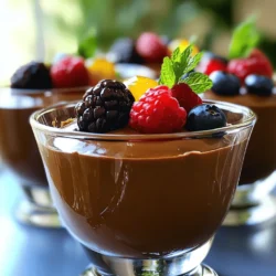 - 2 ripe avocados - 1/3 cup unsweetened cocoa powder - 1/4 cup maple syrup (or honey) - 1/4 cup almond milk (or any milk of your choice) - 1 teaspoon vanilla extract - A pinch of sea salt - Fresh berries and mint leaves for garnish To make this chocolate avocado mousse, you need just a few key ingredients. Ripe avocados give the mousse a rich and creamy texture. Unsweetened cocoa powder provides that deep chocolate flavor we all love. Maple syrup or honey adds the perfect touch of sweetness. Almond milk—or any milk you prefer—helps blend everything smoothly. Optional ingredients like vanilla extract enhance the flavor. A pinch of sea salt balances the sweetness and deepens the taste. For a beautiful touch, fresh berries and mint leaves make great garnishes. You can find the full recipe to guide you through each step and enjoy this delightful treat. - Halve and pit the avocados; scoop flesh into a food processor. - Add cocoa powder, maple syrup, almond milk, vanilla extract, and sea salt. Start by cutting the ripe avocados in half. Remove the pit carefully with a spoon. Scoop out the creamy flesh and place it in your food processor. This step is key; the avocado gives the mousse its rich and creamy texture. Next, you will add your other ingredients. Pour in the cocoa powder for that deep chocolate flavor. Then, add the maple syrup for sweetness, almond milk for creaminess, vanilla for aroma, and a pinch of sea salt to enhance the flavors. - Blend until smooth and creamy, scraping down the sides as needed. - Taste and adjust sweetness with extra maple syrup if desired. Now it’s time to blend! Start your food processor and let it run until the mixture is smooth and creamy. You may need to stop and scrape down the sides. This ensures all ingredients mix well. Once blended, taste your mousse. If it needs more sweetness, add a little more maple syrup and blend again. This step allows you to customize the sweetness to your liking. - Spoon mousse into individual dishes and chill for 30 minutes. - Garnish with fresh berries and mint leaves before serving. Spoon the mousse into small individual dishes. This gives each person their own serving, making it feel special. Chill the mousse in the fridge for at least 30 minutes. This cooling time helps the mousse set and lets the flavors blend. Just before serving, add a few fresh berries on top for color and a sprig of mint for a fresh touch. If you want, drizzle a bit more maple syrup on top for extra sweetness. This mousse is not just a treat; it’s a rich and creamy delight! For the full recipe, check out the details above. To make a smooth chocolate avocado mousse, use ripe avocados. Ripe avocados are soft and creamy. They blend better and create a rich texture. You want that silky, luscious feel in every bite. When blending, start on low speed. Gradually increase to high. This helps mix all the ingredients evenly. Stop to scrape down the sides. This ensures everything gets blended well. If your mousse feels thick, add a splash of almond milk. This will help achieve that perfect creaminess. Want to add extra flavor? Try mixing in a bit of espresso. It will deepen the chocolate taste. A dash of cinnamon can also add warmth. These flavors work well with the chocolate and avocado. For serving, think about pairing the mousse with cookies or fresh fruit. Chocolate chip cookies add a nice crunch. Fresh berries like raspberries or strawberries bring a bright touch. They complement the mousse and make it look pretty. For the full recipe, check out the details above. {{image_4}} You can easily make this mousse vegan. Just use maple syrup instead of honey. Maple syrup gives the mousse a nice, sweet flavor. It keeps everything plant-based. If you need a gluten-free option, you’re in luck! All the main ingredients are naturally gluten-free. Just make sure to check your labels on any milk alternatives. Some brands may add gluten. Get creative with your milk! Try almond milk, coconut milk, or oat milk. Each type will bring a unique flavor to your mousse. You might enjoy the creaminess of coconut milk the most. Want to add a twist? Consider adding spices or extracts. A drop of peppermint extract will make it fresh and cool. A sprinkle of cinnamon can add warmth and depth to the taste. These little changes can make a big difference in flavor. To keep your chocolate avocado mousse fresh, store it in the fridge. Use an airtight container. This method prevents the mousse from absorbing other smells. Plus, it helps it stay creamy. Make sure the lid seals tightly. If you leave it uncovered, it may dry out or get hard. Your mousse will stay good in the fridge for about three days. After that, it may lose its taste and texture. If you want to keep it longer, you can freeze it. To freeze, spoon the mousse into a freezer-safe container. Leave some space at the top, as it may expand. It can last up to a month in the freezer. When you want to eat it, move it to the fridge to thaw overnight for the best taste and texture. If you’re in a hurry, you can thaw it at room temperature for a few hours. If you don’t have avocados, you can use silken tofu. It gives a creamy texture similar to avocado. You can also try ripe bananas, but they will change the flavor slightly. Another option is unsweetened applesauce, which adds moisture, but lacks the richness. Yes, you can use honey or agave syrup. Both sweeteners work well with cocoa. Coconut sugar is another option. It has a lower glycemic index and adds a nice depth of flavor. Just remember to adjust the amount based on your taste. To make this mousse nut-free, choose oat milk or soy milk instead of almond milk. Both options give the same creamy texture without nuts. You can also use coconut milk for a richer taste. Just make sure it is unsweetened for best results. Absolutely! Chocolate avocado mousse is a hit with kids. It is rich in healthy fats from avocados, which are good for their growth. The cocoa adds a delicious chocolate flavor that kids love. Plus, it’s a fun way to sneak in some nutrition while they enjoy dessert. This mousse combines ripe avocados, cocoa, and maple syrup for a rich treat. You learned how to blend these ingredients for a smooth, creamy texture. Don’t forget the optional vanilla and sea salt to enhance the flavor. You can store leftovers or explore different milk and sweetener options. This recipe is fun and easy, perfect for any occasion. Enjoy it with fresh berries for extra delight. I hope you feel inspired to try making this delicious and healthy dessert!