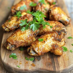 - Chicken Wings (2 lbs) - Baking Powder (1 tablespoon) - Garlic Powder (1 teaspoon) - Onion Powder (1 teaspoon) - Smoked Paprika (1 teaspoon) - Salt (1/2 teaspoon) - Black Pepper (1/2 teaspoon) - Cayenne Pepper (1/4 teaspoon, optional) - Olive Oil (2 tablespoons) - Fresh Herbs for garnish To make crispy air fryer chicken wings, you need simple and fresh ingredients. Start with two pounds of chicken wings. The wings should be clean and dry. Baking powder is key for crispiness. Use one tablespoon to help create that crunch. You will also need garlic powder, onion powder, and smoked paprika. Each adds flavor and depth. The salt and black pepper enhance the taste. If you like heat, add cayenne pepper. Use it sparingly for a spicy kick. Finally, olive oil helps the spices stick and adds richness. Fresh herbs make a lovely garnish. Parsley or cilantro work well. You can find the full recipe for cooking these wings to perfection in the recipe section. First, take your chicken wings and pat them dry. Use paper towels to soak up moisture. This step is key for crispiness. If the wings are wet, they won’t get crispy. Moisture creates steam, which makes wings soggy. Next, grab a large bowl. Combine the baking powder, garlic powder, onion powder, smoked paprika, salt, black pepper, and optional cayenne pepper. Stir well to mix. You want the spices to spread evenly. This ensures every bite is full of flavor. Now, add the dry wings into the bowl with the spice mix. Drizzle the olive oil over the wings. Toss everything together until the wings are coated well. Use your hands or a spoon to mix. This helps the spices stick to the wings. Set your air fryer to preheat at 400°F (200°C). Let it heat for about 5 minutes. Preheating is important. It gives the wings that nice, crispy texture right from the start. Place the wings in a single layer in the air fryer basket. If your air fryer is small, cook in batches. Cook the wings for 25-30 minutes. Flip them halfway through. This helps them brown evenly and stay crispy. If you want extra crunch, raise the temperature to 420°F (215°C) for the last 5 minutes. Keep a close eye on them. They can burn quickly at this heat. The extra time makes a big difference in crispiness. After cooking, let the wings rest for a few minutes. This helps keep them juicy. Before serving, sprinkle fresh herbs on top. They add color and flavor. Serve the wings on a platter with your favorite dipping sauces. You can find the full recipe at Crispy Air Fryer Chicken Wings. To get your chicken wings extra crispy, follow these tips: - Suggested Cooking Times: Cook the wings for 25-30 minutes at 400°F (200°C). Flipping them halfway helps. For more crunch, raise the heat to 420°F (215°C) for the last 5 minutes. - Use of Baking Powder: Adding baking powder is key. It helps the wings crisp up nicely. Just one tablespoon will do the trick! Flavor matters in every bite. Here are some ideas: - Adding Different Spices: Feel free to mix in your favorite spices. Try chili powder for heat or Italian herbs for a twist. - Marinating Options: Marinate the wings for at least 30 minutes. Use lemon juice, soy sauce, or hot sauce for added depth. Don't forget the sauce! Here are some tasty ideas: - Best Dipping Sauces: Classic choices include ranch, blue cheese, or honey mustard. - Pairing Ideas: Pair your wings with celery sticks or carrot sticks. They add crunch and freshness! For the full recipe, check out the detailed instructions above! {{image_4}} You can change the flavor of your crispy air fryer chicken wings easily. Here are two popular options: - Buffalo Style: To make buffalo wings, toss your cooked wings in a mixture of hot sauce and melted butter. This adds a spicy kick and a rich flavor. You can adjust the hot sauce amount based on how spicy you want them. - Honey BBQ Wings: For a sweet twist, mix honey with your favorite BBQ sauce. Toss the cooked wings in this sauce for a sticky, sweet finish. It pairs well with the crispy texture, making each bite delightful. If you don’t have an air fryer, you can still enjoy these wings. Here are two great alternatives: - Oven-Baked Version: Preheat your oven to 425°F (220°C). Spread the seasoned wings on a baking sheet lined with parchment paper. Bake them for 40-45 minutes, flipping halfway, until they are crispy and golden. - Deep-Fried Option: Heat oil in a deep fryer to 375°F (190°C). Carefully add the wings and fry for about 10-12 minutes or until golden brown. This method gives you super crispy wings, but it adds more oil to the dish. Servings can enhance your wing experience. Here are some ideas: - Side Dishes that Complement Wings: Serve wings with celery sticks and carrot sticks. They add crunch and freshness. A side of creamy ranch or blue cheese dressing is perfect for dipping. - Presentation Ideas: For a fun presentation, arrange the wings in a large bowl or platter. Sprinkle freshly chopped herbs on top for color. You might add some lemon wedges or extra dipping sauces for variety. To store your chicken wings, let them cool first. Place them in an airtight container. Use parchment paper to separate layers if needed. This keeps them crisp and fresh. You can also wrap them in foil. Store in the fridge for up to four days. For best taste and texture, eat them within two days. To reheat your chicken wings, use an air fryer for the best results. Set it to 350°F (175°C) and cook for about 5-7 minutes. Check them often to avoid overcooking. You can also use an oven. Preheat it to 375°F (190°C) and bake for 10-15 minutes. Always make sure they are heated through. To keep them crispy, avoid microwaving, as it makes them soggy. Enjoy your tasty wings with your favorite sauces! It takes about 25 to 30 minutes to cook air fryer chicken wings. Set your air fryer to 400°F (200°C). Flip the wings halfway through for even cooking. For extra crispiness, raise the temperature to 420°F (215°C) in the last 5 minutes. Yes, you can use frozen chicken wings. However, you should defrost them first. Place the wings in the fridge overnight or use the defrost setting in your microwave. After defrosting, follow the same steps as in the recipe for perfect results. Olive oil is a great choice for air fryer chicken wings. It adds flavor and helps achieve that crispy texture. You can also use avocado oil or canola oil. These oils have high smoke points, making them ideal for air frying. Preheating the air fryer is important. It helps the wings cook evenly and gives them a nice crisp. Heat your air fryer to 400°F (200°C) for about 5 minutes before adding the wings. This step makes a big difference in texture. To make your chicken wings spicier, add more cayenne pepper to the spice mix. You can also use hot sauce or chili powder for extra heat. Toss the wings in your favorite spicy sauce after cooking for a flavorful kick. For more details, check the [Full Recipe]. You've learned how to make crispy air fryer chicken wings from start to finish. We covered the key ingredients, steps, and helpful tips to achieve that perfect crunch. You can try different flavors, cooking methods, and serving ideas to make this dish your own. Remember, proper storage and reheating ensure you enjoy every bite later. With these simple instructions, you can impress your family or friends with delicious wings any time. Enjoy your cooking adventure and happy eating!