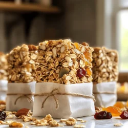 - Rolled oats: They are the main base for your bars. Oats provide heartiness and fiber. - Mixed nuts: Choose your favorites like almonds, walnuts, or pecans. Nuts add crunch and healthy fats. - Sweeteners: Use honey or maple syrup for natural sweetness. They help bind the bars together. - Nut butter options: Peanut butter or almond butter works best. Nut butter adds creaminess and flavor. - Dried fruits: Add raisins, cranberries, or apricots for a chewy texture and extra sweetness. - Seeds: Sunflower or pumpkin seeds can boost nutrition. They add crunch and healthy nutrients. - Flavorings: A dash of vanilla extract or ground cinnamon can enhance the taste. These add warmth and depth. - Calories per serving: Each bar has about 150 calories. They are filling yet light. - Macro breakdown: - Protein: Approximately 4 grams per bar. - Fats: Roughly 6 grams per bar, mostly from nuts and nut butter. - Carbs: Around 20 grams per bar, thanks to oats and sweeteners. Using these ingredients, you can create delicious and nutritious granola bars. Check out the Full Recipe for step-by-step guidance! First, preheat your oven to 350°F (175°C). This step is important for even cooking. While the oven heats, grab an 8x8 inch baking pan. Line it with parchment paper, leaving some extra paper hanging over the edges. This makes it easy to lift the bars out once they cool. In a large mixing bowl, combine the rolled oats, mixed nuts, and sunflower seeds. Stir these dry ingredients well to make sure they mix evenly. This mix is the base of your granola bars. Next, melt the honey and peanut butter together. Use a small saucepan over low heat. Stir it continuously until smooth. This takes just a few minutes. Remove it from heat and mix in the vanilla, ground cinnamon, and fine sea salt. This blend adds flavor and sweetness. Pour the warm honey-peanut butter mix over your dry ingredients. Use a spatula or wooden spoon to mix it all together. Make sure every oat and nut gets coated evenly. This is key for good texture. Transfer the mixture into your lined baking pan. Press it down firmly with the spatula, creating a snug layer. Bake in the oven for about 20-25 minutes. Keep an eye on it; you want golden edges but a chewy center. Once baked, take it out and let it cool on a wire rack for about 15 minutes. Lift the bars using the parchment paper. Allow them to cool completely. Finally, use a sharp knife to cut them into bars or squares. Store your homemade granola bars in an airtight container for freshness. Enjoy this easy and nutritious recipe from the [Full Recipe]. To make the best granola bars, press the mixture firmly into the pan. This helps the bars hold together. If you don’t press them down, they may crumble when you cut them. Use the back of a spatula or your hands to pack it tightly. Next, monitor the baking time closely. The bars should bake for about 20-25 minutes. Look for golden edges, and keep the center chewy. If they bake too long, they will become hard and dry. Remember, you want that perfect balance of crunch and chewiness. Store your granola bars in an airtight container. This keeps them fresh and prevents them from drying out. I recommend using a glass or plastic container with a tight lid. You can keep them at room temperature for up to a week. If you want them to last longer, freeze them! Wrap each bar in plastic wrap and place them in a freezer-safe bag. They will stay good for about three months in the freezer. Avoid overbaking your granola bars. Checking them a few minutes before the suggested time helps. If they look too dark, take them out. Also, don't skip measuring your ingredients. Accurate measurements ensure that the bars turn out well. Each ingredient plays a role in texture and flavor. Adjusting even one can change the outcome of your homemade granola bars. {{image_4}} You can easily mix up the flavors in your granola bars. Here are two tasty ideas: - Chocolate chip granola bars: Just add 1/2 cup of chocolate chips to the mix. They melt slightly when baked, adding a sweet touch. - Coconut and almond granola bars: Use 1/2 cup of shredded coconut and swap nuts for almonds. This gives a tropical flavor. If you have specific dietary needs, you can adjust your bars easily. - Gluten-free options: Use gluten-free oats and ensure your nut butter is also gluten-free. Many brands are safe to eat. - Vegan alternatives: Replace honey with maple syrup. This keeps your bars vegan while still sweet. No-bake granola bars are quick and easy. You can make them in just a few minutes. - Quick no-bake recipes: Combine oats, nut butter, and sweetener in a bowl. Press the mixture into a pan. Chill until set, then cut. - Differences in texture and taste: No-bake bars are softer and chewier than baked ones. They also have a more intense flavor from the nut butter. Try these variations to keep your snacks fresh and exciting! For the full recipe, check out the Crunchy Nutty Granola Bars Delight section. Enjoy your cooking! You can make your granola bars look great. Wrap each bar in parchment paper. Tie them with twine for a charming look. This way, they are easy to grab for busy days. You can also serve them with yogurt or fresh fruit. This adds more flavors and makes a tasty snack or breakfast. Think about portioning the granola bars for the week. Cut them into squares and store them in bags. This makes it easy to grab a snack when you need one. You can also pack them in lunchboxes. They are a great treat for kids and adults alike. Pair your granola bars with the right drinks. Try a glass of milk, tea, or coffee. These drinks complement the flavors well. You can also enjoy the bars with other snacks. Fresh fruit or nuts make great sides. They add variety to your snack time and keep you satisfied. If you want nut-free granola bars, you can use seeds instead. Sunflower seeds and pumpkin seeds work well. You can also add extra oats or puffed rice for crunch. These swaps keep the texture nice and add flavor without nuts. Yes! Customizing your granola bars is fun. You can change the sweeteners too. If you don't like honey, use maple syrup or agave. Add dried fruits like cranberries or apricots. You can even mix in chocolate chips or coconut flakes for a twist. Homemade granola bars can last up to a week in an airtight container. Store them in a cool, dry place. If you want them to last longer, freeze them. They keep well for up to three months in the freezer. Just wrap them tightly. If your granola bars crumble, they might not have enough binding. Make sure to use enough honey or nut butter. Press the mixture firmly into the pan before baking. You can also try adding a bit of water or more nut butter if it seems dry. You now have all the steps and tips to make great granola bars. Remember, starting with rolled oats and adding your favorite nuts and sweeteners sets the base. Mixing your dry and wet ingredients well is key. Don’t forget to press the mixture firmly for the best texture. You can easily swap ingredients to fit your taste or diet. Enjoy them as snacks or in lunchboxes. With practice, you’ll create bars you'll love and share. Happy cooking!