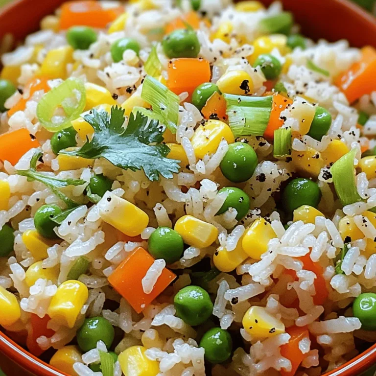 To make a great vegetable fried rice, you need a few key ingredients. Here’s what you should gather: - 2 cups cooked jasmine rice (preferably chilled for better texture) - 1 cup mixed bell peppers (red, yellow, and green), diced into small pieces - 1 cup green peas (you can use fresh or frozen) - 1 medium carrot, finely chopped - ½ cup corn kernels (can be fresh or frozen) - 3 green onions, thinly sliced, including the green tops - 3 cloves garlic, minced for a burst of flavor - 2 tablespoons soy sauce for seasoning - 1 tablespoon sesame oil for richness - 2 tablespoons vegetable oil for frying - 1 teaspoon fresh ginger, grated for warmth - Salt and pepper to taste for seasoning - Fresh cilantro or parsley, roughly chopped, for garnish Want to spice things up? You can add some optional ingredients for more flavor: - 1 tablespoon oyster sauce for depth - A splash of rice vinegar for brightness - A pinch of red pepper flakes for heat - Chopped mushrooms for extra texture - Baby spinach for added greens Choosing fresh vegetables makes a big difference. Here are some tips: - Look for vibrant colors, as they often mean better taste. - Choose firm vegetables without any soft spots. - Try to buy seasonal veggies for the best flavor and price. - Wash and dry your veggies well before using them to avoid excess water in your dish. - Cut your vegetables into uniform sizes for even cooking. Using these ingredients and tips will help you create a delicious vegetable fried rice. For the full cooking steps, check out the [Full Recipe]. First, gather all your ingredients. This makes cooking easier and faster. You will need: - 2 cups cooked jasmine rice (preferably chilled for better texture) - 1 cup mixed bell peppers (red, yellow, and green), diced into small pieces - 1 cup green peas (you can use fresh or frozen) - 1 medium carrot, finely chopped - ½ cup corn kernels (can be fresh or frozen) - 3 green onions, thinly sliced, including the green tops - 3 cloves garlic, minced for a burst of flavor - 2 tablespoons soy sauce for seasoning - 1 tablespoon sesame oil for richness - 2 tablespoons vegetable oil for frying - 1 teaspoon fresh ginger, grated for warmth - Salt and pepper to taste for seasoning - Fresh cilantro or parsley, roughly chopped, for garnish Make sure your rice is cold. This helps it fry better and not clump. You can cook the rice a day ahead and store it in the fridge. Chop all your veggies small. This helps them cook evenly. Start by heating vegetable oil in a large skillet or wok. Use medium-high heat for a good sizzle. Add minced garlic and grated ginger first. Sauté them for about 30 seconds until they smell great. Keep stirring to avoid burning. Next, toss in the diced bell peppers, chopped carrot, and corn. Cook these for about 3-4 minutes. Stir them often until they soften but still have a bit of bite. Add the green peas and cook for another 2 minutes. This keeps their bright color and taste. Now, push the veggie mix to one side of the skillet. Make a space in the middle for your rice. Add the chilled jasmine rice. Break up any clumps with a spatula. Let it cook for 2-3 minutes without stirring. This helps create a nice crisp bottom. Once the rice has a bit of color, drizzle soy sauce and sesame oil over it. Mix everything well to coat the rice and veggies. Fold in the sliced green onions next. Season with salt and pepper. Cook everything for another 2-3 minutes, stirring occasionally. Using cold rice is key. It keeps the grains separate when frying. Freshly cooked rice tends to stick together. If you don’t have day-old rice, spread the hot rice on a tray. Let it cool for about 30 minutes before using. Another tip is to fry the rice without stirring it right away. Let it sit for a bit to get that crispy texture. Lastly, always taste your dish. Adjust seasoning as needed for that perfect flavor. For a full guide, check out the Full Recipe for Vegetable Fried Rice. To get the right texture in your vegetable fried rice, start with chilled rice. Freshly cooked rice can be too sticky. The chill helps the grains stay separate. Use cooked jasmine rice for its flavor and fragrance. Make sure to fry the rice in a hot skillet. This helps it crisp up nicely. When cooking, let it sit undisturbed for a few minutes. This creates a delightful texture on the bottom. One common mistake is using too much oil. While oil adds flavor, too much can make the dish greasy. Stick to the recipe's measurements for the best taste. Another mistake is overcrowding the pan. If you add too many ingredients at once, they will steam instead of fry. Cook in batches if needed to keep the heat high and the vegetables crisp. Vegetable fried rice pairs well with many dishes. You can serve it with a side of spring rolls for a crispy bite. Pair it with a light soup, such as miso or hot and sour. For protein, consider adding tofu or grilled chicken. Both options blend well with the rice's flavors. You can also enjoy it with a simple salad for a fresh touch. This makes a complete meal that's colorful and satisfying. {{image_4}} You can easily make vegetable fried rice vegetarian or vegan. Just skip the meat. Use soy sauce to add flavor. For a vegan boost, try adding tofu. Crumbled firm tofu works well. Just sauté it until golden brown. This gives a nice texture and protein. You can also add more veggies like broccoli or spinach for extra nutrients. If you want to add protein, consider using eggs or chicken. Scramble in a couple of eggs at the end. This adds richness and taste. For chicken, cook bite-sized pieces first, then mix with the veggies. Shrimp is another great option. Just make sure to cook them until pink. They cook fast and add a nice flavor. You can switch up your grains too. Quinoa is a great alternative to rice. It cooks well and adds protein. Brown rice is another option for a nutty flavor. It takes longer to cook, but it's worth it. You can even try cauliflower rice for a low-carb option. Just be sure to sauté it lightly to keep its texture. To keep your vegetable fried rice fresh, store it right. Wait for it to cool to room temperature. Use an airtight container to hold the rice. Place it in the fridge and eat it within three to four days. This keeps the flavors intact and prevents spoilage. Reheating fried rice is simple. You can use the microwave or a skillet. For the microwave, place the rice in a bowl. Add a splash of water to keep it moist. Heat it for one to two minutes, stirring halfway. In a skillet, heat a bit of oil over medium heat. Add the rice and stir it often for about five minutes. This method brings back its tasty texture. If you want to save fried rice for later, freezing is great. Allow the rice to cool fully, then scoop it into freezer-safe bags. Flatten the bags to save space. Label them with the date. You can freeze it for up to three months. When ready to eat, thaw it overnight in the fridge. Reheat it as mentioned before. You can enjoy your vibrant vegetable fried rice anytime! For the full recipe, check out the instructions above. To make vegetable fried rice from scratch, start with cooked rice. Use jasmine rice for the best taste. Heat vegetable oil in a large pan. Add garlic and ginger, then sauté for a few seconds. Next, add your favorite chopped vegetables like bell peppers and carrots. Stir-fry until they soften. Push the veggies to the side and add the rice. Mix in soy sauce and sesame oil. Finally, fold in green onions and season with salt and pepper. You can find the Full Recipe for specific steps. Yes, day-old rice is perfect for fried rice. It has less moisture, which helps keep the grains separate. Fresh rice can be too sticky and clump together. If you have leftover rice, store it in the fridge overnight. This tip makes your fried rice better and easier to cook. You can use many vegetables for fried rice. Some great options include: - Bell peppers - Carrots - Green peas - Corn - Broccoli - Onions - Spinach Mix and match based on what you have. The more colorful, the better! Yes, vegetable fried rice can be healthy. It is packed with vitamins from the vegetables. You can control the oil and salt used, making it a smart choice. Adding a variety of veggies boosts nutrition and flavor. It's a great way to enjoy a filling meal without excess calories. To enhance the flavor of your fried rice, try these tips: - Use fresh herbs like cilantro or basil for a pop of taste. - Add a splash of lime juice for acidity. - Experiment with different sauces like teriyaki or oyster sauce. - Include protein like tofu or eggs for extra depth. These small changes can make a big difference! In this blog post, we explored how to make delicious vegetable fried rice. We covered essential ingredients, preparation steps, and key cooking techniques. I shared tips for perfect texture and common mistakes to avoid. You can also try different flavors with the variations and learn how to store leftovers. My final thought: vegetable fried rice is flexible and fun. You can easily adapt it to your taste. Enjoy making your own tasty dish!