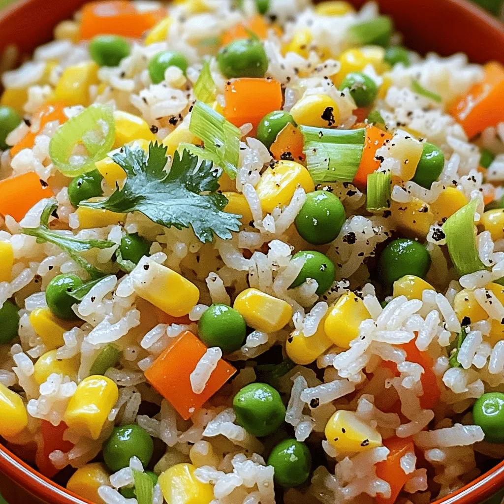 To make a great vegetable fried rice, you need a few key ingredients. Here’s what you should gather: - 2 cups cooked jasmine rice (preferably chilled for better texture) - 1 cup mixed bell peppers (red, yellow, and green), diced into small pieces - 1 cup green peas (you can use fresh or frozen) - 1 medium carrot, finely chopped - ½ cup corn kernels (can be fresh or frozen) - 3 green onions, thinly sliced, including the green tops - 3 cloves garlic, minced for a burst of flavor - 2 tablespoons soy sauce for seasoning - 1 tablespoon sesame oil for richness - 2 tablespoons vegetable oil for frying - 1 teaspoon fresh ginger, grated for warmth - Salt and pepper to taste for seasoning - Fresh cilantro or parsley, roughly chopped, for garnish Want to spice things up? You can add some optional ingredients for more flavor: - 1 tablespoon oyster sauce for depth - A splash of rice vinegar for brightness - A pinch of red pepper flakes for heat - Chopped mushrooms for extra texture - Baby spinach for added greens Choosing fresh vegetables makes a big difference. Here are some tips: - Look for vibrant colors, as they often mean better taste. - Choose firm vegetables without any soft spots. - Try to buy seasonal veggies for the best flavor and price. - Wash and dry your veggies well before using them to avoid excess water in your dish. - Cut your vegetables into uniform sizes for even cooking. Using these ingredients and tips will help you create a delicious vegetable fried rice. For the full cooking steps, check out the [Full Recipe]. First, gather all your ingredients. This makes cooking easier and faster. You will need: - 2 cups cooked jasmine rice (preferably chilled for better texture) - 1 cup mixed bell peppers (red, yellow, and green), diced into small pieces - 1 cup green peas (you can use fresh or frozen) - 1 medium carrot, finely chopped - ½ cup corn kernels (can be fresh or frozen) - 3 green onions, thinly sliced, including the green tops - 3 cloves garlic, minced for a burst of flavor - 2 tablespoons soy sauce for seasoning - 1 tablespoon sesame oil for richness - 2 tablespoons vegetable oil for frying - 1 teaspoon fresh ginger, grated for warmth - Salt and pepper to taste for seasoning - Fresh cilantro or parsley, roughly chopped, for garnish Make sure your rice is cold. This helps it fry better and not clump. You can cook the rice a day ahead and store it in the fridge. Chop all your veggies small. This helps them cook evenly. Start by heating vegetable oil in a large skillet or wok. Use medium-high heat for a good sizzle. Add minced garlic and grated ginger first. Sauté them for about 30 seconds until they smell great. Keep stirring to avoid burning. Next, toss in the diced bell peppers, chopped carrot, and corn. Cook these for about 3-4 minutes. Stir them often until they soften but still have a bit of bite. Add the green peas and cook for another 2 minutes. This keeps their bright color and taste. Now, push the veggie mix to one side of the skillet. Make a space in the middle for your rice. Add the chilled jasmine rice. Break up any clumps with a spatula. Let it cook for 2-3 minutes without stirring. This helps create a nice crisp bottom. Once the rice has a bit of color, drizzle soy sauce and sesame oil over it. Mix everything well to coat the rice and veggies. Fold in the sliced green onions next. Season with salt and pepper. Cook everything for another 2-3 minutes, stirring occasionally. Using cold rice is key. It keeps the grains separate when frying. Freshly cooked rice tends to stick together. If you don’t have day-old rice, spread the hot rice on a tray. Let it cool for about 30 minutes before using. Another tip is to fry the rice without stirring it right away. Let it sit for a bit to get that crispy texture. Lastly, always taste your dish. Adjust seasoning as needed for that perfect flavor. For a full guide, check out the Full Recipe for Vegetable Fried Rice. To get the right texture in your vegetable fried rice, start with chilled rice. Freshly cooked rice can be too sticky. The chill helps the grains stay separate. Use cooked jasmine rice for its flavor and fragrance. Make sure to fry the rice in a hot skillet. This helps it crisp up nicely. When cooking, let it sit undisturbed for a few minutes. This creates a delightful texture on the bottom. One common mistake is using too much oil. While oil adds flavor, too much can make the dish greasy. Stick to the recipe's measurements for the best taste. Another mistake is overcrowding the pan. If you add too many ingredients at once, they will steam instead of fry. Cook in batches if needed to keep the heat high and the vegetables crisp. Vegetable fried rice pairs well with many dishes. You can serve it with a side of spring rolls for a crispy bite. Pair it with a light soup, such as miso or hot and sour. For protein, consider adding tofu or grilled chicken. Both options blend well with the rice's flavors. You can also enjoy it with a simple salad for a fresh touch. This makes a complete meal that's colorful and satisfying. {{image_4}} You can easily make vegetable fried rice vegetarian or vegan. Just skip the meat. Use soy sauce to add flavor. For a vegan boost, try adding tofu. Crumbled firm tofu works well. Just sauté it until golden brown. This gives a nice texture and protein. You can also add more veggies like broccoli or spinach for extra nutrients. If you want to add protein, consider using eggs or chicken. Scramble in a couple of eggs at the end. This adds richness and taste. For chicken, cook bite-sized pieces first, then mix with the veggies. Shrimp is another great option. Just make sure to cook them until pink. They cook fast and add a nice flavor. You can switch up your grains too. Quinoa is a great alternative to rice. It cooks well and adds protein. Brown rice is another option for a nutty flavor. It takes longer to cook, but it's worth it. You can even try cauliflower rice for a low-carb option. Just be sure to sauté it lightly to keep its texture. To keep your vegetable fried rice fresh, store it right. Wait for it to cool to room temperature. Use an airtight container to hold the rice. Place it in the fridge and eat it within three to four days. This keeps the flavors intact and prevents spoilage. Reheating fried rice is simple. You can use the microwave or a skillet. For the microwave, place the rice in a bowl. Add a splash of water to keep it moist. Heat it for one to two minutes, stirring halfway. In a skillet, heat a bit of oil over medium heat. Add the rice and stir it often for about five minutes. This method brings back its tasty texture. If you want to save fried rice for later, freezing is great. Allow the rice to cool fully, then scoop it into freezer-safe bags. Flatten the bags to save space. Label them with the date. You can freeze it for up to three months. When ready to eat, thaw it overnight in the fridge. Reheat it as mentioned before. You can enjoy your vibrant vegetable fried rice anytime! For the full recipe, check out the instructions above. To make vegetable fried rice from scratch, start with cooked rice. Use jasmine rice for the best taste. Heat vegetable oil in a large pan. Add garlic and ginger, then sauté for a few seconds. Next, add your favorite chopped vegetables like bell peppers and carrots. Stir-fry until they soften. Push the veggies to the side and add the rice. Mix in soy sauce and sesame oil. Finally, fold in green onions and season with salt and pepper. You can find the Full Recipe for specific steps. Yes, day-old rice is perfect for fried rice. It has less moisture, which helps keep the grains separate. Fresh rice can be too sticky and clump together. If you have leftover rice, store it in the fridge overnight. This tip makes your fried rice better and easier to cook. You can use many vegetables for fried rice. Some great options include: - Bell peppers - Carrots - Green peas - Corn - Broccoli - Onions - Spinach Mix and match based on what you have. The more colorful, the better! Yes, vegetable fried rice can be healthy. It is packed with vitamins from the vegetables. You can control the oil and salt used, making it a smart choice. Adding a variety of veggies boosts nutrition and flavor. It's a great way to enjoy a filling meal without excess calories. To enhance the flavor of your fried rice, try these tips: - Use fresh herbs like cilantro or basil for a pop of taste. - Add a splash of lime juice for acidity. - Experiment with different sauces like teriyaki or oyster sauce. - Include protein like tofu or eggs for extra depth. These small changes can make a big difference! In this blog post, we explored how to make delicious vegetable fried rice. We covered essential ingredients, preparation steps, and key cooking techniques. I shared tips for perfect texture and common mistakes to avoid. You can also try different flavors with the variations and learn how to store leftovers. My final thought: vegetable fried rice is flexible and fun. You can easily adapt it to your taste. Enjoy making your own tasty dish!