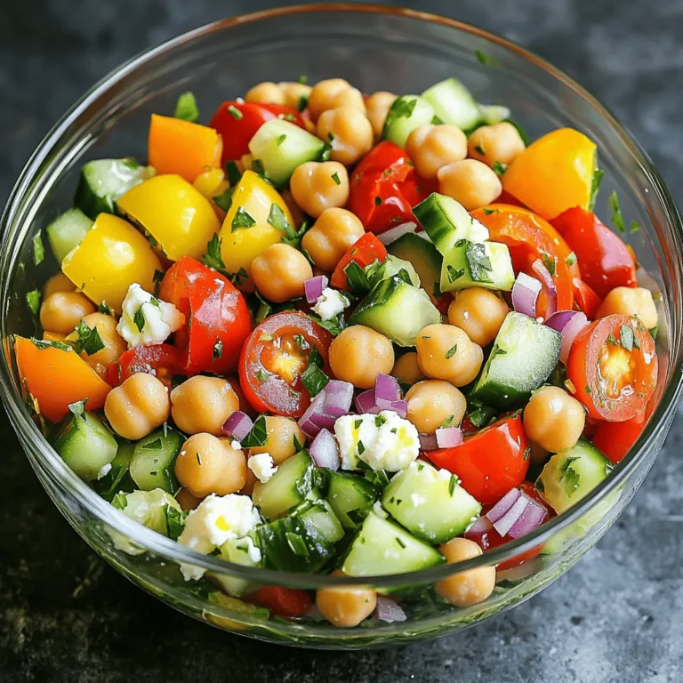 When making Mediterranean Chickpea Salad, choose fresh and vibrant ingredients for the best flavor. Here’s what you’ll need: - 1 can (15 oz) chickpeas, drained and thoroughly rinsed under cold water - 1 cup cherry tomatoes, halved for a burst of sweetness - 1 medium cucumber, diced into bite-sized pieces - 1 bell pepper (red or yellow), diced into colorful chunks - 1/4 of a red onion, finely chopped for a hint of sharpness - 1/2 cup kalamata olives, pitted and sliced for a briny kick - 1/4 cup fresh parsley, finely chopped for a fresh aroma - 1/4 cup feta cheese, crumbled (optional, for a creamy touch) - 3 tablespoons extra virgin olive oil for richness - 2 tablespoons freshly squeezed lemon juice for brightness - 1 teaspoon dried oregano to enhance the Mediterranean flavor - Sea salt and freshly ground black pepper to taste This salad shines with its mix of textures and flavors. The chickpeas give a nice base, while the veggies add crunch and color. Using fresh herbs like parsley makes the dish smell great. If you love cheese, feta brings a creamy touch that many enjoy. For a complete guide on how to prepare this salad, check the Full Recipe. - Rinse and drain chickpeas: Start by rinsing one can of chickpeas under cold water. Drain them well. This keeps your salad fresh and clean. - Dice and chop vegetables: Next, chop your vegetables. Cut one cup of cherry tomatoes in half. Dice one medium cucumber into bite-sized pieces. Chop one bell pepper into colorful chunks. Finally, finely chop a quarter of a red onion. - Combine ingredients in a large bowl: In a large mixing bowl, add the rinsed chickpeas, halved tomatoes, diced cucumber, colorful bell pepper, and red onion. Toss these ingredients gently to mix them well. - Prepare and add dressing: In a small bowl, whisk together three tablespoons of extra virgin olive oil, two tablespoons of lemon juice, and one teaspoon of dried oregano. Add a pinch of sea salt and black pepper. Pour this dressing over your salad mixture and toss everything together. - Adjust seasoning and incorporate feta: Taste your salad. If needed, add more salt, pepper, or lemon juice. If you want to include feta, sprinkle a quarter cup of crumbled feta cheese on top. Gently mix to combine. - Allow resting time for flavor enhancement: Let the salad sit for about 10 to 15 minutes at room temperature. This resting time allows the flavors to blend, making your Mediterranean Chickpea Salad even more tasty. To make your Mediterranean Chickpea Salad shine, serve it in a large, shallow bowl. This lets the vibrant colors show. You can also use individual dishes for a fun touch. For a garnish, add parsley sprigs or a sprinkle of feta cheese on top. This salad pairs well with warm pita bread or grilled meats. The flavors blend perfectly. You can prepare this salad in advance. Mix all the ingredients and store them in the fridge. The flavors will blend together as it sits. Just hold off on adding the feta until serving. This keeps it fresh and creamy. Aim to make it a few hours before serving for the best taste. Want to boost the flavor? Try adding fresh herbs like basil or mint. They bring a nice, refreshing taste. You can also sprinkle in some red pepper flakes for a spicy kick. If you like a tangy twist, consider adding capers or a splash of balsamic vinegar. Each addition can make your salad unique and exciting. For the full recipe, refer to the Full Recipe section above. {{image_4}} You can switch out chickpeas for other beans, like black beans or white beans. They add a nice texture and flavor. If you don’t like olives, try sun-dried tomatoes or capers. Both bring a briny kick to the salad. You can also skip the cheese. Instead, use avocado for creaminess. When choosing vegetables, think about what is in season. In the summer, add zucchini or radishes. In the fall, try roasted butternut squash. Seasonal veggies make the dish fresh and vibrant. The dressing can change the whole vibe of the salad. Instead of olive oil and lemon juice, use balsamic vinegar for a tangy twist. You can mix in some Dijon mustard for a bit of spice. You can also adjust the flavors based on what you like. If you want more heat, add a pinch of red pepper flakes. For a sweet touch, drizzle in some honey. The dressing should reflect your taste, so feel free to experiment. Check out the Full Recipe for more ideas! To keep your Mediterranean Chickpea Salad fresh, store it in an airtight container. Place it in the fridge right after serving. This will help maintain its flavor and crunch. Make sure to eat the salad within a few days for the best taste. If you notice any sogginess, give it a quick stir before serving again. When stored properly, Mediterranean Chickpea Salad stays fresh for about 3 to 5 days in the fridge. After that, the veggies may start to lose their crispness. If you see any signs of spoilage, it's best to toss it out. Always use your senses to check for freshness—look for changes in color or smell. I don't recommend freezing chickpea salad. Freezing can change the texture of the vegetables. However, if you really want to freeze it, do so without the dressing. This way, you can add fresh dressing when you thaw it. Thaw in the fridge overnight before serving. Yes, you can use dried chickpeas. First, soak them overnight in water. This helps them soften. After soaking, drain and rinse them. Then, cook the chickpeas in boiling water for about 1 to 1.5 hours until tender. This way, you have fresh chickpeas for your salad. Yes, Mediterranean Chickpea Salad can be vegan-friendly. Just skip the feta cheese. You can add extra olives or nuts for creaminess. Always check labels for hidden dairy in dressings. This keeps your salad fully plant-based. You can add several protein sources. Try diced grilled chicken or shrimp for a meat option. If you want plant-based proteins, use quinoa or hemp seeds. Adding nuts like almonds or walnuts gives a nice crunch too. This salad pairs well with many dishes. Serve it with warm pita bread for a tasty meal. Grilled chicken or fish also work great. You can enjoy it alongside a soup for a balanced meal. This keeps every bite fresh and exciting. For the full recipe, check out Mediterranean Chickpea Salad Extravaganza. Mediterranean Chickpea Salad is a vibrant dish full of fresh ingredients. You learned to prepare this salad step-by-step, from rinsing chickpeas to mixing in flavorful herbs. I shared serving tips and ways to make it ahead for busy days. You can customize every part, from ingredients to dressings. Don’t forget about proper storage to keep leftovers fresh. With this guide, you’ll enjoy delicious, healthy meals anytime. Dive into the fresh flavors, and make this salad your own!