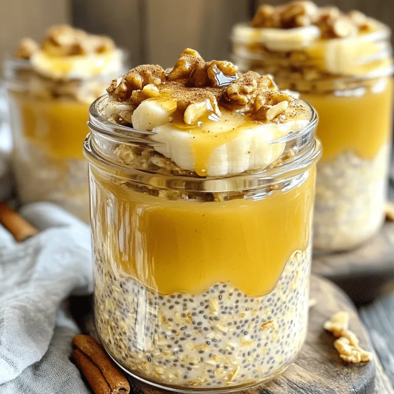 To make the best banana bread overnight oats, you need a few key ingredients. Here’s what to gather: - 1 cup rolled oats - 1 ripe banana, mashed - 1 cup almond milk (or any milk of your choice) - 1 tablespoon chia seeds - 1 teaspoon vanilla extract - 1 teaspoon ground cinnamon - 1 tablespoon maple syrup (optional, for added sweetness) - 2 tablespoons chopped walnuts (or pecans) - A pinch of salt These ingredients create a creamy and tasty blend that tastes just like banana bread. The oats soak up the milk and flavors overnight, making them soft and delicious. You can customize your oats with some fun add-ins. Here are a few ideas to enhance flavor and texture: - A handful of dried fruit, like raisins or cranberries - A scoop of nut butter, such as almond or peanut - A sprinkle of cocoa powder for a chocolate twist - Fresh berries for a refreshing touch - A scoop of protein powder for an energy boost Feel free to mix and match based on what you like. These options make your breakfast even more exciting! If you don’t have all the ingredients, don’t worry. Here are some easy swaps: - Use quick oats instead of rolled oats for a softer texture. - Replace almond milk with cow's milk, soy milk, or oat milk. - Swap chia seeds for flaxseeds if you prefer. - Substitute maple syrup with honey or agave syrup. - Use pecans instead of walnuts for a different nutty flavor. These substitutions will keep your oats delicious while using what you have on hand. Enjoy experimenting! For the full recipe, check the link. To make banana bread overnight oats, you need just a few simple steps. First, gather all your ingredients. This makes the process smooth and easy. You will mix everything in one bowl, so keep it simple. Then, let the mixture sit overnight in the fridge. This allows the oats to soak and soften. 1. Start by mashing one ripe banana in a medium bowl. Use a fork until it is nice and smooth. 2. Add 1 cup of rolled oats and 1 cup of almond milk to the bowl. Stir gently so the oats get well coated with the banana. 3. Next, mix in 1 tablespoon of chia seeds, 1 teaspoon of vanilla extract, and 1 teaspoon of ground cinnamon. If you like it sweeter, add 1 tablespoon of maple syrup. Don’t forget a pinch of salt! 4. Fold in 2 tablespoons of chopped walnuts. This gives your oats a nice crunch. 5. Divide the mixture into two airtight jars. Make sure they are sealed tight for freshness. 6. Cover the jars and place them in the fridge overnight. Let them sit for at least 4-5 hours. 7. In the morning, take the jars out and stir the oats well. If they seem too thick, add a splash of almond milk. 8. For a pretty presentation, top the oats with extra banana slices, a sprinkle of cinnamon, and more walnuts. Serve your banana bread overnight oats in clear jars. This way, you can show off the nice layers. Garnish with fresh banana slices and a sprinkle of cinnamon. This not only looks good but also tastes great. Enjoy your healthy and tasty breakfast! You can find the full recipe [here]. To get the best texture for your banana bread overnight oats, you need to soak them well. Use rolled oats; they absorb liquid and get creamy. Make sure to mash the banana until smooth. This helps mix the flavors evenly. Chia seeds also help thicken the mix while adding a nice crunch. If you want a creamier texture, add more almond milk before serving. Store your overnight oats in airtight jars. This keeps them fresh and tasty. Make sure the lids are sealed tightly. They last well in the fridge for up to five days. If you want to prep ahead, make a few jars at once. You can enjoy them for breakfast all week long! A few common mistakes can ruin your oats. Don’t skip the chia seeds; they help with texture. Avoid using quick oats; they won’t soak properly. If your mixture looks too dry, add more milk. Remember to stir well before serving. This ensures all the flavors are mixed nicely. Lastly, don't forget to taste! Adjust sweetness with maple syrup if needed. For the full recipe, check out the detailed instructions above! {{image_4}} You can easily make nut-free banana bread overnight oats. Just skip the walnuts or pecans. Instead, try using seeds like sunflower or pumpkin seeds. They add crunch and nutrition without nuts. You can also add extra banana or a sprinkle of coconut flakes for more flavor. For a dairy-free and vegan option, choose almond milk or any plant-based milk. My favorite is oat milk for its creaminess. You can also use maple syrup instead of honey for sweetness. This way, everyone can enjoy this tasty breakfast treat. Get creative with flavors! You can add a tablespoon of cocoa powder for a chocolate twist. Or try mixing in a spoonful of peanut butter for richness. Even a dash of nutmeg can enhance the banana flavor. You can also top your oats with fresh berries or sliced apples for added sweetness. These variations make banana bread overnight oats fun and unique. With just a few tweaks, you can enjoy this dish a new way every time. For the complete recipe, check here: [Full Recipe]. You can keep your banana bread overnight oats in the fridge for up to five days. They stay fresh and tasty, so don’t worry if you make extra. Store them in airtight jars to lock in flavor and moisture. If you want to keep them longer, freeze the oats. Pour the mixture into freezer-safe containers or jars. They will last up to three months. When you want to eat them, just thaw them overnight in the fridge. To enjoy your oats warm, microwave them for about 30 seconds. Stir well and add a splash of almond milk for creaminess. You can also enjoy them cold straight from the fridge. Top with banana slices, cinnamon, or nuts for extra flavor. For a special touch, try adding a drizzle of maple syrup just before serving. Rolled oats are the best for overnight oats. They soak up liquid well and become soft. Quick oats can work too, but they may get mushy. Steel-cut oats don’t absorb liquid as well and stay chewy. Yes, you can use any milk you like. Almond milk, soy milk, or oat milk all work great. If you prefer dairy, regular milk is also fine. The choice of milk can change the flavor but keeps it creamy. To make overnight oats without chia seeds, simply leave them out. You can add extra oats or a spoonful of yogurt for creaminess. The recipe will still taste great even without the chia seeds. Absolutely! You can make banana bread overnight oats ahead of time. Prepare them up to five days in advance. Just store them in the fridge in airtight jars, ready to grab in the morning. Banana bread overnight oats offer many health benefits. They provide fiber from oats and bananas, which helps digestion. Oats also supply energy and keep you full longer. Nuts add healthy fats and protein, making this a balanced meal. Banana bread overnight oats are simple to make and full of flavor. We discussed key ingredients, optional additions, and even substitutions. You learned step-by-step instructions for preparing and serving. Tips helped you avoid common mistakes and achieve the best texture. Variations allow for nut-free or dairy-free options, making this dish versatile. Remember to store them correctly for lasting freshness. Enjoy your tasty, healthy creation, and feel free to explore new flavors!