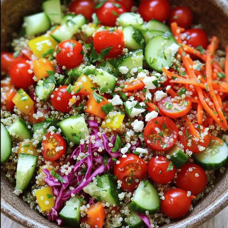 To make the Rainbow Veggie Quinoa Salad, gather these fresh ingredients: - 1 cup quinoa, thoroughly rinsed and drained - 2 cups vegetable broth (or water) for extra flavor - 1 cup cherry tomatoes, halved - 1 cup cucumber, diced into bite-sized pieces - 1 bell pepper (choose your favorite color), diced - 1 cup shredded carrots, vibrant and sweet - 1/2 cup red cabbage, thinly sliced for crunch - 1/4 cup fresh parsley, finely chopped for freshness - 1/4 cup feta cheese, crumbled (optional for a vegan-friendly dish) - 1/4 cup extra virgin olive oil - 3 tablespoons freshly squeezed lemon juice - 1 teaspoon garlic powder for a depth of flavor - Salt and pepper to taste Each ingredient adds its own health boost to this salad. Quinoa is high in protein and fiber. It keeps you full and energized. The colorful veggies provide vitamins and minerals. Cherry tomatoes are rich in antioxidants. Cucumbers keep you hydrated and refresh your palate. Carrots give you beta-carotene, good for your eyes. Red cabbage offers fiber and supports digestion. Olive oil provides healthy fats, while lemon juice adds vitamin C. Feta cheese, if used, gives calcium. Overall, this salad is a powerhouse of nutrition. When selecting veggies, focus on color and freshness. Look for bright colors, which often mean better flavor. Choose firm cucumbers and plump cherry tomatoes. Avoid any that are soft or bruised. For bell peppers, check for shiny skin and no blemishes. Shredded carrots should be bright orange and crisp. Red cabbage should feel heavy for its size. Always smell the parsley; it should smell fresh and green. Buying seasonal produce often ensures the best quality. To start, grab a medium saucepan. Pour in 2 cups of vegetable broth or water. Heat it on medium-high until it boils. When it bubbles, add 1 cup of rinsed quinoa. Lower the heat and cover the pot. Let it simmer for 15 to 20 minutes. The quinoa will absorb the liquid and become fluffy. Once done, take it off the heat and let it cool for about 5 minutes. This will give you the perfect base for your salad. While the quinoa cooks, you can prep the veggies. In a large mixing bowl, combine 1 cup of halved cherry tomatoes, 1 cup of diced cucumber, and 1 diced bell pepper. Add in 1 cup of shredded carrots and 1/2 cup of thinly sliced red cabbage. Lastly, toss in 1/4 cup of finely chopped parsley. Stir gently to mix everything well. Once the quinoa cools, add it to the veggie mix. This colorful mix looks and tastes amazing! Now, let’s make the dressing. In a small bowl, whisk together 1/4 cup of extra virgin olive oil and 3 tablespoons of freshly squeezed lemon juice. Add in 1 teaspoon of garlic powder, plus a pinch of salt and pepper. This dressing adds a zesty kick to your salad. Drizzle it over the quinoa and veggie mix. Toss gently to coat all ingredients well. Adjust the seasoning as needed. If you like, fold in 1/4 cup of crumbled feta cheese for a creamy touch. For the best flavor, cover the salad and chill for about 30 minutes. You can also serve it right away if you can’t wait! For the full recipe, check out the [Full Recipe]. When making your rainbow veggie quinoa salad, avoid these common mistakes: - Overcooking quinoa. It should be fluffy, not mushy. - Not rinsing quinoa. This removes a bitter coating called saponin. - Skipping the dressing. It adds flavor and ties all ingredients together. - Using stale vegetables. Fresh veggies keep the salad vibrant and tasty. To take your salad up a notch, try these tips: - Add herbs. Fresh herbs like basil or mint can brighten flavors. - Use lemon zest. Grating lemon peel adds a fresh zing. - Incorporate spices. A pinch of cumin or smoked paprika can add depth. - Experiment with nuts. Toasted nuts add crunch and healthy fats. Make your salad look as good as it tastes: - Use a large, colorful bowl. It showcases the vibrant ingredients. - Layer ingredients. Create a rainbow effect by layering veggies. - Garnish wisely. Top with parsley sprigs or lemon slices for flair. - Serve chilled. Chilling enhances the flavors and freshness. For the Full Recipe, check the earlier sections. {{image_4}} You can change up the Rainbow Veggie Quinoa Salad with your favorite veggies. Try adding broccoli florets or sweet corn for extra sweetness. Zucchini works well too; just chop it into bite-sized pieces. You can also swap in radishes for a peppery kick. The goal is to keep it colorful and fun! To make your salad heartier, consider adding proteins. Chickpeas are a great choice and add a nice crunch. You can also add black beans or grilled chicken. If you want a seafood twist, shrimp or tuna are tasty options. Just combine them into the salad before serving. This salad is naturally vegan and gluten-free, but you can make it even more so. If you want more flavor, use a vegan cheese instead of feta. Quinoa is already gluten-free, so you are set there! You can also add nuts, like almonds or walnuts, for added texture and protein. Just make sure to check that any added ingredients are gluten-free. For the full recipe, check out the main article! To keep your Rainbow Veggie Quinoa Salad fresh, store it in an airtight container. This helps prevent any odors from your fridge from mingling with your salad. Make sure to cool the salad to room temperature before sealing it up. This avoids extra moisture build-up and keeps your veggies crisp. Enjoy your salad within three days for the best taste and texture. Place your salad in the fridge at a temperature below 40°F (4°C). This keeps bacteria at bay and maintains freshness. If you have added feta cheese, eat the salad sooner. Cheese can spoil faster. Remember, the longer it sits, the more flavors can change. Freezing this salad is not ideal. The texture of the veggies changes when thawed. If you must freeze, try only freezing the quinoa. Cooked quinoa freezes well. Use a freezer-safe container, and it can last for up to three months. When ready to eat, thaw in the fridge overnight, then mix it back with fresh veggies. For a burst of color and flavor, always add fresh veggies to thawed quinoa before serving. For the full recipe, check out the detailed instructions above. The salad lasts for about 3 to 5 days in the fridge. Store it in an airtight container to keep it fresh. The veggies stay crisp, and the quinoa holds its texture well. Just remember that the longer it sits, the softer the veggies become. Yes, you can meal prep this salad! Make it one to three days ahead. Keep the dressing separate until you're ready to eat. This keeps the salad fresh and crunchy. When you are ready, just mix it all together and enjoy a quick, healthy meal. If you want to change up the dressing, try these options: - Balsamic vinaigrette for a sweet tang - Tahini dressing for a creamy texture - Avocado dressing for a healthy twist - Yogurt-based dressing for a cool flavor Feel free to experiment with different flavors to find your favorite! For the full recipe, check out the detailed steps above. In this blog post, we explored essential ingredients for a healthy salad, along with cooking tips. You learned how to cook quinoa and mix all salad elements perfectly. We also covered common mistakes and expert tips to enhance flavor. Variations let you customize with proteins or different vegetables. Finally, we discussed storage methods for leftovers and answered your key questions. Embrace these techniques, and you will make salads that taste great and nourish your body. Enjoy your healthy journey!