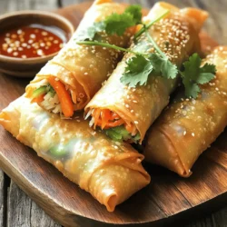 For these spring rolls, fresh veggies are key. They give flavor and crunch. Use these ingredients: - 1 cup cabbage, finely shredded - 1 medium carrot, julienned - 1 bell pepper (any color), sliced thin - 1 cup bean sprouts - 1 green onion, finely chopped We need some strong flavors to make our rolls pop. These add depth and warmth: - 2 cloves garlic, minced - 1 teaspoon ginger, freshly grated - 2 tablespoons soy sauce - 1 teaspoon sesame oil - Salt and pepper to taste The right wrappers hold everything together. Here’s what you need: - 20 spring roll wrappers - Oil for frying - Additional seasoning You can find the full recipe in the article. This mix of fresh veggies and tasty spices makes these spring rolls a perfect treat. They are fun to make and even better to eat! Start by mixing your veggies. In a big bowl, combine: - 1 cup cabbage, finely shredded - 1 medium carrot, julienned - 1 bell pepper, sliced thin - 1 cup bean sprouts - 1 green onion, finely chopped Mix them well. This step ensures all flavors blend nicely. Next, heat a skillet over medium heat. Add a little oil. When the oil is hot, toss in: - 2 cloves garlic, minced - 1 teaspoon ginger, freshly grated Sauté these for about one minute. You want them fragrant but not brown. Now, add your mixed vegetables to the skillet. Stir-fry for 3-4 minutes. The goal is to soft them up while keeping some crunch. Pour in: - 2 tablespoons soy sauce - 1 teaspoon sesame oil Toss everything together. Add salt and pepper to taste. Once mixed, take the skillet off the heat. Let the filling cool for a few minutes. This step helps with rolling later. Now, let’s roll the spring rolls! Lay a spring roll wrapper on a clean surface. Position one corner facing you. Grab about 2-3 tablespoons of the veggie filling. Place it near the corner closest to you. Fold the bottom corner over the filling. Tuck in the side corners. Now, roll the wrapper away from you. Keep it snug but not too tight. To seal the roll, use a dab of water on the top edge. Repeat this with the rest of the wrappers and filling until done. Ready to cook? Heat oil in a deep frying pan to 350°F (175°C). Carefully place the spring rolls in batches into the hot oil. Fry them for about 4-5 minutes. They should turn a nice golden-brown color. Turn them occasionally for even cooking. When they are crispy, use a slotted spoon to take them out. Place them on paper towels to soak up extra oil. Serve them hot and enjoy! For the full recipe, check the complete instructions. To get crispy veggie spring rolls, oil temperature matters. Heat your oil to 350°F (175°C). This is hot enough to fry the rolls quickly, creating a golden crust. Fry in small batches to avoid lowering the oil temperature. Each batch should cook for about 4-5 minutes. Turn them occasionally to brown evenly. This method keeps the inside tender and the outside crispy. One common mistake is overfilling the spring rolls. This can lead to tearing and soggy wrappers. Use only 2-3 tablespoons of filling per roll. Make sure to seal them well with water to prevent leaks. Another pitfall is using wet wrappers. Always dry your wrappers before filling. This helps them stay crispy during frying. To serve your crispy rolls, arrange them on a decorative platter. You can pair them with sweet chili sauce or soy sauce for dipping. For a pop of color, sprinkle sesame seeds on top. Fresh cilantro adds flavor and beauty. These details make your dish stand out. Enjoy the visual appeal as much as the taste! {{image_4}} You can easily change the filling in your spring rolls. Tofu, mushrooms, or zucchini all work great. - Tofu: Firm tofu adds a nice texture. Press and cube it, then sauté it with your veggies. - Mushrooms: Use shiitake or button mushrooms for a rich flavor. Slice them thin and cook until soft. - Zucchini: Spiralized or julienned zucchini gives a fresh crunch. Just be careful not to overcook it. These options let you customize your spring rolls based on what you like or have on hand. You can adapt this recipe for different diets. It can be vegan, gluten-free, or low-carb. - Vegan: This recipe is already vegan-friendly. Just make sure to use plant-based sauces. - Gluten-Free: Use rice paper wrappers instead of traditional wheat-based ones. They are easy to find at most stores. - Low-Carb: Substitute vegetables for wrappers. Lettuce leaves can serve as a fresh wrap, keeping things light. Making these changes helps you enjoy spring rolls no matter your diet. Dipping sauces can enhance your spring roll experience. Here are some tasty options: - Sweet Chili Sauce: This sauce adds a sweet and spicy kick. It pairs well with the veggies. - Soy Sauce: A classic choice, soy sauce adds saltiness and depth. - Peanut Sauce: Creamy and nutty, this sauce makes a fun dip. - Sriracha: For those who love heat, a drizzle of Sriracha can spice things up. Offering a variety of sauces makes your meal more fun and flavorful. After you make your crispy veggie spring rolls, store any leftovers properly. Place them in an airtight container. This helps keep them fresh. If you want to store them longer, freeze them. Wrap each spring roll in plastic wrap, then place them in a freezer bag. This way, they won’t stick together. To reheat your spring rolls, use an oven or an air fryer. Preheat your oven to 375°F (190°C). Place the spring rolls on a baking sheet. Heat for about 10-15 minutes. This method keeps them crispy. If you use an air fryer, set it to 350°F (175°C) and heat for about 5-7 minutes. Both methods make them crispy again. Crispy veggie spring rolls last about 3-4 days in the fridge. If you freeze them, they can last up to 2 months. Just remember, the sooner you eat them, the better they will taste! For the full recipe, check the earlier section to recreate this delicious treat. To make spring rolls crispy, start by using the right oil. Heat oil to 350°F (175°C). Use a deep-frying pan for best results. Fry in small batches to avoid crowding. This keeps the oil hot. Fry for about 4-5 minutes. Make sure they turn golden brown. Drain on paper towels to remove excess oil. Yes, you can bake spring rolls! Preheat your oven to 425°F (220°C). Place the rolls on a baking sheet lined with parchment paper. Brush them lightly with oil. Bake for 15-20 minutes, turning halfway. They won’t be as crispy as fried ones, but they will still taste great. For dipping sauces, I recommend sweet chili sauce or soy sauce. Both add a nice flavor. You can also try peanut sauce for a creamy twist. A spicy sriracha mayo works well too. Each sauce adds a fun taste to your spring rolls. For more ideas, check out the Full Recipe. Crispy veggie spring rolls are fun to make and delicious to eat. We covered fresh veggies, flavor boosters, and cooking techniques. I shared tips on achieving the perfect crunch and ideas for storage. Remember to try new fillings and sauces for variety. With practice, you’ll make spring rolls that everyone loves. Enjoy your cooking journey, and don’t shy away from experimenting!