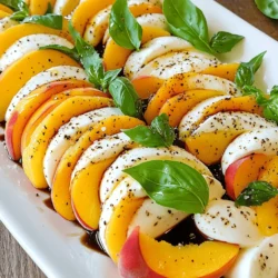 To make a Peach Caprese Salad, you need some fresh and tasty ingredients. Here’s what you will need: - 3 ripe peaches, sliced into wedges - 8 ounces fresh mozzarella cheese, sliced - 1 cup fresh basil leaves, whole - 2 tablespoons balsamic glaze - 2 tablespoons extra virgin olive oil - Salt, to taste - Freshly cracked black pepper, to taste These simple ingredients create a burst of flavor. The juicy peaches mix well with creamy mozzarella. Fresh basil adds a nice touch. You can add other tasty items to the salad to make it your own. Here are some fun options: - Cherry tomatoes, halved - Avocado, sliced - Nuts, like walnuts or pistachios - Prosciutto or crispy bacon These add-ins bring new flavors and textures. Try them out for a twist on the classic recipe. Seasonings can enhance the dish and make it even better. Here are some great options to consider: - A pinch of sea salt - Freshly cracked black pepper - A drizzle of honey for sweetness - Zest from a lemon or lime Using these seasonings can elevate the salad. They balance the sweetness of the peaches and the creaminess of the cheese. You can find the full recipe for this delightful salad to guide you through the steps. To start, wash your peaches under cold water. Take your time to remove any dirt. Next, cut each peach in half and take out the pit. Slice each half into wedges. Aim for about eight slices from each peach. Now, grab your fresh mozzarella cheese. Slice it into rounds that are about half an inch thick. You want them to match the size of your peach slices. Finally, rinse your fresh basil leaves. Pat them dry gently with a towel. On a large, flat platter, arrange the peach wedges. You can create a circular or linear design. Let them slightly overlap for a cozy look. Next, place the mozzarella slices next to the peaches. Overlap these too, following the shape of the peaches. Now, it’s time for the basil. Tuck the whole basil leaves between the peaches and mozzarella. This adds both flavor and a pop of green. It looks beautiful and tastes great! Drizzle the extra virgin olive oil and balsamic glaze over the salad. Make sure every piece gets some. This adds depth to the flavors. Then, sprinkle a light dash of salt and some freshly cracked black pepper on top. Let your salad rest for about five minutes. This helps the flavors blend together. The Peach Caprese Salad is now ready for you to enjoy! For the full recipe, check the previous section. Choose ripe peaches for the best flavor. Look for peaches that are slightly soft but not mushy. They should have a sweet aroma. If they are hard, give them time to ripen at room temperature. You can speed up ripening by placing them in a paper bag. Once ripe, store them in the fridge if you need to keep them longer. Presentation makes your salad shine! Use a large, white platter to show off the vibrant colors of the peaches and basil. Arrange the peach wedges and mozzarella slices in a circle or a nice line. Tuck fresh basil leaves among them for a pop of green. Drizzle the balsamic glaze and olive oil artfully over the top. Add extra basil leaves and some drops of balsamic glaze around the edges for a fancy touch. Serve your Peach Caprese Salad as a refreshing starter or a light lunch. It pairs well with grilled meats, fish, or even crusty bread. For a fun twist, add prosciutto for extra flavor. If you're going to a picnic, pack it in a cooler to keep it fresh. Let it sit for a few minutes at room temperature before serving to let the flavors blend. For the full recipe, check out the detailed instructions above. {{image_4}} You can boost your Peach Caprese salad with protein. Grilled chicken or shrimp adds great flavor. Slice the chicken thin and layer it with the peaches and mozzarella. If you want a seafood twist, try adding shrimp tossed in lemon juice. Both options make the dish hearty and satisfying. Many cuisines inspire fun twists on this classic. For a Mediterranean touch, add olives and capers. This gives the salad a salty bite. If you want a Mexican flair, add sliced jalapeños and fresh cilantro. This combination brings heat and freshness to the dish. While balsamic glaze is a classic, feel free to switch it up. A lemon vinaigrette brightens the flavors. Mix lemon juice, olive oil, and a pinch of salt for a zesty dressing. You can also try a pesto drizzle for an herby kick. Each dressing gives your salad a unique taste. After enjoying your Peach Caprese Salad, store leftovers in an airtight container. This keeps the salad fresh for about two days. If you have leftover mozzarella or peaches, wrap them separately to avoid sogginess. To keep your salad fresh, avoid mixing the ingredients until you are ready to serve. Store basil leaves in a glass of water like a bouquet. This helps them stay vibrant and crisp. Keep the balsamic glaze and olive oil in small containers to add right before eating. You do not need to reheat your Peach Caprese Salad, as it tastes best cold. If you prefer a warm dish, try grilling the peaches lightly. This adds a nice smokiness while still keeping the salad fresh and delicious. For the full recipe, check out the detailed instructions above! Yes, you can use canned peaches. However, fresh peaches taste best. Canned peaches can be softer and sweeter. Look for those in juice or water for less sugar. Drain them well before adding to the salad. This way, you avoid excess liquid in your dish. Fresh mozzarella is the classic choice for a Caprese salad. Its soft texture and mild flavor perfectly balance the sweet peaches. You can also try burrata for a creamier twist. Goat cheese gives a tangy touch that pairs well with peaches too. To make a vegan Peach Caprese salad, skip the cheese. Use avocado slices instead for creaminess. You can also try marinated tofu or cashew cheese for flavor. The rest of the ingredients remain the same, keeping it fresh and delicious. For the complete recipe, see the Full Recipe section above. This blog covered how to make a Peach Caprese Salad. We discussed fresh ingredients, tips for prep, and easy assembly. I shared ways to enhance your salad's look and flavor, plus how to store it well. There are also fun variations to try, like adding protein or new dressings. Remember, using ripe peaches is key. Enjoy making this salad, and feel free to explore your own twists!