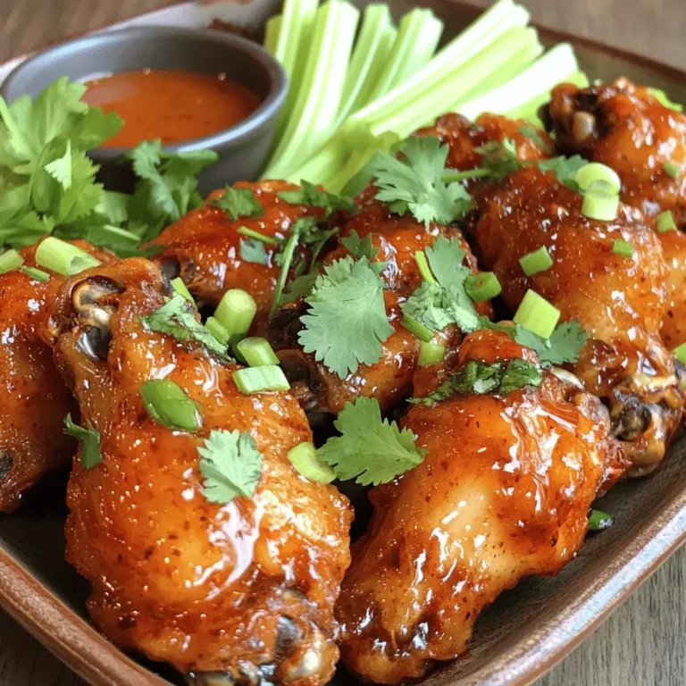- 2 pounds chicken wings - 2 tablespoons extra virgin olive oil - 1/2 cup raw honey - 1/4 cup your preferred hot sauce - 1 teaspoon fine sea salt - 1 teaspoon freshly ground black pepper - 1 teaspoon garlic powder - 1 teaspoon smoked paprika - 1/2 teaspoon cayenne pepper (optional) - Fresh cilantro leaves - Sliced green onions Gathering fresh ingredients is key to making sweet and spicy chicken wings. Start with chicken wings; they are the star of the dish. Use olive oil to help the spices stick. Honey brings sweetness, while hot sauce adds heat. You can adjust the hot sauce to match your spice level. Seasonings are just as important. Sea salt and black pepper add basic flavor. Garlic powder gives a nice kick, and smoked paprika adds a rich, smoky taste. If you like heat, add cayenne pepper for an extra punch. For garnish, fresh cilantro and sliced green onions brighten up the dish. They add color and flavor, making your wings even more appealing. This combination of ingredients makes every bite exciting and delicious. Check out the Full Recipe for all the details on how to create these wings! - Preheat the Oven Set your oven to 400°F (200°C). This high heat helps get crispy wings. - Prepare the Baking Sheet Line a large baking sheet with foil. Place a wire rack on top. This allows air to circulate. - Coat with Olive Oil and Seasonings In a bowl, add chicken wings, olive oil, sea salt, and black pepper. Mix until all wings get a nice coating. - Arrange on the Rack Spread the wings in a single layer on the wire rack. This keeps them from sticking together. - Bake Until Crispy Place the baking sheet in the oven. Bake the wings for 40-45 minutes until they are golden brown. - Flip Halfway Through At the 20-minute mark, flip the wings. This helps them cook evenly and get crispy all around. - Combine Sauce Ingredients In a small saucepan, mix honey, hot sauce, soy sauce, garlic powder, smoked paprika, and cayenne pepper. - Simmer to Blend Flavors Heat the mixture on medium. Stir it well and let it simmer for 5 minutes. This melds all the flavors together. - Toss with Sauce Once the wings are baked, place them in a bowl. Pour the sweet and spicy sauce over them. Toss well to coat. - Return to Oven Place the coated wings back on the rack. Bake for another 5-10 minutes. This helps the sauce stick and deepen the flavor. For the complete cooking experience, follow the [Full Recipe]. To get crispy wings, use a wire rack. This allows hot air to flow around the wings. It helps them cook evenly and get that nice crunch. The baking temperature is also key. I recommend 400°F (200°C). This heat cooks the wings well without drying them out. You can adjust the heat level in your sauce. If you like it mild, use less hot sauce. If you want a kick, add more cayenne pepper. You can also substitute ingredients based on what you have. For example, use maple syrup instead of honey for a different flavor. For plating, arrange the wings on a large platter. Garnish with fresh cilantro or sliced green onions for color. Serve with crunchy celery sticks. These pair well with a cool ranch or blue cheese dip. For an extra touch, add a few dipping sauces for variety. Check the [Full Recipe] for more ideas! {{image_4}} You can change the flavor of your sweet and spicy chicken wings by trying different styles. Here are two fun ideas: - BBQ Sweet and Spicy Wings Mix your sweet and spicy sauce with BBQ sauce. This adds a rich, smoky flavor. Use the same method to coat your wings. Bake them to get that crispy texture, and enjoy a different twist! - Asian-Inspired Honey Wings For these wings, swap the hot sauce with a sweet chili sauce. Add sesame oil for extra flavor. This gives your wings a sweet and slightly spicy kick, perfect for any Asian meal. You have options for how to cook your wings. Here are two popular methods: - Air Fryer Instructions Preheat your air fryer to 360°F (182°C). Toss the wings with oil and seasonings. Place them in the air fryer basket in a single layer. Cook for about 25-30 minutes. Shake the basket halfway through for even cooking. This method makes wings crispy with less oil! - Grilling Options Preheat your grill to medium heat. Marinate the wings in your sweet and spicy sauce for at least 30 minutes. Grill the wings for about 20-25 minutes, turning them often. This gives the wings a nice char and enhances the flavor. You can make your wings fit different diets with some simple swaps: - Gluten-Free Options To make gluten-free wings, use tamari instead of soy sauce. This keeps the flavor while avoiding gluten. Always check your hot sauce too, as some brands may contain gluten. - Reducing Sugar Content If you want to cut sugar, use less honey in the sauce. You can also mix in some apple cider vinegar for tang. This helps balance the sweetness while keeping the flavor of your wings tasty. For the full recipe, check out the Sweet and Spicy Chicken Wings! How to Store To keep your sweet and spicy chicken wings fresh, place them in an airtight container. This helps prevent moisture loss and keeps them tasty. Let the wings cool to room temperature before sealing them up. Best Practices for Freshness Store the wings in the fridge for up to three days. If you want to enjoy them later, use a vacuum sealer for even better storage. Oven Reheating Method To reheat wings, preheat your oven to 350°F (175°C). Spread the wings on a baking sheet lined with foil. Heat for about 15-20 minutes. This method helps keep the wings crispy. Microwave Tips If you’re in a hurry, the microwave works too. Place the wings on a microwave-safe plate. Heat for 1-2 minutes, checking often to avoid overcooking. This might make them a bit less crispy, but they will still taste great! Freezing the Wings You can freeze extra wings for later use. Place them in a single layer on a baking sheet. Freeze them until firm, then transfer them to a freezer bag. Remove as much air as possible to prevent freezer burn. Thawing Before Reheating When you’re ready to eat your frozen wings, transfer them to the fridge overnight to thaw. You can also thaw them in cold water for a quicker option. Once thawed, follow the reheating methods mentioned above. Enjoy your wings even after a few days! Bake chicken wings for 40 to 45 minutes. This time ensures they get crispy and golden. Flip the wings halfway through. This step helps them cook evenly. Always check for doneness by ensuring the internal temperature reaches 165°F (75°C). Yes, you can prep sweet and spicy wings ahead of time. Marinate them the night before. Store them in the fridge until you're ready to bake. This will enhance the flavor. For best results, bake them fresh before serving. Popular dipping sauces for chicken wings include ranch, blue cheese, and honey mustard. Each sauce offers a unique flavor to complement your wings. You can also try spicy mayo or garlic aioli for a twist. Serve a variety for your guests to enjoy! To sum it up, this guide covers everything you need for delicious sweet and spicy wings. You learned about the key ingredients and how to prep, bake, and coat them. Plus, I shared tips for crispiness and serving ideas. Remember, you can also explore different styles, cooking methods, and storage tips. Enjoy the cooking journey. You can impress everyone with your wing-making skills. Happy cooking!