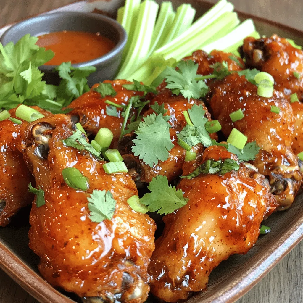 - 2 pounds chicken wings - 2 tablespoons extra virgin olive oil - 1/2 cup raw honey - 1/4 cup your preferred hot sauce - 1 teaspoon fine sea salt - 1 teaspoon freshly ground black pepper - 1 teaspoon garlic powder - 1 teaspoon smoked paprika - 1/2 teaspoon cayenne pepper (optional) - Fresh cilantro leaves - Sliced green onions Gathering fresh ingredients is key to making sweet and spicy chicken wings. Start with chicken wings; they are the star of the dish. Use olive oil to help the spices stick. Honey brings sweetness, while hot sauce adds heat. You can adjust the hot sauce to match your spice level. Seasonings are just as important. Sea salt and black pepper add basic flavor. Garlic powder gives a nice kick, and smoked paprika adds a rich, smoky taste. If you like heat, add cayenne pepper for an extra punch. For garnish, fresh cilantro and sliced green onions brighten up the dish. They add color and flavor, making your wings even more appealing. This combination of ingredients makes every bite exciting and delicious. Check out the Full Recipe for all the details on how to create these wings! - Preheat the Oven Set your oven to 400°F (200°C). This high heat helps get crispy wings. - Prepare the Baking Sheet Line a large baking sheet with foil. Place a wire rack on top. This allows air to circulate. - Coat with Olive Oil and Seasonings In a bowl, add chicken wings, olive oil, sea salt, and black pepper. Mix until all wings get a nice coating. - Arrange on the Rack Spread the wings in a single layer on the wire rack. This keeps them from sticking together. - Bake Until Crispy Place the baking sheet in the oven. Bake the wings for 40-45 minutes until they are golden brown. - Flip Halfway Through At the 20-minute mark, flip the wings. This helps them cook evenly and get crispy all around. - Combine Sauce Ingredients In a small saucepan, mix honey, hot sauce, soy sauce, garlic powder, smoked paprika, and cayenne pepper. - Simmer to Blend Flavors Heat the mixture on medium. Stir it well and let it simmer for 5 minutes. This melds all the flavors together. - Toss with Sauce Once the wings are baked, place them in a bowl. Pour the sweet and spicy sauce over them. Toss well to coat. - Return to Oven Place the coated wings back on the rack. Bake for another 5-10 minutes. This helps the sauce stick and deepen the flavor. For the complete cooking experience, follow the [Full Recipe]. To get crispy wings, use a wire rack. This allows hot air to flow around the wings. It helps them cook evenly and get that nice crunch. The baking temperature is also key. I recommend 400°F (200°C). This heat cooks the wings well without drying them out. You can adjust the heat level in your sauce. If you like it mild, use less hot sauce. If you want a kick, add more cayenne pepper. You can also substitute ingredients based on what you have. For example, use maple syrup instead of honey for a different flavor. For plating, arrange the wings on a large platter. Garnish with fresh cilantro or sliced green onions for color. Serve with crunchy celery sticks. These pair well with a cool ranch or blue cheese dip. For an extra touch, add a few dipping sauces for variety. Check the [Full Recipe] for more ideas! {{image_4}} You can change the flavor of your sweet and spicy chicken wings by trying different styles. Here are two fun ideas: - BBQ Sweet and Spicy Wings Mix your sweet and spicy sauce with BBQ sauce. This adds a rich, smoky flavor. Use the same method to coat your wings. Bake them to get that crispy texture, and enjoy a different twist! - Asian-Inspired Honey Wings For these wings, swap the hot sauce with a sweet chili sauce. Add sesame oil for extra flavor. This gives your wings a sweet and slightly spicy kick, perfect for any Asian meal. You have options for how to cook your wings. Here are two popular methods: - Air Fryer Instructions Preheat your air fryer to 360°F (182°C). Toss the wings with oil and seasonings. Place them in the air fryer basket in a single layer. Cook for about 25-30 minutes. Shake the basket halfway through for even cooking. This method makes wings crispy with less oil! - Grilling Options Preheat your grill to medium heat. Marinate the wings in your sweet and spicy sauce for at least 30 minutes. Grill the wings for about 20-25 minutes, turning them often. This gives the wings a nice char and enhances the flavor. You can make your wings fit different diets with some simple swaps: - Gluten-Free Options To make gluten-free wings, use tamari instead of soy sauce. This keeps the flavor while avoiding gluten. Always check your hot sauce too, as some brands may contain gluten. - Reducing Sugar Content If you want to cut sugar, use less honey in the sauce. You can also mix in some apple cider vinegar for tang. This helps balance the sweetness while keeping the flavor of your wings tasty. For the full recipe, check out the Sweet and Spicy Chicken Wings! How to Store To keep your sweet and spicy chicken wings fresh, place them in an airtight container. This helps prevent moisture loss and keeps them tasty. Let the wings cool to room temperature before sealing them up. Best Practices for Freshness Store the wings in the fridge for up to three days. If you want to enjoy them later, use a vacuum sealer for even better storage. Oven Reheating Method To reheat wings, preheat your oven to 350°F (175°C). Spread the wings on a baking sheet lined with foil. Heat for about 15-20 minutes. This method helps keep the wings crispy. Microwave Tips If you’re in a hurry, the microwave works too. Place the wings on a microwave-safe plate. Heat for 1-2 minutes, checking often to avoid overcooking. This might make them a bit less crispy, but they will still taste great! Freezing the Wings You can freeze extra wings for later use. Place them in a single layer on a baking sheet. Freeze them until firm, then transfer them to a freezer bag. Remove as much air as possible to prevent freezer burn. Thawing Before Reheating When you’re ready to eat your frozen wings, transfer them to the fridge overnight to thaw. You can also thaw them in cold water for a quicker option. Once thawed, follow the reheating methods mentioned above. Enjoy your wings even after a few days! Bake chicken wings for 40 to 45 minutes. This time ensures they get crispy and golden. Flip the wings halfway through. This step helps them cook evenly. Always check for doneness by ensuring the internal temperature reaches 165°F (75°C). Yes, you can prep sweet and spicy wings ahead of time. Marinate them the night before. Store them in the fridge until you're ready to bake. This will enhance the flavor. For best results, bake them fresh before serving. Popular dipping sauces for chicken wings include ranch, blue cheese, and honey mustard. Each sauce offers a unique flavor to complement your wings. You can also try spicy mayo or garlic aioli for a twist. Serve a variety for your guests to enjoy! To sum it up, this guide covers everything you need for delicious sweet and spicy wings. You learned about the key ingredients and how to prep, bake, and coat them. Plus, I shared tips for crispiness and serving ideas. Remember, you can also explore different styles, cooking methods, and storage tips. Enjoy the cooking journey. You can impress everyone with your wing-making skills. Happy cooking!