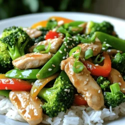 - Chicken and Marinade Components - 1 pound boneless, skinless chicken breast, thinly sliced - 2 tablespoons soy sauce - 1 tablespoon cornstarch - 1 tablespoon vegetable oil (canola or peanut oil works well) - Vegetables Required - 1 cup broccoli florets - 1 red bell pepper, julienned - 1 cup snap peas, trimmed - 3 cloves garlic, minced - 1-inch piece fresh ginger, peeled and grated - Seasoning and Garnishing Items - 2 tablespoons low-sodium chicken broth - 1 tablespoon toasted sesame oil - Salt and freshly ground black pepper to taste - 2 green onions, chopped (for garnish) - 1 tablespoon sesame seeds, toasted (for garnish) Each ingredient plays a key role in creating a balanced flavor. The chicken gives protein, while the veggies add crunch and nutrients. The soy sauce and sesame oil bring rich umami notes. Don't skip the ginger and garlic; they add depth and warmth! For the full recipe, check out the details above. Marinating the Chicken To start, you need to marinate the chicken. In a medium bowl, mix the thinly sliced chicken breast with soy sauce and cornstarch. Toss it well so every piece is coated. Let the chicken marinate for 15 minutes. This helps the chicken absorb all the tasty flavors. Cooking the Chicken Next, heat vegetable oil in a large skillet or wok over medium-high heat. When the oil is shimmering, add the marinated chicken. Cook it for 5-7 minutes. Stir occasionally until the chicken is golden brown and fully cooked. Once done, take the chicken out of the skillet and set it aside on a plate. Sautéing the Vegetables In the same skillet, toss in the broccoli florets, sliced red bell pepper, and snap peas. Stir-fry these vegetables for 3-4 minutes. You want them to be bright and tender-crisp. This keeps their vibrant color and crunch. Adding Aromatics Now, add minced garlic and grated ginger to the skillet. Stir constantly for about 30 seconds. This will make your kitchen smell amazing and add great flavor to the dish. Final Mixing of Ingredients Return the cooked chicken to the skillet with the vegetables. Pour in chicken broth and toasted sesame oil. Stir everything together. Let it heat through for an additional 2-3 minutes. This allows the flavors to meld. Seasoning to Taste Finally, season your stir-fry with salt and freshly ground black pepper. Adjust it to your taste. This step is key to making the dish truly yours. For the full recipe, check out the details above. High heat is key for a good stir-fry. It cooks your food fast and keeps it crunchy. Use a large skillet or wok. This helps heat spread evenly. Timing matters too. Start with the chicken first. Cook it until golden brown. This takes about 5-7 minutes. Then, add the veggies. They need only 3-4 minutes. This keeps them bright and fresh. You can change the sauce to fit your taste. Try teriyaki, sweet chili, or hoisin sauce. Each sauce gives a different flavor. You can mix a few sauces for fun. Add extra veggies for more color and taste. Carrots, onions, or mushrooms work well. They add crunch and nutrition. Feel free to get creative! Plating is important for a great meal. Serve the stir-fry over jasmine rice or quinoa. This makes it filling and healthy. For garnish, add chopped green onions and toasted sesame seeds. They give a nice crunch and look pretty. A good presentation makes every bite special. For the full recipe, check out the details above! {{image_4}} Substituting Chicken with Tofu Tofu is a great swap for chicken. It soaks up flavors well. Use firm or extra-firm tofu for the best texture. Cut it into cubes and marinate just like chicken. Stir-fry it until golden brown, then add your veggies. This gives a nice crunch and keeps it healthy. Other Meat Options (Beef, Shrimp) Beef and shrimp also work well in stir-fry. For beef, use thin slices of flank or sirloin. Cook the beef quickly on high heat to keep it tender. Shrimp cooks fast, too. Just toss it in at the end for a quick finish. Both add new flavors and textures. Using Plant-Based Ingredients For a vegetarian or vegan dish, use vegetables like bell peppers, carrots, and mushrooms. You can add chickpeas or lentils for protein. These ingredients keep it filling and yummy. You can also use plant-based sauces for added flavor. Flavor Alternatives for Non-Meat Versions To boost flavor in non-meat options, add spices like smoked paprika or cumin. You can also use vegetable broth instead of chicken broth. Don't forget to add garlic and ginger for a kick. These small changes make a big taste difference. Asian-Inspired Sauces Try different sauces to change up your stir-fry. Teriyaki sauce adds sweetness. Hoisin sauce gives a rich depth of flavor. These sauces pair well with the veggies and proteins. Fusion Ideas Mix it up with fusion ideas! How about adding taco spices and beans for a twist? Or use curry paste for an Indian-inspired flavor? These fun combinations can make your meal exciting and new. Explore different flavors to find your favorites. You can find the full recipe for the base dish and let your creativity shine! Refrigeration Guidelines After enjoying your chicken stir-fry, let it cool first. Then, place it in an airtight container. This will keep it fresh in the fridge for up to three days. Make sure to label it with the date so you’ll remember when you made it. Freezing Tips For longer storage, freeze your stir-fry. Transfer the cooled dish to a freezer-safe bag or container. Remove as much air as possible to prevent freezer burn. You can freeze it for up to three months. When you're ready to eat it, just thaw it overnight in the fridge. Best Methods for Reheating The best way to reheat your stir-fry is on the stovetop. Heat a non-stick pan over medium heat. Add a splash of water or broth to prevent sticking. Stir frequently until the dish is hot. You can also use the microwave. Place it in a microwave-safe bowl and cover it. Heat in short bursts, stirring in between, until warm. Maintaining Texture and Flavor To keep the chicken tender and veggies crisp, avoid overheating. Use low heat if you're reheating on the stove. For the microwave, don’t exceed two minutes per serving. This way, your chicken stir-fry stays just as delicious as when you first made it. Can I use frozen vegetables? Yes, you can use frozen vegetables. They save time and are still healthy. Just add them to the pan when the chicken is almost done. Cook them until they are hot and tender. How do I make it gluten-free? To make this dish gluten-free, swap soy sauce with tamari. Tamari tastes similar but is made without wheat. Always check the labels to ensure all ingredients are gluten-free. What type of pan is best for stir-frying? A wok is best for stir-frying. It has a wide base and sloped sides. This shape helps heat food quickly and evenly. If you don’t have a wok, a large skillet will work too. How do I achieve that 'wok hei' flavor? To get that special 'wok hei' flavor, use high heat. Make sure your pan is hot before adding food. Also, don’t overcrowd the pan. This keeps the food searing and not steaming. Can I customize the sauce? Absolutely! You can mix things up. Try adding hoisin, oyster sauce, or chili paste. This gives your stir-fry a unique taste. Just adjust the amounts to fit your flavor. What are the best side dishes to serve with stir-fry? Serve stir-fry with jasmine rice or quinoa. They soak up the sauce nicely. You can also add a simple cucumber salad. It adds a fresh crunch to your meal. For the full recipe, check out the details above. In this post, we explored how to make a great stir-fry with chicken and veggies. We covered marinating chicken, sautéing vegetables, and combining flavors. I shared tips for perfect cooking and ways to change up your dish. Remember, stir-frying is fun and can fit any diet. You can store leftovers easily and reheat them well. Get creative with sauces and ingredients. Enjoy making your own delicious stir-fry today!