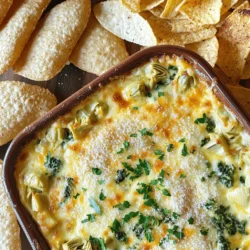 - 1 cup frozen spinach, thawed and thoroughly drained - 1 cup canned artichoke hearts, drained and roughly chopped - 1/2 cup cream cheese, softened to room temperature - 1/2 cup sour cream - 1 cup shredded mozzarella cheese - 1/2 cup grated Parmesan cheese - 2 cloves garlic, minced - 1 teaspoon fresh lemon juice - 1/2 teaspoon onion powder - 1/2 teaspoon salt - 1/4 teaspoon freshly ground black pepper - 1/4 teaspoon crushed red pepper flakes (optional, for a spicy kick) Using accurate measurements is key for the best results. If you don’t have sour cream, you can swap it for Greek yogurt. This gives a similar tangy taste. If you want less fat, use a low-fat cream cheese. You can also use fresh spinach if you prefer. Just remember to chop it finely before adding. - Preheat the oven to 375°F (190°C). This step warms your oven for even cooking. - Combine cream cheese and sour cream. In a large bowl, mix these two until smooth. You can use a hand mixer or a whisk. - Add spinach, artichokes, and cheeses. Stir in thawed spinach and chopped artichoke hearts. Next, add shredded mozzarella and grated Parmesan cheese. - Seasoning details. Don't forget the minced garlic, lemon juice, onion powder, salt, black pepper, and optional red pepper flakes for a kick. Mix until well combined. - Transfer dip to a baking dish. Use a medium-sized dish. Spread the dip evenly with a spatula. - Bake duration and tips. Place in the oven for 20-25 minutes. Watch for bubbling and a golden top. Remove when done and let it cool a bit before serving. For the Full Recipe, check the beginning of this article. Serve this warm dip with crispy tortilla chips or toasted baguette slices for a delightful snack! To achieve the perfect creamy texture, start with softened cream cheese. Make sure it blends well with sour cream. Stir in your spinach and artichokes gently. Avoid over-mixing. This keeps the dip creamy and smooth. Common mistakes include not draining the spinach well. Excess water can make your dip runny. Also, don’t skip the garlic. It adds a lot of flavor. Lastly, watch your baking time. Overbaking can dry out the dip. The best accompaniments for dipping are crispy tortilla chips and toasted baguette slices. Fresh veggies, like carrots and celery, work great too. For a fun twist, try serving it in a bread bowl. Presentation is key. Garnish your dip with extra grated Parmesan and fresh herbs. This adds color and makes it look fancy. Serve it warm for the best taste. To keep leftovers fresh, cover your dip tightly with plastic wrap. Store it in the fridge for up to three days. Reheating is easy. Just warm it in the oven at 350°F (175°C) until hot. Stir it occasionally to keep it creamy. You can also use the microwave for quick reheating. {{image_4}} You can spice up your cheesy spinach artichoke dip by adding jalapeños. This gives the dip a nice kick. Simply chop up a few jalapeños and mix them in. If you want a healthier version, swap out regular cream cheese for reduced-fat cream cheese. You can also use Greek yogurt instead of sour cream. These options cut some calories while keeping the flavor. In summer, you might want a cold dip. To make this, skip the baking step. Just mix all the ingredients and chill the dip before serving. It is refreshing and perfect for hot days. You can also serve this dip in mini-skillets. These small dishes make for a fun and stylish way to present the dip at parties. Each guest can have their own skillet, making serving easy and mess-free. For more details, check the Full Recipe. Each serving of cheesy spinach artichoke dip has about 200 calories. This dip packs a good mix of fat, carbs, and protein. You get around 15 grams of fat, 8 grams of carbs, and 6 grams of protein per serving. The fats come mainly from cream cheese and cheeses. The main ingredients have great health perks. Spinach offers vitamins A, C, and K. It helps keep your eyes, skin, and bones healthy. Artichokes are high in fiber and can aid digestion. Cream cheese and sour cream add creaminess but also some calories. This dip is vegetarian-friendly. You can make it gluten-free by using gluten-free chips or veggies for dipping. This makes it a perfect choice for many diets. If you want a lighter dip, consider using Greek yogurt instead of sour cream. For the full recipe, check the section above. Enjoy this tasty, cheesy treat at your next party! How can I store leftovers? Store any leftover dip in an airtight container. Keep it in the fridge for up to three days. When ready to eat, reheat in the oven or microwave. Can I make this dip ahead of time? Yes! You can prepare the dip a day ahead. Mix all the ingredients and place them in your baking dish. Cover it and keep it in the fridge. Bake before serving. What can I serve with this dip? Serve the dip with crispy tortilla chips, toasted bread, or fresh veggies. These make great dippers. You can also try pita chips for a fun twist. What to do if the dip is too thick or too runny? If it's too thick, add a splash of milk or cream. Mix well until you reach your desired consistency. If it's too runny, bake it a bit longer. This will help it thicken up. How to spice it up if it’s bland? Add more garlic or a pinch of salt. You can also sprinkle in crushed red pepper flakes. These will give your dip a nice kick. Why could baking time vary? Ovens can differ in heat levels. If you have a convection oven, it may bake faster. Keep an eye on your dip as it cooks for best results. How to test if it's done? Look for bubbling edges and a golden top. You can also insert a knife in the center. If it comes out hot, your dip is ready! This blog post covered how to make a delicious cheesy spinach artichoke dip. We explored the needed ingredients and their measurements, along with preparation and baking steps. You learned tips for cooking, serving, and storing leftovers. We also discussed variations and answered common questions. In conclusion, this dip is simple and fun to make. You can explore your own twists. Enjoy sharing it at your next gathering!