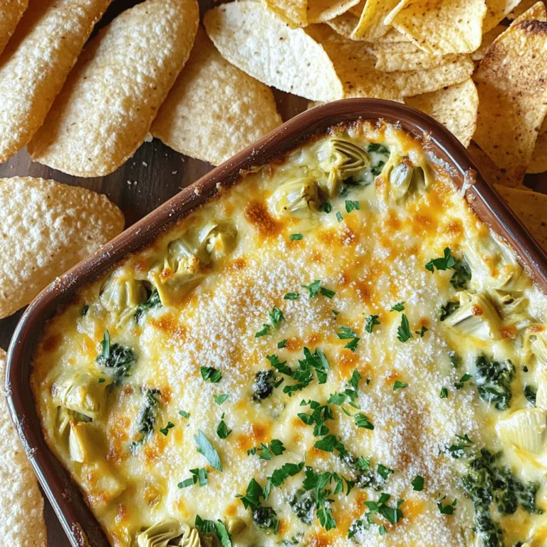 - 1 cup frozen spinach, thawed and thoroughly drained - 1 cup canned artichoke hearts, drained and roughly chopped - 1/2 cup cream cheese, softened to room temperature - 1/2 cup sour cream - 1 cup shredded mozzarella cheese - 1/2 cup grated Parmesan cheese - 2 cloves garlic, minced - 1 teaspoon fresh lemon juice - 1/2 teaspoon onion powder - 1/2 teaspoon salt - 1/4 teaspoon freshly ground black pepper - 1/4 teaspoon crushed red pepper flakes (optional, for a spicy kick) Using accurate measurements is key for the best results. If you don’t have sour cream, you can swap it for Greek yogurt. This gives a similar tangy taste. If you want less fat, use a low-fat cream cheese. You can also use fresh spinach if you prefer. Just remember to chop it finely before adding. - Preheat the oven to 375°F (190°C). This step warms your oven for even cooking. - Combine cream cheese and sour cream. In a large bowl, mix these two until smooth. You can use a hand mixer or a whisk. - Add spinach, artichokes, and cheeses. Stir in thawed spinach and chopped artichoke hearts. Next, add shredded mozzarella and grated Parmesan cheese. - Seasoning details. Don't forget the minced garlic, lemon juice, onion powder, salt, black pepper, and optional red pepper flakes for a kick. Mix until well combined. - Transfer dip to a baking dish. Use a medium-sized dish. Spread the dip evenly with a spatula. - Bake duration and tips. Place in the oven for 20-25 minutes. Watch for bubbling and a golden top. Remove when done and let it cool a bit before serving. For the Full Recipe, check the beginning of this article. Serve this warm dip with crispy tortilla chips or toasted baguette slices for a delightful snack! To achieve the perfect creamy texture, start with softened cream cheese. Make sure it blends well with sour cream. Stir in your spinach and artichokes gently. Avoid over-mixing. This keeps the dip creamy and smooth. Common mistakes include not draining the spinach well. Excess water can make your dip runny. Also, don’t skip the garlic. It adds a lot of flavor. Lastly, watch your baking time. Overbaking can dry out the dip. The best accompaniments for dipping are crispy tortilla chips and toasted baguette slices. Fresh veggies, like carrots and celery, work great too. For a fun twist, try serving it in a bread bowl. Presentation is key. Garnish your dip with extra grated Parmesan and fresh herbs. This adds color and makes it look fancy. Serve it warm for the best taste. To keep leftovers fresh, cover your dip tightly with plastic wrap. Store it in the fridge for up to three days. Reheating is easy. Just warm it in the oven at 350°F (175°C) until hot. Stir it occasionally to keep it creamy. You can also use the microwave for quick reheating. {{image_4}} You can spice up your cheesy spinach artichoke dip by adding jalapeños. This gives the dip a nice kick. Simply chop up a few jalapeños and mix them in. If you want a healthier version, swap out regular cream cheese for reduced-fat cream cheese. You can also use Greek yogurt instead of sour cream. These options cut some calories while keeping the flavor. In summer, you might want a cold dip. To make this, skip the baking step. Just mix all the ingredients and chill the dip before serving. It is refreshing and perfect for hot days. You can also serve this dip in mini-skillets. These small dishes make for a fun and stylish way to present the dip at parties. Each guest can have their own skillet, making serving easy and mess-free. For more details, check the Full Recipe. Each serving of cheesy spinach artichoke dip has about 200 calories. This dip packs a good mix of fat, carbs, and protein. You get around 15 grams of fat, 8 grams of carbs, and 6 grams of protein per serving. The fats come mainly from cream cheese and cheeses. The main ingredients have great health perks. Spinach offers vitamins A, C, and K. It helps keep your eyes, skin, and bones healthy. Artichokes are high in fiber and can aid digestion. Cream cheese and sour cream add creaminess but also some calories. This dip is vegetarian-friendly. You can make it gluten-free by using gluten-free chips or veggies for dipping. This makes it a perfect choice for many diets. If you want a lighter dip, consider using Greek yogurt instead of sour cream. For the full recipe, check the section above. Enjoy this tasty, cheesy treat at your next party! How can I store leftovers? Store any leftover dip in an airtight container. Keep it in the fridge for up to three days. When ready to eat, reheat in the oven or microwave. Can I make this dip ahead of time? Yes! You can prepare the dip a day ahead. Mix all the ingredients and place them in your baking dish. Cover it and keep it in the fridge. Bake before serving. What can I serve with this dip? Serve the dip with crispy tortilla chips, toasted bread, or fresh veggies. These make great dippers. You can also try pita chips for a fun twist. What to do if the dip is too thick or too runny? If it's too thick, add a splash of milk or cream. Mix well until you reach your desired consistency. If it's too runny, bake it a bit longer. This will help it thicken up. How to spice it up if it’s bland? Add more garlic or a pinch of salt. You can also sprinkle in crushed red pepper flakes. These will give your dip a nice kick. Why could baking time vary? Ovens can differ in heat levels. If you have a convection oven, it may bake faster. Keep an eye on your dip as it cooks for best results. How to test if it's done? Look for bubbling edges and a golden top. You can also insert a knife in the center. If it comes out hot, your dip is ready! This blog post covered how to make a delicious cheesy spinach artichoke dip. We explored the needed ingredients and their measurements, along with preparation and baking steps. You learned tips for cooking, serving, and storing leftovers. We also discussed variations and answered common questions. In conclusion, this dip is simple and fun to make. You can explore your own twists. Enjoy sharing it at your next gathering!