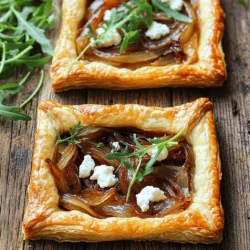 This recipe for caramelized onion and goat cheese tart is a true delight. It blends sweet, soft onions with tangy goat cheese. The puff pastry gives it a flaky crust, making each bite a treat. For this delicious tart, you will need: - 1 pre-made puff pastry sheet - 3 large onions, thinly sliced - 3 tablespoons olive oil - 1 tablespoon balsamic vinegar - 1 teaspoon sugar - Salt and freshly ground black pepper, to taste - 4 ounces goat cheese, crumbled - 1 tablespoon fresh thyme leaves (or 1 teaspoon dried thyme) - 1 egg, beaten (for egg wash) - Fresh arugula, for garnish To make this tart, gather these tools: - A tart pan (approximately 12 inches in diameter) - A large skillet - A rolling pin - A pastry brush - A sharp knife for slicing - A mixing bowl for the egg wash Using the right tools makes cooking easier and more fun. You can find the full recipe [here](#). First, preheat your oven to 400°F (200°C). This step is key for a perfect bake. Next, take the pre-made puff pastry sheet and place it on a floured surface. Roll it out to about 12 inches wide. Now, gently fit the pastry into your tart pan. Press it into the edges nicely. Trim any extra pastry off the edges. Use a fork to prick the bottom of the crust. This prevents puffing during baking. After that, put the tart pan in the fridge while you caramelize the onions. Grab a large skillet and set it on medium heat. Pour in 3 tablespoons of olive oil. Add the 3 thinly sliced onions to the skillet. Sprinkle in a pinch of salt to help the onions release moisture. Stir the onions every few minutes. Cook them for about 15-20 minutes. You want them soft and golden-brown. Once they reach that color, drizzle in 1 tablespoon of balsamic vinegar. Add 1 teaspoon of sugar and some freshly ground black pepper. Keep cooking for another 5 minutes. This will make the onions sticky and sweet. Remove the skillet from heat and let the onions cool a bit. Now that your onions are ready, take the chilled pastry shell from the fridge. Evenly spread the caramelized onions over it. Crumble 4 ounces of goat cheese over the onions. Add 1 tablespoon of fresh thyme leaves for extra flavor. In a small bowl, beat 1 egg for the egg wash. Use a pastry brush to coat the edges of the pastry with the egg wash. This will give it a nice golden color when baked. Finally, place the tart in the oven. Bake for 20-25 minutes. Look for a puffed, golden crust and melted cheese. Once done, remove it from the oven and let it cool for a few minutes. Cut into slices and enjoy your delicious tart! For the full recipe, check the details above. To caramelize onions, start with a good skillet. Heat olive oil over medium heat. Add your thinly sliced onions and sprinkle a pinch of salt. The salt helps pull out the moisture. Stir the onions every few minutes. This helps them cook evenly. After about 15-20 minutes, they will turn soft and golden brown. For deeper flavor, add a teaspoon of sugar. Sugar helps to enhance the sweetness. Drizzle in balsamic vinegar for a tangy kick, and cook for another 5 minutes. This step creates a sticky, rich mixture. Make sure to let them cool slightly before using them in your tart. To ensure a crispy puff pastry, keep it cold. Roll it out on a floured surface. Don’t overwork the dough; this keeps layers intact. Place the rolled pastry into the tart pan and press gently. Prick the bottom with a fork. This prevents bubbling during baking. Chill the pastry in the fridge while preparing the filling. A cold pastry bakes better and stays crisp. When ready, brush the edges with an egg wash. It gives the final product a lovely golden color. Bake in a preheated oven for the best results. This tart is great warm or at room temperature. To add freshness, garnish with arugula. The peppery taste of arugula contrasts well with the sweetness of the onions. You can also serve the tart with a light salad. A simple green salad with lemon dressing pairs well. For a more robust meal, include a hearty soup. Tomato basil or butternut squash soup can be perfect companions. Enjoying the tart with good friends makes it even better. This dish is simple but always impresses. For the full recipe, check out the Caramelized Onion and Goat Cheese Tart recipe. {{image_4}} You can easily turn this tart into a vegetarian delight. Replace the goat cheese with a mix of ricotta and feta. This swap gives you a creamy and tangy flavor. You can also add cooked spinach or roasted red peppers for more color and taste. These changes make the tart rich and satisfying without losing any joy. If you want to explore different cheese flavors, try using brie or camembert. These cheeses melt wonderfully and add a lovely creaminess. You could also use sharp cheddar for a bolder taste. Mixing cheeses is a fun way to customize the tart based on what you have at home. Each choice brings a unique twist to the dish. Herbs can elevate your tart’s flavor. Consider adding fresh basil or rosemary for an exciting twist. You can also sprinkle in some crushed red pepper for a touch of heat. If you want a sweet note, try adding a bit of caramelized garlic. Each herb or spice enhances the taste and makes your tart even more special. Feel free to get creative with these variations. They let you tailor the Caramelized Onion and Goat Cheese Tart to your liking. Check out the Full Recipe for more details on creating this delicious dish! To store your leftover tart, let it cool down first. Wrap it tightly in plastic wrap or foil. You can also place it in an airtight container. Keep it in the fridge for up to three days. This helps keep the flavors fresh and the pastry from getting soggy. When you’re ready to enjoy your tart again, preheat your oven to 350°F (175°C). Place the tart on a baking sheet. Heat it for about 10-15 minutes. This will warm it up and make the pastry crispy again. Avoid using the microwave, as it can make the crust chewy. If you want to freeze your tart, it’s best to do so before baking. Wrap the prepared, unbaked tart tightly in plastic wrap. You can also use foil for extra protection. Store it in the freezer for up to three months. When you’re ready to bake, don’t thaw it first. Just bake it straight from the freezer. Add a few extra minutes to the baking time. Enjoy your homemade treat whenever you wish! For the complete recipe, refer to the Full Recipe section. To prepare your tart in advance, start by caramelizing the onions. Allow them to cool before spreading them on the pastry. Next, cover the assembled tart with plastic wrap. You can store it in the fridge for up to one day. When you're ready to bake, simply preheat the oven and follow the baking steps. This method saves time and still delivers a tasty dish. Yes, you can use various cheeses in this tart. Feta cheese works well and adds a salty kick. Cream cheese gives a rich texture that blends nicely. For a sharper flavor, try using blue cheese. Just remember to balance the flavors with the sweet onions. Experiment with what you have on hand or your favorites. This tart pairs well with a fresh green salad. Consider arugula or mixed greens tossed with a light vinaigrette. A chilled glass of white wine also complements the flavors perfectly. For a heartier meal, serve it alongside roasted vegetables or a bowl of soup. These sides enhance the tart’s rich taste and make a complete meal. This blog post covered how to make a Caramelized Onion and Goat Cheese Tart. We explored the key ingredients, tools, and the step-by-step instructions to guide you. I shared tips for perfect caramelized onions and a crispy pastry, along with storage ideas. Making this tart can be fun and rewarding. Don't hesitate to try different cheeses or herbs to make it your own. Enjoy creating this savory dish, and share it with others. You’ll impress your family and friends with your skills!