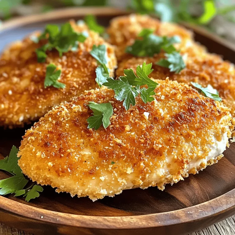 - 4 boneless, skinless chicken breasts - 1 cup freshly grated Parmesan cheese - 1 cup panko breadcrumbs - 2 teaspoons garlic powder - 1 teaspoon dried oregano - 1 teaspoon smoked paprika - Salt and freshly ground black pepper to taste - 2 large eggs - 2 tablespoons Dijon mustard - Olive oil spray or 2 tablespoons extra virgin olive oil - 1 tablespoon fresh parsley for garnish To make Crispy Parmesan Crusted Chicken, you will need a few simple ingredients. The main components are the chicken, cheese, and breadcrumbs. I use boneless and skinless chicken breasts because they cook evenly and stay juicy. Freshly grated Parmesan cheese gives the dish a rich flavor. Panko breadcrumbs are key for that extra crunch. For seasonings, I like garlic powder, oregano, and smoked paprika. These add depth to the dish. Don't forget salt and pepper to bring everything together. You also need eggs and Dijon mustard. They help the breadcrumbs stick to the chicken. Lastly, a little olive oil spray or extra virgin olive oil can boost crispiness. You can garnish with fresh parsley for a pretty touch. This recipe is easy and perfect for any weeknight meal. If you want the full recipe, check back for a detailed cooking guide. - Preheat oven to 400°F (200°C). - Line baking sheet with parchment paper. First, set your oven to 400°F (200°C). This step ensures your chicken cooks evenly. Next, grab a baking sheet and line it with parchment paper. This helps prevent sticking and makes cleanup easy. - Whisk eggs and Dijon mustard together. - Combine dry ingredients in a separate bowl. In a shallow bowl, whisk together two large eggs and two tablespoons of Dijon mustard. This mixture binds the breadcrumbs to the chicken. In another bowl, mix one cup of grated Parmesan cheese, one cup of panko breadcrumbs, two teaspoons of garlic powder, one teaspoon of dried oregano, one teaspoon of smoked paprika, and a pinch of salt and pepper. Make sure the dry ingredients blend well for even flavor. - Dip chicken into egg mixture. - Coat with breadcrumb mixture. - Space chicken on baking sheet before baking. Take a chicken breast and dip it into the egg mixture. Make sure it's fully coated. Let any extra egg drip off. Next, place the chicken in the breadcrumb mixture. Press it down gently to coat both sides. Repeat this for all chicken breasts. Once coated, space them out on the prepared baking sheet. If you like, use olive oil spray or drizzle olive oil over them for extra crispiness. Now, your chicken is ready to bake! For the full recipe, refer back to the beginning. To make your chicken super crispy, use panko breadcrumbs. They add a nice crunch. You can also spray the chicken with olive oil or drizzle it lightly with oil. This step adds even more texture. Bake your chicken for 20-25 minutes. Look for a golden brown color. To check if it's done, use a meat thermometer. The internal temperature should reach 165°F (75°C). This ensures your chicken is safe to eat. Once your chicken is done, let it rest for 5 minutes. This allows the juices to settle and keeps it juicy. When serving, sprinkle some fresh parsley on top. It adds a pop of color and flavor. For a complete meal, try serving it with a fresh salad or roasted vegetables. Enjoy your Crispy Parmesan Crusted Chicken! For the full recipe, refer to the previous section. {{image_4}} You can switch up the cheese for new flavors. Mozzarella or cheddar works well. These cheeses melt nicely and add great taste. You can also play with herbs and spices. Try Italian seasoning for a warm flavor. Add cayenne pepper for some heat. These small changes can make your dish exciting. Want a crunchy twist? Use crushed cornflakes or potato chips. They give a unique texture and flavor. They can make your chicken even crunchier. This swap is fun and easy. Just crush them and use them like breadcrumbs. Pair your chicken with delicious sides. A fresh salad makes a great match. Roasted vegetables add color and nutrition. You can also serve it with rice or pasta. These sides help create a complete meal. They complement the chicken nicely. Enjoy your cooking adventure with these ideas! You should store leftover chicken in an airtight container. This keeps it fresh and tasty. Consume it within 3-4 days. If you wait too long, the chicken may spoil. To freeze leftover chicken, wrap each piece tightly in freezer-safe plastic wrap. This helps prevent freezer burn. Place the wrapped chicken in a freezer bag, and label it with the date. When you want to eat your frozen chicken, thaw it in the fridge overnight. For best results, reheat the chicken in the oven at 350°F (175°C) until it is hot. This keeps the crust crispy and the inside juicy. Enjoy your meal! Yes, you can use chicken thighs. Chicken thighs are juicier and have more flavor. They also have more fat, which makes them tender when cooked. However, they take a bit longer to cook than breasts. If you choose thighs, check the internal temperature to ensure they reach 165°F (75°C). To keep your chicken juicy, start by marinating it. Use a mix of olive oil and lemon juice to add moisture. Cook at 400°F (200°C) to seal in the juices. Avoid overcooking; check the internal temperature early. Let the chicken rest for five minutes after baking. This helps the juices settle back into the meat. You can serve many sides with this chicken. A fresh garden salad pairs well and adds crunch. Roasted vegetables like broccoli or carrots add color and nutrition. For a heartier meal, consider mashed potatoes or pasta. Lemon wedges brighten the dish and enhance flavors. For the full recipe, check the ingredients and instructions included in this section. Here’s a quick reference for Crispy Parmesan Crusted Chicken: - 4 boneless, skinless chicken breasts - 1 cup freshly grated Parmesan cheese - 1 cup panko breadcrumbs - 2 teaspoons garlic powder - 1 teaspoon dried oregano - 1 teaspoon smoked paprika - Salt and freshly ground black pepper - 2 large eggs - 2 tablespoons Dijon mustard - Olive oil spray or 2 tablespoons extra virgin olive oil - 1 tablespoon fresh parsley for garnish In summary, we covered how to make Crispy Parmesan Crusted Chicken. You learned about key ingredients like chicken, Parmesan, and panko breadcrumbs. We explored step-by-step instructions and tips for achieving the perfect crunchy texture. Don't forget about the tasty variations and how to store leftovers, too. This dish is simple and tasty, perfect for any meal. Try it your way and enjoy every bite!