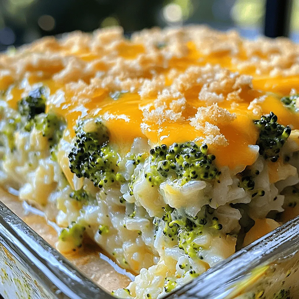 - 2 cups of cooked white or brown rice - 2 cups of fresh broccoli florets - 1 cup of shredded sharp cheddar cheese - 1 cup of cream of mushroom soup - 1/2 cup of milk - 1/2 teaspoon of garlic powder - 1/2 teaspoon of onion powder - 1/4 teaspoon of freshly ground black pepper - 1/4 teaspoon of salt - 1/2 cup of breadcrumbs (for topping) - 2 tablespoons of extra virgin olive oil - Optional: 1/4 cup of grated Parmesan cheese To make your casserole great, measure your ingredients well. Use dry measuring cups for rice and breadcrumbs. For liquids, use a liquid measuring cup. This keeps your dish balanced. Too much or too little can change the taste. A kitchen scale is also helpful for precision. When choosing broccoli, look for bright green florets. They should be tight and firm. Avoid yellow or wilting broccoli, as this means it’s old. Fresh broccoli adds a nice crunch. It also helps your casserole taste bright and fresh. If possible, buy organic to ensure quality. First, set your oven to 350°F (175°C). This step is key for even cooking. A hot oven helps the casserole cook perfectly. In a large bowl, mix the cooked rice with the sharp cheddar cheese. Next, add the cream of mushroom soup and the milk. Stir well until the mixture is smooth. It should look creamy and inviting. Then, add the garlic powder, onion powder, black pepper, and salt. Make sure to mix everything evenly. The spices enhance the flavor of the rice mixture. Now, it’s time to prepare the broccoli. Boil some water in a pot. Add the fresh broccoli florets and let them cook for 2-3 minutes. You want them bright green and just tender. After that, drain the broccoli and rinse it with cold water. This stops the cooking. Fold the broccoli gently into the rice and cheese mixture. This adds color and crunch to your dish. Take a greased 9x13 inch baking dish. Spread the rice and broccoli mixture evenly across the bottom. This helps with even cooking. In a small bowl, mix the breadcrumbs with olive oil. If you like, add Parmesan cheese for extra flavor. Sprinkle this mix over the casserole for a nice, crispy top. Cover the baking dish with aluminum foil. Bake it in the preheated oven for 25 minutes. This keeps the casserole moist. After 25 minutes, take off the foil. Bake for another 10-15 minutes until the top is golden brown. Let it cool for a few minutes before serving. This helps the flavors come together. For the full recipe, check the section above. To make your casserole truly shine, focus on the cheese. Use sharp cheddar for a bold flavor. Mix in some grated Parmesan for extra richness. The choice of rice matters too. I prefer brown rice for its nutty taste and added nutrition. Always ensure your broccoli is bright green. Fresh florets add texture and color. Soggy casseroles can ruin the experience. To prevent this, avoid overcooking the broccoli. Blanch it just until it’s bright green. Drain well and rinse with cold water. This stops the cooking process. When mixing, don’t add too much liquid. Stick to the recipe for milk and soup. Lastly, bake uncovered for the last part to create a crispy top. You can easily make the casserole healthier. Swap out the cream of mushroom soup for a homemade version. This gives you control over the ingredients. Use low-fat milk instead of regular milk for fewer calories. If you want extra fiber, try adding some cooked quinoa. You can also replace the white rice with cauliflower rice for a low-carb option. Check out the Full Recipe for more ideas! {{image_4}} You can easily add protein to your casserole. Chicken, shrimp, or tofu all work well. Start with cooked chicken, as it mixes nicely with the rice. For shrimp, use small, peeled, and deveined ones. Tofu is a great choice for a vegan option. Just cube it and sauté it lightly before adding. This extra step helps pack in flavor. Adjust the cooking time based on your chosen protein. Each option adds richness and makes the dish heartier. The cheese in your casserole can change its taste. Try using mozzarella for a milder flavor and gooey texture. Gouda brings a smoky taste, adding depth to your dish. If you're looking for a vegan option, use vegan cheese. It melts well and keeps the dish creamy. Each cheese variety will add a unique twist to the casserole. Feel free to mix and match for even more fun flavors. Do you like heat? Adding hot sauce or red pepper flakes can spice things up. A few dashes of hot sauce will give your casserole a nice kick. If you prefer flakes, sprinkle them on top before baking. Start with a small amount, then taste and adjust. Spice can elevate the flavors and make the dish exciting. Don't be afraid to experiment with different levels of heat to find your perfect blend. For the full recipe, check out the Cheesy Broccoli Rice Casserole details. To keep your cheesy broccoli rice casserole fresh, let it cool down first. Then, place it in an airtight container. You can store it in the fridge for up to three days. Make sure to cover it well so it does not dry out. If you want to enjoy it later, freezing is a great option. When you're ready to eat the leftovers, preheat your oven to 350°F (175°C). Place the casserole in an oven-safe dish. Cover it with foil to keep it moist. Heat for about 20-25 minutes or until it's hot all the way through. You can also use the microwave for quicker reheating. Just make sure to cover it to avoid splatters. Heat in short bursts of 1-2 minutes, stirring in between. If you want to freeze your casserole, prepare it as normal but do not bake it. Once mixed, transfer it to a freezer-safe container. You can freeze it for up to three months. When you're ready to cook it, thaw it overnight in the fridge. Then, bake it in the oven as per the full recipe instructions. This way, you can enjoy a warm, cheesy meal anytime! Yes, you can make this casserole ahead. Prepare it, then cover and store it in the fridge. It’s best if you bake it the next day. This helps the flavors blend nicely. Just remember to let it sit out for about 30 minutes before baking. You can serve this casserole with many dishes. Try it with grilled chicken or fish for protein. A fresh salad also pairs well. You can even enjoy it with crusty bread for a complete meal. This casserole lasts about 3 to 5 days in the fridge. Make sure to store it in a sealed container. If you want it to last longer, you can freeze it. Yes, you can easily make this dish gluten-free. Use gluten-free breadcrumbs and check your cream of mushroom soup. Many brands offer gluten-free options. This way, everyone can enjoy it without worry. The best way to reheat this casserole is in the oven. Preheat it to 350°F (175°C). Cover the dish with foil to keep it moist. Heat for about 20 minutes or until it’s hot all the way through. You can also use the microwave, but the oven keeps the top crispy. For a full recipe, check out the details above! You now know how to make a tasty Cheesy Broccoli Rice Casserole. You have the list of ingredients, the steps to follow, and tips for perfecting it. Remember, you can mix in proteins or different cheeses for fun. Store leftovers safely and reheat them easily. This dish is simple and satisfying for any meal. Enjoy making it for your family and friends!
