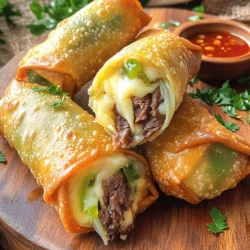 - 1 pound sirloin steak, thinly sliced against the grain - 8 egg roll wrappers - 1 cup provolone cheese, shredded - 1 medium onion, thinly sliced - 1 green bell pepper, thinly sliced - 2 cloves garlic, minced - 2 tablespoons olive oil - Salt and pepper to taste - Vegetable oil for frying The star of this dish is the sirloin steak. It gives a rich taste and tender bite. When you slice it against the grain, you make it even more tender. Next, the egg roll wrappers are the perfect shell. They crisp up nicely when fried. Provolone cheese adds that melty goodness. It brings everything together in a creamy way. The vegetables, like onion and green bell pepper, add flavor and color. Garlic gives it a nice kick. Don’t forget to season with salt and pepper. The right amount makes all the difference. - Hot sauce for serving - Additional cheese varieties, like mozzarella - Fresh garnishes, such as parsley While the main ingredients shine, you can have fun with optional ones. Hot sauce adds heat if you like spice. Mixing in another cheese, like mozzarella, can give a different taste and stretch. Fresh herbs, like parsley, brighten up your dish and make it look great. For the complete recipe with all the steps, check out the Full Recipe. First, take your sirloin steak and slice it thinly against the grain. This helps keep the meat tender. Next, slice one medium onion and one green bell pepper into thin strips. These will add flavor and crunch to your egg rolls. Measure out your ingredients carefully, as this ensures a tasty mix. Now, it's time to sauté the steak and vegetables. Heat two tablespoons of olive oil in a large skillet over medium-high heat. Add the thinly sliced steak, seasoning it with salt and pepper. Cook the steak for about 3-4 minutes until it browns. Then, toss in the onion, green bell pepper, and minced garlic. Sauté everything for an additional 5-6 minutes until the veggies are soft. Once done, remove the skillet from the heat and let the mixture cool. Stir in one cup of shredded provolone cheese until it melts and blends in well. Now, let's assemble the egg rolls. Take one egg roll wrapper and place a heaping tablespoon of the cheesesteak mixture in the center. Fold the bottom corner over the filling, then fold in the sides. Roll it up tightly and seal the edge with a bit of water. Repeat with the remaining wrappers and filling. For frying, heat vegetable oil in a deep skillet or fryer to 350°F (175°C). Carefully add the egg rolls in batches, frying them until they turn golden brown and crispy. This should take about 3-4 minutes per side. Once they’re done, remove them from the oil and place them on paper towels. This helps drain excess oil. Let them cool for a couple of minutes before serving. Enjoy your Philly cheesesteak egg rolls! For a full recipe, refer to the earlier section. For the best cheesesteak filling, use simple seasonings. Salt and pepper enhance the meat’s flavor. You can add garlic powder for a deeper taste. Cook onions and peppers until soft. This usually takes about 5-6 minutes. This step adds sweetness and depth to your filling. Wrapping your egg rolls properly is key. Start with a wrapper on a clean surface. Place the filling in the center, but don’t overfill. Fold the bottom corner over the filling, then tuck in the sides. Roll it up tightly, sealing the edge with water. This ensures a tight seal and prevents leaks. Frying is where the magic happens. Keep your oil at 350°F (175°C) for crispy egg rolls. Use a thermometer to check the temperature. Fry in small batches to avoid cooling the oil. Each batch should take about 3-4 minutes. This way, you get even cooking and a golden brown finish. For the full recipe, check out the complete guide on making these delicious snacks! {{image_4}} You can add hot peppers to give your egg rolls a spicy kick. Just slice fresh jalapeños or banana peppers and mix them with the steak and veggies. The heat balances well with the creamy cheese. Another fun twist is changing the cheese. Provolone is classic, but you can try pepper jack for spice or cheddar for a sharp flavor. Mixing cheeses can also create a unique taste that everyone will love. You can bake or fry these egg rolls. Baking makes them crisp without too much oil. Preheat your oven to 425°F (220°C) and place the egg rolls on a baking sheet. Brush them lightly with oil for a nice brown finish. Bake for about 20-25 minutes, turning halfway through for even cooking. If you prefer frying, you can achieve the classic crispy texture. Heat vegetable oil in a deep skillet to 350°F (175°C). Fry the egg rolls in batches for 3-4 minutes per side, until golden brown. Using an air fryer is another great option. Set it to 400°F (200°C) and cook for about 10-12 minutes. This method gives you a crispy egg roll with less oil. You can swap proteins based on your taste. Chicken, turkey, or even pork can replace the sirloin steak. Just cook the meat the same way. For a vegetarian twist, use mushrooms, bell peppers, and spinach. This mix still gives you a hearty filling while being meat-free. You can use tofu for protein and add your favorite spices for flavor. Don't forget to check out the Full Recipe for all the details! To keep your leftover Philly cheesesteak egg rolls fresh, store them in an airtight container. This helps prevent them from getting soggy. Place a paper towel in the container to absorb moisture. In the fridge, they stay good for about 3 to 4 days. You can also freeze these egg rolls for later. Wrap each egg roll in plastic wrap and place them in a freezer bag. They last up to 2 months in the freezer. When you want to eat them, don’t thaw first. Just reheat them straight from the freezer. For reheating, preheat your oven to 375°F (190°C). Place the egg rolls on a baking sheet and bake for 15 to 20 minutes. This method keeps them crispy, just like when they were freshly made. Enjoy your tasty snack again with great flavor! Philly cheesesteak egg rolls combine classic flavors in a fun way. They include thinly sliced sirloin steak, onions, and green bell peppers. I love adding provolone cheese for that gooey texture. The filling wraps up in crispy egg roll wrappers, making each bite a delight. These egg rolls take the famous Philly cheesesteak and give it a crunchy twist. Yes, you can prepare the filling in advance. Just store it in the fridge for up to three days. When you’re ready to eat, assemble the egg rolls and fry them fresh. You can also freeze the assembled egg rolls. Just keep them in an airtight container. When you want to enjoy them, fry them straight from frozen. To get crispy egg rolls, keep a few tips in mind. First, make sure your oil is hot enough, around 350°F (175°C). Second, do not overcrowd the pan while frying. This keeps the temperature steady. Lastly, let the fried egg rolls drain on paper towels to remove excess oil. Following these steps will give you that perfect crunch. Many restaurants serve these tasty treats. Look for local pubs or sports bars that specialize in American cuisine. You might also find them at food trucks or casual eateries in larger cities. If you’re up for a little adventure, check out some fusion restaurants. They often put their own spin on classic dishes. Dipping sauces can elevate your egg rolls. I recommend a spicy marinara or a zesty ranch dressing. You might also enjoy a creamy garlic aioli. For a classic twist, serve them with hot sauce or sweet chili sauce. These options will enhance the great flavors of the cheesesteak filling. In this blog post, we explored making delicious Philly cheesesteak egg rolls. We discussed key ingredients like sirloin steak and provolone cheese. You learned the steps for prep, cooking, and frying. I also shared tips on perfecting your filling, wrapping techniques, and storage options. As you try this recipe, remember to experiment with spices and cooking methods. These egg rolls can be your tasty treat or a fun meal to share. Enjoy creating and tasting your own version at home!
