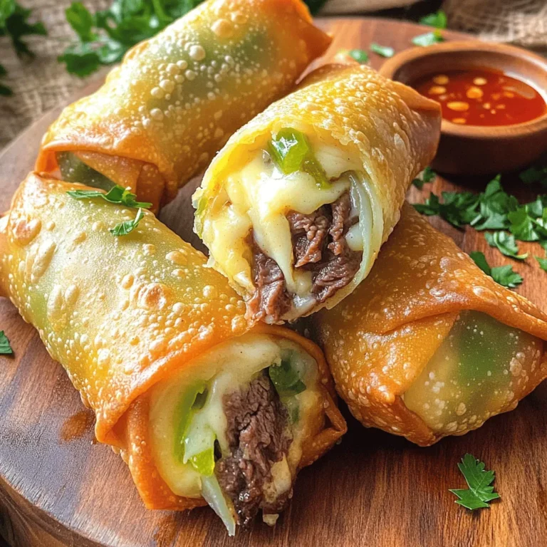 - 1 pound sirloin steak, thinly sliced against the grain - 8 egg roll wrappers - 1 cup provolone cheese, shredded - 1 medium onion, thinly sliced - 1 green bell pepper, thinly sliced - 2 cloves garlic, minced - 2 tablespoons olive oil - Salt and pepper to taste - Vegetable oil for frying The star of this dish is the sirloin steak. It gives a rich taste and tender bite. When you slice it against the grain, you make it even more tender. Next, the egg roll wrappers are the perfect shell. They crisp up nicely when fried. Provolone cheese adds that melty goodness. It brings everything together in a creamy way. The vegetables, like onion and green bell pepper, add flavor and color. Garlic gives it a nice kick. Don’t forget to season with salt and pepper. The right amount makes all the difference. - Hot sauce for serving - Additional cheese varieties, like mozzarella - Fresh garnishes, such as parsley While the main ingredients shine, you can have fun with optional ones. Hot sauce adds heat if you like spice. Mixing in another cheese, like mozzarella, can give a different taste and stretch. Fresh herbs, like parsley, brighten up your dish and make it look great. For the complete recipe with all the steps, check out the Full Recipe. First, take your sirloin steak and slice it thinly against the grain. This helps keep the meat tender. Next, slice one medium onion and one green bell pepper into thin strips. These will add flavor and crunch to your egg rolls. Measure out your ingredients carefully, as this ensures a tasty mix. Now, it's time to sauté the steak and vegetables. Heat two tablespoons of olive oil in a large skillet over medium-high heat. Add the thinly sliced steak, seasoning it with salt and pepper. Cook the steak for about 3-4 minutes until it browns. Then, toss in the onion, green bell pepper, and minced garlic. Sauté everything for an additional 5-6 minutes until the veggies are soft. Once done, remove the skillet from the heat and let the mixture cool. Stir in one cup of shredded provolone cheese until it melts and blends in well. Now, let's assemble the egg rolls. Take one egg roll wrapper and place a heaping tablespoon of the cheesesteak mixture in the center. Fold the bottom corner over the filling, then fold in the sides. Roll it up tightly and seal the edge with a bit of water. Repeat with the remaining wrappers and filling. For frying, heat vegetable oil in a deep skillet or fryer to 350°F (175°C). Carefully add the egg rolls in batches, frying them until they turn golden brown and crispy. This should take about 3-4 minutes per side. Once they’re done, remove them from the oil and place them on paper towels. This helps drain excess oil. Let them cool for a couple of minutes before serving. Enjoy your Philly cheesesteak egg rolls! For a full recipe, refer to the earlier section. For the best cheesesteak filling, use simple seasonings. Salt and pepper enhance the meat’s flavor. You can add garlic powder for a deeper taste. Cook onions and peppers until soft. This usually takes about 5-6 minutes. This step adds sweetness and depth to your filling. Wrapping your egg rolls properly is key. Start with a wrapper on a clean surface. Place the filling in the center, but don’t overfill. Fold the bottom corner over the filling, then tuck in the sides. Roll it up tightly, sealing the edge with water. This ensures a tight seal and prevents leaks. Frying is where the magic happens. Keep your oil at 350°F (175°C) for crispy egg rolls. Use a thermometer to check the temperature. Fry in small batches to avoid cooling the oil. Each batch should take about 3-4 minutes. This way, you get even cooking and a golden brown finish. For the full recipe, check out the complete guide on making these delicious snacks! {{image_4}} You can add hot peppers to give your egg rolls a spicy kick. Just slice fresh jalapeños or banana peppers and mix them with the steak and veggies. The heat balances well with the creamy cheese. Another fun twist is changing the cheese. Provolone is classic, but you can try pepper jack for spice or cheddar for a sharp flavor. Mixing cheeses can also create a unique taste that everyone will love. You can bake or fry these egg rolls. Baking makes them crisp without too much oil. Preheat your oven to 425°F (220°C) and place the egg rolls on a baking sheet. Brush them lightly with oil for a nice brown finish. Bake for about 20-25 minutes, turning halfway through for even cooking. If you prefer frying, you can achieve the classic crispy texture. Heat vegetable oil in a deep skillet to 350°F (175°C). Fry the egg rolls in batches for 3-4 minutes per side, until golden brown. Using an air fryer is another great option. Set it to 400°F (200°C) and cook for about 10-12 minutes. This method gives you a crispy egg roll with less oil. You can swap proteins based on your taste. Chicken, turkey, or even pork can replace the sirloin steak. Just cook the meat the same way. For a vegetarian twist, use mushrooms, bell peppers, and spinach. This mix still gives you a hearty filling while being meat-free. You can use tofu for protein and add your favorite spices for flavor. Don't forget to check out the Full Recipe for all the details! To keep your leftover Philly cheesesteak egg rolls fresh, store them in an airtight container. This helps prevent them from getting soggy. Place a paper towel in the container to absorb moisture. In the fridge, they stay good for about 3 to 4 days. You can also freeze these egg rolls for later. Wrap each egg roll in plastic wrap and place them in a freezer bag. They last up to 2 months in the freezer. When you want to eat them, don’t thaw first. Just reheat them straight from the freezer. For reheating, preheat your oven to 375°F (190°C). Place the egg rolls on a baking sheet and bake for 15 to 20 minutes. This method keeps them crispy, just like when they were freshly made. Enjoy your tasty snack again with great flavor! Philly cheesesteak egg rolls combine classic flavors in a fun way. They include thinly sliced sirloin steak, onions, and green bell peppers. I love adding provolone cheese for that gooey texture. The filling wraps up in crispy egg roll wrappers, making each bite a delight. These egg rolls take the famous Philly cheesesteak and give it a crunchy twist. Yes, you can prepare the filling in advance. Just store it in the fridge for up to three days. When you’re ready to eat, assemble the egg rolls and fry them fresh. You can also freeze the assembled egg rolls. Just keep them in an airtight container. When you want to enjoy them, fry them straight from frozen. To get crispy egg rolls, keep a few tips in mind. First, make sure your oil is hot enough, around 350°F (175°C). Second, do not overcrowd the pan while frying. This keeps the temperature steady. Lastly, let the fried egg rolls drain on paper towels to remove excess oil. Following these steps will give you that perfect crunch. Many restaurants serve these tasty treats. Look for local pubs or sports bars that specialize in American cuisine. You might also find them at food trucks or casual eateries in larger cities. If you’re up for a little adventure, check out some fusion restaurants. They often put their own spin on classic dishes. Dipping sauces can elevate your egg rolls. I recommend a spicy marinara or a zesty ranch dressing. You might also enjoy a creamy garlic aioli. For a classic twist, serve them with hot sauce or sweet chili sauce. These options will enhance the great flavors of the cheesesteak filling. In this blog post, we explored making delicious Philly cheesesteak egg rolls. We discussed key ingredients like sirloin steak and provolone cheese. You learned the steps for prep, cooking, and frying. I also shared tips on perfecting your filling, wrapping techniques, and storage options. As you try this recipe, remember to experiment with spices and cooking methods. These egg rolls can be your tasty treat or a fun meal to share. Enjoy creating and tasting your own version at home!