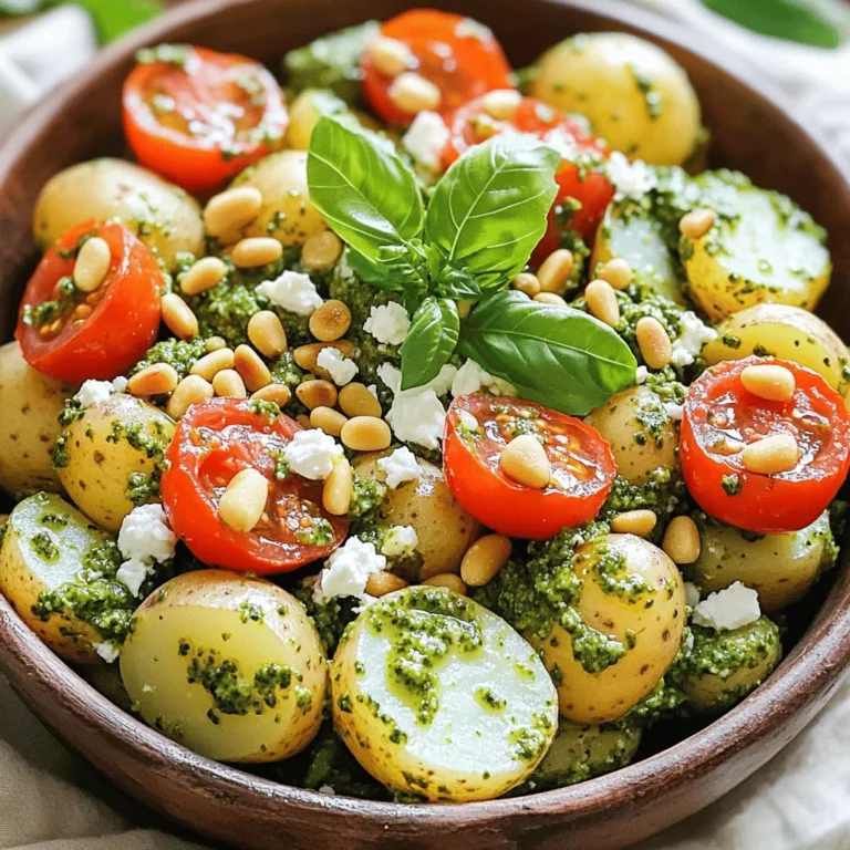To make a tasty pesto potato salad, gather these key ingredients: - 2 pounds baby potatoes, halved - 1 cup fresh basil pesto (store-bought or homemade) - 1 cup cherry tomatoes, halved - 1/2 cup finely diced red onion - 1/4 cup pine nuts, lightly toasted - 1/2 cup feta cheese, crumbled - Salt and freshly ground pepper, to taste - 2 tablespoons extra virgin olive oil - 1 tablespoon freshly squeezed lemon juice You can add more flavors to your salad. Consider these options: - Arugula or spinach for a fresh green touch - Black olives for a briny kick - Grilled corn for sweetness and crunch Choosing fresh ingredients makes a big difference. Here’s how: - Potatoes: Look for firm, smooth baby potatoes. Avoid any with sprouts or green spots. - Basil: Select bright green basil. It should smell sweet and fragrant. - Tomatoes: Pick ripe cherry tomatoes. They should feel slightly soft but not mushy. - Pine nuts: Choose nuts that are light in color. They should smell nutty, not bitter. Using fresh, high-quality ingredients ensures your pesto potato salad shines. For the full recipe, check out the details above! First, gather your ingredients. You need 2 pounds of baby potatoes. Halve them to make cooking easier. Place the potatoes in a large pot. Cover them with cold water. Add a good pinch of salt to the water. Bring it to a rolling boil over high heat. Once boiling, turn the heat down to medium-low. Let the potatoes simmer for about 10 to 15 minutes. They should be fork-tender when ready. This means a fork goes in easily. After cooking, drain the potatoes in a colander. Allow them to cool for a few minutes. This is key to keeping the pesto fresh. Now, get a large mixing bowl. Add the warm potatoes to it. Pour in 1 cup of fresh basil pesto. You can use store-bought or homemade. Gently toss the potatoes with a spatula. Make sure every piece is covered in pesto. Next, add 1 cup of halved cherry tomatoes, 1/2 cup of finely diced red onion, and 1/4 cup of lightly toasted pine nuts. Stir carefully so you don’t break the potatoes. Drizzle 2 tablespoons of extra virgin olive oil and 1 tablespoon of lemon juice over the salad. Season with salt and freshly ground pepper to taste. Finally, fold in 1/2 cup of crumbled feta cheese. Be gentle here; you don’t want to mash it. Once mixed, cover the bowl with plastic wrap. Refrigerate the salad for at least 30 minutes. This chilling time helps the flavors blend. You’ll enjoy the taste much more after it sits. The pesto will soak into the potatoes, making each bite delicious. For an extra touch, you can serve the salad in a colorful dish. Garnish with fresh basil leaves and extra toasted pine nuts for a lovely presentation. Enjoy this fresh and flavorful potato salad at your next gathering! For the complete guide, check out the Full Recipe. To get the best potatoes for your salad, choose baby potatoes. They are small and tender. Start by rinsing them well. Cut each potato in half for even cooking. Place them in a pot and cover with cold water. Add salt to the water to enhance the flavor. Cook them until they are fork-tender, which takes about 10-15 minutes. This method keeps the potatoes creamy inside. After draining, let them cool briefly. This prevents the pesto from wilting. To add extra flavor to your pesto potato salad, consider adding fresh herbs. Chopped parsley or chives can brighten the dish. You can also sprinkle some lemon zest for a fresh zing. If you like spice, diced jalapeños can give it a kick. Toasted nuts, like walnuts or almonds, add crunch and depth. You can also swap feta for goat cheese for a creamier texture. Each of these additions can make your salad unique. When serving, presentation matters. Use a large, colorful bowl to showcase your salad. A sprinkle of fresh basil leaves on top adds a pop of color. For added texture, place extra toasted pine nuts around the edges. This salad is perfect for summer gatherings or picnics. It pairs well with grilled meats or can stand alone as a light meal. Chill the salad before serving for a refreshing experience. For the full recipe, check out the detailed instructions above. {{image_4}} You can make this salad vegan! Swap the feta cheese for a plant-based option. Use vegan pesto, too. You can make it from fresh basil, nuts, and olive oil. This keeps the bright taste and texture. The flavor stays rich and delightful without dairy. Want extra protein? Add chickpeas! They are tasty and filling. You can also use white beans or lentils. These ingredients mix well with the potatoes. They boost nutrition while keeping the dish light. Try different dressings to change it up. A vinaigrette made with balsamic works well. You can also use a simple lemon and olive oil mix. For extra crunch, add bell peppers or cucumbers. These add a fresh twist and keep the salad exciting. For the full recipe, check out the details provided in the main article. To keep your pesto potato salad fresh, place it in an airtight container. Make sure it is tightly sealed to prevent air from entering. Store it in the fridge for up to three days. If you notice any browning on the potatoes or wilting of the basil, it’s time to toss it out. You can freeze pesto potato salad, but it may lose some texture. To freeze, scoop the salad into a freezer-safe container. Leave some space at the top to allow for expansion. It can last up to two months in the freezer. When you're ready to eat it, transfer it to the fridge to thaw overnight. When ready to enjoy the salad, gently mix it after thawing. If it seems dry, add a splash of olive oil or more pesto. This helps refresh the flavors. You can also add fresh herbs or a squeeze of lemon juice to enhance its taste. Enjoy your flavorful dish! Yes, you can use store-bought pesto. It saves time and still offers great flavor. Just check the ingredients to ensure it’s fresh and high-quality. A good pesto will enhance your potato salad. You can easily find it in most grocery stores. I recommend baby potatoes for this dish. They are tender and creamy when cooked. You can also use red or Yukon gold potatoes. These varieties hold their shape well and add a nice texture. Pesto potato salad can last about three to five days in the fridge. Make sure to store it in an airtight container. If you notice any discoloration or off smells, it’s best to toss it. Yes, you can make it a day ahead. Chilling the salad overnight improves the flavors. Just keep it covered in the fridge. This makes it a perfect dish for parties or picnics. Absolutely! You can add ingredients like bell peppers or olives for extra flavor. Feel free to experiment with your favorite veggies. Just remember to balance flavors so that the pesto shines through. Yes, pesto potato salad is gluten-free. Just make sure any added ingredients are gluten-free too. This makes it a safe choice for those with gluten sensitivities. Serve it cold or at room temperature. A colorful serving dish makes it look appealing. You can also garnish it with fresh basil or extra pine nuts for a nice touch. Yes, you can substitute feta with goat cheese or Parmesan. Each cheese adds a different taste. Choose the one you enjoy most for your salad. Store leftover pesto in an airtight container. You can also drizzle a bit of olive oil on top to prevent browning. It will keep in the fridge for about a week. Yes! You can use vegan pesto and skip cheese for a vegan version. This lets everyone enjoy the salad without worry. You learned about key ingredients for pesto potato salad and how to prepare it. I shared tips to ensure your potatoes are cooked just right and how to elevate flavors. You also discovered ways to make it vegan and how to store leftovers properly. Pesto potato salad is a versatile dish that’s simple to make. Enjoy creating your own unique version and savor every bite. Keep experimenting with flavors to make it your own!