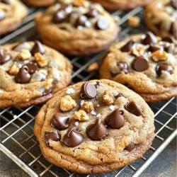 To make the irresistible ultimate chocolate chip cookies, you need these simple ingredients: - 2 ½ cups all-purpose flour - 1 teaspoon baking soda - ½ teaspoon salt - 1 cup unsalted butter, softened to room temperature - ¾ cup brown sugar, firmly packed - ¾ cup granulated sugar - 1 teaspoon pure vanilla extract - 2 large eggs, at room temperature - 2 cups semi-sweet chocolate chips - 1 cup chopped nuts (optional; walnuts or pecans work well) - ½ teaspoon flaky sea salt for topping These ingredients work together to create a soft, chewy cookie. Each plays a key role in the final taste and texture. The flour gives structure, while the butter adds richness and moisture. The sugars not only sweeten but also help with the browning process. Using room-temperature butter and eggs is vital. This helps the dough mix better and rise nicely. The chocolate chips are the star of the show. They melt slightly, creating gooey pockets of chocolate. If you love nuts, they add crunch and flavor. I recommend using high-quality chocolate chips for the best taste. The flaky sea salt on top adds a perfect finish. It enhances the sweetness and balances the flavors well. For the complete recipe, check out the Full Recipe section. Now, gather these ingredients to start your cookie adventure! - Preheat the oven to 375°F (190°C). - Line a baking sheet with parchment paper. Start by warming up your oven, so it’s ready when you are. Lining the baking sheet helps cookies come off easily. You don’t want them to stick! - Whisk together flour, baking soda, and salt. In a medium bowl, grab a whisk and mix the flour, baking soda, and salt. This step helps to evenly distribute the baking soda and salt. Set this bowl aside for later. - Beat together softened butter, brown sugar, and granulated sugar until creamy. In a large bowl, beat the softened butter with the brown sugar and granulated sugar. Use an electric mixer on medium speed. Mix for about 2-3 minutes. You want it to be creamy and smooth. This step adds air, making your cookies light. - Incorporate vanilla extract and eggs one at a time. Next, pour in the vanilla extract. Then add the eggs one at a time, mixing well after each addition. This ensures everything combines nicely. - Fold dry ingredients into wet ingredients until just combined. Now, take the bowl with your dry ingredients. Gradually fold it into the wet mixture. Be gentle! Overmixing can make your cookies tough. Stop when you see no more dry flour. - Fold in chocolate chips and nuts. - Drop cookie dough onto prepared baking sheet. Using a spatula, fold in the chocolate chips and any nuts you like. Then, scoop rounded mounds of dough onto your baking sheet. Space them about 2 inches apart. This allows room for spreading. - Bake for 10-12 minutes. - Cool on the baking sheet before transferring to wire rack. Place the baking sheet in the oven and bake for 10-12 minutes. Look for lightly golden edges while the centers stay soft. Once done, take them out and let them cool on the sheet for about 5 minutes. Then, move them to a wire rack to cool completely. By following these steps, you'll have warm, gooey, and delicious cookies that everyone will love. For the full recipe, check the details above! - Do not overmix when combining ingredients. Overmixing can lead to tough cookies. - Use room temperature ingredients. They mix better and help the dough rise nicely. - Rotate the baking sheet halfway through. This helps cookies bake evenly all around. - Watch for golden edges and soft centers. This means your cookies are just right! - Serve the cookies with a glass of milk or a scoop of vanilla ice cream. This makes for a delightful treat! Enjoy your Ultimate Chocolate Chip Cookies with these simple tips for the best results. For the complete recipe, check the Full Recipe section above. {{image_4}} You can switch the chocolate chips in the recipe. Try using milk chocolate chips for a sweeter taste. Dark chocolate chips bring a rich flavor and more cocoa. You can even mix both types for a perfect balance. This way, each bite is a delicious surprise. If you like nuts, walnuts and pecans work great. But some people prefer cookies without nuts. You can easily leave them out. If you want to try new nuts, use almonds or hazelnuts. Just chop them finely before adding. This gives your cookies a fun crunch. Want to make your cookies even more special? Add coconut flakes for a tropical twist. Toffee bits bring a fun chewiness. You can also mix in some espresso powder for a coffee kick. These small changes can turn your cookies into a unique treat. Check out the Full Recipe for ideas on how to include these enhancements! Store your cookies in an airtight container at room temperature. They will stay fresh for up to 1 week. This keeps them soft and chewy. If you want them to last longer, consider these other options. For long-term storage, freeze the cookies. Place them in a single layer on a baking sheet first. This prevents them from sticking together. After they freeze for a few hours, transfer them to a freezer-safe container. You can freeze them for up to 3 months. To enjoy soft cookies again, reheat them. You can use the microwave or the oven. If using the microwave, heat for about 10-15 seconds. If using the oven, set it to 350°F (175°C) and warm for 5-7 minutes. This restores their original texture and flavor. For the best taste, eat them warm right after reheating. Remember, these tips help you savor every bite of your ultimate chocolate chip cookies. Don't forget to check the Full Recipe for more details! The texture of your cookies depends on a few key ingredients and the baking time. If you want chewy cookies, use more brown sugar than white sugar. Brown sugar has more moisture, which helps keep cookies soft. On the other hand, using more white sugar can lead to crispy cookies. Also, if you bake them longer, they will be crunchier. So, watch the time closely! Yes, you can make the dough ahead of time! You can chill the dough in the fridge for up to 3 days. Just wrap it tightly in plastic wrap. If you want to freeze it, scoop the dough into balls and freeze them on a baking sheet. After they are frozen, place them in a freezer bag. They will last for about 3 months. To tell if your cookies are done, look for a few signs. The edges should be lightly golden, but the middle might look soft. That’s okay! They will continue to bake on the tray. You can also gently press the center with a finger. If it springs back, they are ready! Yes, you can make gluten-free cookies! Instead of all-purpose flour, use gluten-free flour blends. Look for blends that have xanthan gum, which helps with texture. You may also try almond flour or coconut flour, but these will change the taste and texture a bit. Adding dried fruit is easy and fun! Use about 1 cup of dried fruit per batch. Make sure to chop larger pieces into smaller bits. Mix them into the dough gently, so they spread evenly throughout your cookies. You can also add nuts or seeds for extra crunch! You can use margarine, but it may change the taste a bit. Butter gives cookies a rich flavor and helps them spread nicely. Margarine has more water, which can make cookies puffier. If you do use margarine, choose one that has at least 80% fat for the best results. For the full recipe, check the Ultimate Chocolate Chip Cookies recipe above. This blog post covered key ingredients, steps, tips, and variations for perfect cookies. Remember, the right mix makes all the difference. Pay attention to texture, baking time, and ingredient quality. You can explore flavors by trying different chocolates or add-ins. Store them well for the best taste. With these tips, you will bake cookies that everyone will love. Enjoy sharing your delicious treats with family and friends!