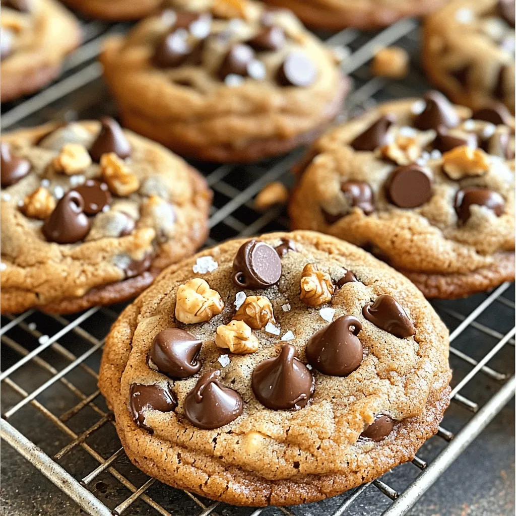 To make the irresistible ultimate chocolate chip cookies, you need these simple ingredients: - 2 ½ cups all-purpose flour - 1 teaspoon baking soda - ½ teaspoon salt - 1 cup unsalted butter, softened to room temperature - ¾ cup brown sugar, firmly packed - ¾ cup granulated sugar - 1 teaspoon pure vanilla extract - 2 large eggs, at room temperature - 2 cups semi-sweet chocolate chips - 1 cup chopped nuts (optional; walnuts or pecans work well) - ½ teaspoon flaky sea salt for topping These ingredients work together to create a soft, chewy cookie. Each plays a key role in the final taste and texture. The flour gives structure, while the butter adds richness and moisture. The sugars not only sweeten but also help with the browning process. Using room-temperature butter and eggs is vital. This helps the dough mix better and rise nicely. The chocolate chips are the star of the show. They melt slightly, creating gooey pockets of chocolate. If you love nuts, they add crunch and flavor. I recommend using high-quality chocolate chips for the best taste. The flaky sea salt on top adds a perfect finish. It enhances the sweetness and balances the flavors well. For the complete recipe, check out the Full Recipe section. Now, gather these ingredients to start your cookie adventure! - Preheat the oven to 375°F (190°C). - Line a baking sheet with parchment paper. Start by warming up your oven, so it’s ready when you are. Lining the baking sheet helps cookies come off easily. You don’t want them to stick! - Whisk together flour, baking soda, and salt. In a medium bowl, grab a whisk and mix the flour, baking soda, and salt. This step helps to evenly distribute the baking soda and salt. Set this bowl aside for later. - Beat together softened butter, brown sugar, and granulated sugar until creamy. In a large bowl, beat the softened butter with the brown sugar and granulated sugar. Use an electric mixer on medium speed. Mix for about 2-3 minutes. You want it to be creamy and smooth. This step adds air, making your cookies light. - Incorporate vanilla extract and eggs one at a time. Next, pour in the vanilla extract. Then add the eggs one at a time, mixing well after each addition. This ensures everything combines nicely. - Fold dry ingredients into wet ingredients until just combined. Now, take the bowl with your dry ingredients. Gradually fold it into the wet mixture. Be gentle! Overmixing can make your cookies tough. Stop when you see no more dry flour. - Fold in chocolate chips and nuts. - Drop cookie dough onto prepared baking sheet. Using a spatula, fold in the chocolate chips and any nuts you like. Then, scoop rounded mounds of dough onto your baking sheet. Space them about 2 inches apart. This allows room for spreading. - Bake for 10-12 minutes. - Cool on the baking sheet before transferring to wire rack. Place the baking sheet in the oven and bake for 10-12 minutes. Look for lightly golden edges while the centers stay soft. Once done, take them out and let them cool on the sheet for about 5 minutes. Then, move them to a wire rack to cool completely. By following these steps, you'll have warm, gooey, and delicious cookies that everyone will love. For the full recipe, check the details above! - Do not overmix when combining ingredients. Overmixing can lead to tough cookies. - Use room temperature ingredients. They mix better and help the dough rise nicely. - Rotate the baking sheet halfway through. This helps cookies bake evenly all around. - Watch for golden edges and soft centers. This means your cookies are just right! - Serve the cookies with a glass of milk or a scoop of vanilla ice cream. This makes for a delightful treat! Enjoy your Ultimate Chocolate Chip Cookies with these simple tips for the best results. For the complete recipe, check the Full Recipe section above. {{image_4}} You can switch the chocolate chips in the recipe. Try using milk chocolate chips for a sweeter taste. Dark chocolate chips bring a rich flavor and more cocoa. You can even mix both types for a perfect balance. This way, each bite is a delicious surprise. If you like nuts, walnuts and pecans work great. But some people prefer cookies without nuts. You can easily leave them out. If you want to try new nuts, use almonds or hazelnuts. Just chop them finely before adding. This gives your cookies a fun crunch. Want to make your cookies even more special? Add coconut flakes for a tropical twist. Toffee bits bring a fun chewiness. You can also mix in some espresso powder for a coffee kick. These small changes can turn your cookies into a unique treat. Check out the Full Recipe for ideas on how to include these enhancements! Store your cookies in an airtight container at room temperature. They will stay fresh for up to 1 week. This keeps them soft and chewy. If you want them to last longer, consider these other options. For long-term storage, freeze the cookies. Place them in a single layer on a baking sheet first. This prevents them from sticking together. After they freeze for a few hours, transfer them to a freezer-safe container. You can freeze them for up to 3 months. To enjoy soft cookies again, reheat them. You can use the microwave or the oven. If using the microwave, heat for about 10-15 seconds. If using the oven, set it to 350°F (175°C) and warm for 5-7 minutes. This restores their original texture and flavor. For the best taste, eat them warm right after reheating. Remember, these tips help you savor every bite of your ultimate chocolate chip cookies. Don't forget to check the Full Recipe for more details! The texture of your cookies depends on a few key ingredients and the baking time. If you want chewy cookies, use more brown sugar than white sugar. Brown sugar has more moisture, which helps keep cookies soft. On the other hand, using more white sugar can lead to crispy cookies. Also, if you bake them longer, they will be crunchier. So, watch the time closely! Yes, you can make the dough ahead of time! You can chill the dough in the fridge for up to 3 days. Just wrap it tightly in plastic wrap. If you want to freeze it, scoop the dough into balls and freeze them on a baking sheet. After they are frozen, place them in a freezer bag. They will last for about 3 months. To tell if your cookies are done, look for a few signs. The edges should be lightly golden, but the middle might look soft. That’s okay! They will continue to bake on the tray. You can also gently press the center with a finger. If it springs back, they are ready! Yes, you can make gluten-free cookies! Instead of all-purpose flour, use gluten-free flour blends. Look for blends that have xanthan gum, which helps with texture. You may also try almond flour or coconut flour, but these will change the taste and texture a bit. Adding dried fruit is easy and fun! Use about 1 cup of dried fruit per batch. Make sure to chop larger pieces into smaller bits. Mix them into the dough gently, so they spread evenly throughout your cookies. You can also add nuts or seeds for extra crunch! You can use margarine, but it may change the taste a bit. Butter gives cookies a rich flavor and helps them spread nicely. Margarine has more water, which can make cookies puffier. If you do use margarine, choose one that has at least 80% fat for the best results. For the full recipe, check the Ultimate Chocolate Chip Cookies recipe above. This blog post covered key ingredients, steps, tips, and variations for perfect cookies. Remember, the right mix makes all the difference. Pay attention to texture, baking time, and ingredient quality. You can explore flavors by trying different chocolates or add-ins. Store them well for the best taste. With these tips, you will bake cookies that everyone will love. Enjoy sharing your delicious treats with family and friends!