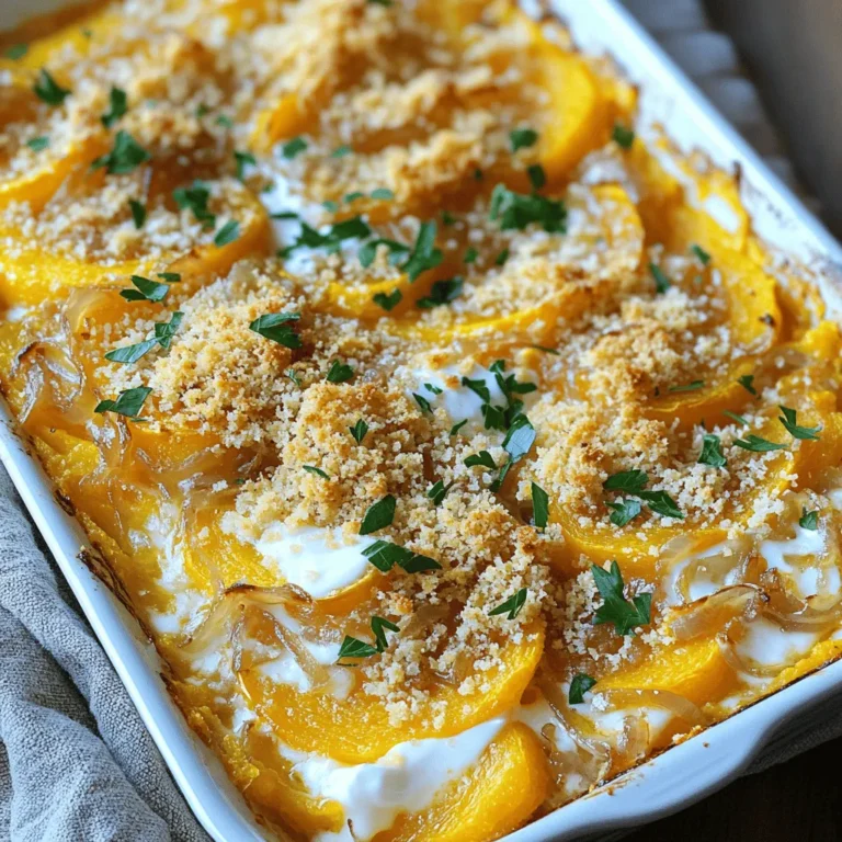 For a delicious French onion squash casserole, gather these key ingredients: - 2 medium butternut squashes, peeled and diced into 1-inch cubes - 2 large onions, thinly sliced into rings - 3 cups vegetable broth - 1 cup grated Gruyère cheese, plus extra for garnish - 1/2 cup sour cream - 1 teaspoon dried or fresh thyme leaves - 1 tablespoon extra virgin olive oil - 2 cloves garlic, finely minced - Salt and freshly ground black pepper to taste - 1 cup seasoned breadcrumbs - 1 tablespoon fresh parsley, chopped, for a vibrant garnish You may want to change some ingredients based on what you have. Here are some great swaps: - Butternut Squash: Try acorn squash or sweet potatoes for different flavors. - Gruyère Cheese: Use Swiss or mozzarella if you need a milder cheese. - Sour Cream: Plain yogurt works well here as a lighter option. - Vegetable Broth: Chicken broth can add more flavor if you prefer. To make your casserole shine even more, serve it with these tasty sides: - A fresh green salad with a simple vinaigrette. - Crusty bread or dinner rolls for dipping. - Roasted vegetables for a colorful plate. - A sprinkle of extra herbs like thyme or parsley for freshness. Follow this guide to create a lovely and flavorful French onion squash casserole. For the full recipe, check out the details above. Start by preheating your oven to 375°F (190°C). This step warms the oven, ensuring even cooking. Grab a 9x13-inch casserole dish and lightly grease it with olive oil or butter. This helps prevent the casserole from sticking. Next, heat 1 tablespoon of olive oil in a large pot over medium heat. Add the sliced onions. Stir them often for about 15 to 20 minutes. You want them soft and golden brown. This process makes them sweet and full of flavor. With 2 minutes left, add 2 cloves of minced garlic. Stir it in to infuse the dish with that rich garlic taste. In a large mixing bowl, combine the following ingredients: - 2 medium butternut squashes, peeled and diced into 1-inch cubes - The caramelized onions from your pot - 3 cups vegetable broth - 1 teaspoon dried or fresh thyme leaves - Salt and freshly ground black pepper to taste Gently mix everything. Make sure the squash is well-coated with the broth and spices. Pour this mixture into your prepared casserole dish. Spread it out evenly. For the topping, mix 1 cup of seasoned breadcrumbs with 1 cup of grated Gruyère cheese and a pinch of salt and pepper in another bowl. Sprinkle this mix over the squash layer. Finally, dollop 1/2 cup of sour cream evenly across the top. It adds a creamy texture. Cover the dish with aluminum foil and bake it for 30 minutes. After that, remove the foil. Bake for another 20 minutes. This step makes the squash tender and the top crispy. When done, let the casserole cool for a few minutes. Garnish with fresh parsley for a pop of color. Enjoy your savory French onion butternut squash casserole! To caramelize onions, you need time and patience. Start with a large skillet over medium heat. Add your sliced onions and a bit of olive oil. Stir them often. This helps them cook evenly. Cook for 15 to 20 minutes until they turn golden brown. To add depth, add minced garlic in the last two minutes. This step gives your casserole a rich flavor. Layering is crucial for even cooking. Start with the butternut squash mix. Spread it evenly in your greased casserole dish. Next, add the caramelized onions on top. This helps the flavors meld together. After that, sprinkle the breadcrumb and cheese mix evenly over the top. Finally, dollop sour cream across the surface. This layering keeps everything moist and flavorful. Serve your casserole hot from the oven. It pairs well with a simple green salad. A crisp salad adds a nice crunch. You can also serve it with crusty bread to soak up the flavors. For a fun twist, top each serving with extra Gruyère cheese. This adds a melty touch that everyone loves. For the full recipe, check the section above. {{image_4}} If you want a gluten-free version, choose gluten-free breadcrumbs. Many stores sell them. You can also make your own. Just pulse gluten-free bread in a food processor. This option keeps the dish tasty and safe for those with gluten issues. Cheese can change the taste of your casserole. Gruyère is great, but you can try others. Cheddar offers a sharp bite. Feta adds a tangy twist. For a creamy touch, use goat cheese. Mix and match to find your favorite flavors. While butternut squash shines here, other squashes work too. Try acorn squash for a nutty flavor. Zucchini adds moisture and softness. Pumpkin can give a sweet touch. Each squash brings its own flair, making this dish fun year-round. To store leftovers, first let the casserole cool. Then, cover it tightly with plastic wrap or aluminum foil. You can also transfer it to an airtight container. Leftovers will stay fresh in the fridge for about three to four days. When you are ready to reheat, preheat your oven to 350°F (175°C). Place the casserole in a baking dish. Cover it with foil to keep it from drying out. Heat for about 20-25 minutes or until warmed through. If you want a crispy top, remove the foil for the last 5 minutes. For long-term storage, you can freeze the casserole. Slice it into portions for easy use. Wrap each portion in plastic wrap, then in foil. Label them with the date. It will last in the freezer for up to three months. To thaw, move it to the fridge overnight. Reheat as mentioned above for the best texture. For the full recipe, check out the complete guide on making this dish. Yes, you can use frozen squash or onions. However, fresh vegetables give the best taste. Frozen veggies may have extra water. Drain them well before using. This keeps your casserole from getting too watery. You can use Greek yogurt as a great substitute for sour cream. It has a similar texture and taste. Cream cheese or cashew cream also works well. Just blend them until smooth for a creamy finish. To prevent sogginess, ensure you cook the onions well. Caramelizing them reduces their moisture. Also, avoid adding too much broth. Use the right amount to keep the texture firm. Lastly, bake the casserole uncovered in the last part of cooking. For the full recipe, refer to the Savory French Onion Butternut Squash Casserole section above. This dish is not only easy to make but also full of rich flavors. Enjoy! In this blog post, we explored how to make a tasty French Onion Squash Casserole. We reviewed key ingredients and smart substitutes. You learned step-by-step instructions for cooking and layering. I shared tips for perfect caramelization and creative variations, plus how to store and reheat leftovers. Always remember, cooking is about experimenting. Enjoy the flavors and make this dish your own! The joy of cooking comes from trying new things and sharing them with friends.