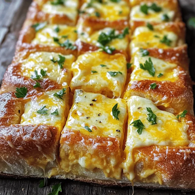 To make cheesy garlic pull apart bread, gather these simple ingredients. Each one plays a key role in creating that warm, gooey delight. - 1 loaf of Italian or French bread - 1 cup shredded mozzarella cheese - 1 cup shredded cheddar cheese - 1/2 cup unsalted butter, melted - 4 cloves garlic, finely minced - 1 tablespoon fresh parsley, chopped finely - 1/2 teaspoon dried oregano - 1/2 teaspoon salt - 1/4 teaspoon freshly ground black pepper - Optional: a pinch of red pepper flakes for extra heat These ingredients blend together to bring out rich flavors. The buttery garlic mixture infuses the bread, while the cheese creates that irresistible pull apart effect. Each bite bursts with flavor and warmth. For more details, check out the Full Recipe. This recipe is perfect for gatherings or cozy nights in. Don’t forget to have a dipping sauce ready; it pairs beautifully! 1. Preheating the oven Start by preheating your oven to 350°F (175°C). This step is key for even baking and melting cheese. 2. Mixing the garlic butter In a small bowl, combine the melted butter, minced garlic, chopped parsley, oregano, salt, and black pepper. Mix well to create a tasty garlic butter. If you like spice, add a pinch of red pepper flakes. 3. Slicing the bread properly Take your loaf of Italian or French bread. Slice it carefully both horizontally and vertically, creating small square sections. Do not cut through the bottom crust. This keeps the loaf together. 1. Drizzling the garlic butter mixture Place the sliced bread on a large piece of aluminum foil. Use a spoon or pastry brush to drizzle the garlic butter into all the cuts. Make sure each piece is well coated with that buttery goodness. 2. Stuffing the cheese Now, take the shredded mozzarella and cheddar cheese. Stuff it into each cut of the bread. Spread the cheese evenly throughout for maximum cheesy delight. 1. Wrapping and baking instructions Wrap the bread tightly in aluminum foil, sealing it well. This keeps moisture in during baking. Place the wrapped bread on a baking sheet for easy handling. 2. Achieving the perfect golden finish Bake the bread in your preheated oven for 15-20 minutes. This allows the cheese to melt and the bread to toast. After that, unwrap the foil and bake for another 5 minutes. This step gives you a golden, crispy top. Now, you have a delicious cheesy garlic pull apart bread ready to enjoy! If you want the full details, check out the Full Recipe. - How to avoid soggy bread To keep your bread crispy, do not over-saturate it with the garlic butter. Use just enough to coat the cuts. Also, make sure to wrap the bread loosely in foil. This allows steam to escape, keeping the crust nice and crunchy. - Ensuring even cheese distribution When stuffing the cheese, use a mix of shredded mozzarella and cheddar. Spread it evenly across all cuts. Press the cheese down gently to push it into the bread. This way, every bite will have that cheesy goodness you crave. - Presentation ideas for serving For a great look, place the pull-apart bread on a wooden board. Garnish it with some fresh parsley for color. You can even sprinkle a bit of extra cheese on top for a fun touch. - Pairing options with dips or sides Serve the bread with a small bowl of marinara sauce for dipping. You could also try it with a creamy ranch dressing or a spicy aioli. These dips add a nice kick and make it even more fun to eat. - Fixing overcooked or undercooked bread If your bread is overcooked, it can become hard. To fix this, wrap it in a damp paper towel and microwave it for a few seconds. If it's undercooked, pop it back in the oven for a few more minutes. Check often to prevent burning. - Adjusting flavors and spice levels If the flavor is too mild, add more garlic or spices next time. A pinch of red pepper flakes can add a nice kick. Taste the garlic butter before using it to ensure it has the flavor you want. {{image_4}} You can change the type of bread to fit your taste. Try using a sourdough loaf for a tangy twist. Whole wheat bread adds a nutty flavor. Each type brings its own charm. For cheese, while mozzarella and cheddar shine, you can mix it up. Gouda melts wonderfully and adds a rich flavor. Cream cheese gives a creamy texture. Experiment with your favorites! Herbs and spices can really change the game. Add fresh basil for a sweet touch. A bit of thyme brings earthiness. You can also sprinkle in some chili powder for heat. Switch sauces or toppings too! Drizzle some pesto if you want a herbal kick. A layer of marinara sauce offers a classic Italian flavor. The choices are endless! If you need gluten-free options, look for gluten-free bread. Many brands offer tasty alternatives that work well in this recipe. For dairy-free needs, try dairy-free cheese. There are great brands today that melt nicely. Nutritional yeast can add a cheesy flavor without dairy. This way, everyone can enjoy cheesy garlic pull apart bread, no matter their diet! For the full recipe, check the details above! After you enjoy your cheesy garlic pull apart bread, you might have some leftovers. To keep it fresh, wrap it tightly in plastic wrap or aluminum foil. This will help prevent it from drying out. Store it at room temperature for up to two days. If you notice it getting stale, it’s time to use it or freeze it. If you want to save your cheesy garlic pull apart bread for later, freezing is a great option. First, let the bread cool completely. Then, wrap it tightly in plastic wrap and aluminum foil. This will keep it safe in the freezer for up to three months. When you're ready to eat it, simply take it out and let it thaw in the fridge overnight. For reheating, wrap it in foil and bake it at 350°F (175°C) for about 15 minutes. This keeps the bread soft and the cheese melty. Leftover cheesy garlic pull apart bread can be transformed into other tasty dishes. You can slice it into cubes and use it for a savory bread pudding. Or, you could turn it into croutons for a salad. Just cut the bread, toss it in olive oil and herbs, and bake until crispy. You can also make a delicious garlic bread soup by adding it to a broth with veggies. The options are endless with this delightful bread! How long will cheesy garlic pull apart bread last? Cheesy garlic pull apart bread stays fresh for about 2 days at room temperature. Keep it in an airtight bag. For longer storage, wrap it tightly and freeze it for up to three months. Can I make this recipe in advance? Yes, you can prepare it a few hours ahead. Just wrap the bread after adding the garlic butter and cheese. Store it in the fridge, then bake when ready to serve. What can I serve with cheesy garlic pull apart bread? This bread pairs well with marinara sauce or a fresh salad. You can also serve it with soups for a hearty meal. Can I use a different type of cheese? Absolutely! You can use any cheese you like. Gouda, pepper jack, or even feta can add great flavors. Is there a gluten-free version of this recipe? Yes, you can use gluten-free bread. Just make sure it has a good texture for pulling apart. What’s the best way to reheat leftover cheesy garlic pull apart bread? To reheat, wrap it in foil and place it in a preheated oven at 350°F (175°C) for about 10-15 minutes. This keeps the bread soft and the cheese melty. For the full recipe, check out the details above! This blog post covered how to make cheesy garlic pull apart bread. We explored the best ingredients, shared step-by-step instructions, and offered handy tips. Remember to choose the right bread and cheese for the best flavor. Get creative with herbs and toppings to make it your own. Proper storage helps keep leftovers fresh. You can use this bread in many ways. Enjoy making this tasty treat and impress your friends and family!