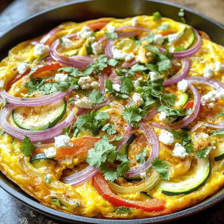 - Eggs and Milk: The base of our frittata is eggs. They give it structure and richness. Whole milk adds creaminess and flavor. - Vegetables: We use red onion, red bell pepper, and zucchini. These veggies bring color and nutrition. Their flavors blend well in the frittata. - Spices: Cumin, paprika, and cinnamon give this dish a warm, earthy taste. Cumin adds a nutty flavor, while smoked paprika offers a hint of sweetness. A touch of cinnamon rounds it all off. - Fresh Herbs: Cilantro adds a fresh, bright note. It balances the frittata's richness and enhances the overall flavor. - Protein Boost: Chickpeas not only add texture but also protein. They make the frittata hearty and filling. Use cooked chickpeas, thoroughly mashed, for best results. - Optional Garnish: Feta cheese can be sprinkled on top. It adds a salty, creamy finish. This optional ingredient elevates the dish even more. For the full recipe, check the section titled Full Recipe. 1. Preheating the Oven: Start by preheating your oven to 375°F (190°C). This step is key for a well-cooked frittata. 2. Whisking Together Eggs and Chickpeas: In a large bowl, whisk together 6 large eggs and 1/2 cup of whole milk. This creates a creamy base. Next, add in 1/2 cup of cooked chickpeas, mashed well. This adds texture and flavor. 3. Sautéing Vegetables in Olive Oil: Heat 2 tablespoons of extra virgin olive oil in a large oven-safe skillet over medium heat. Once the oil is hot, add in 1 finely chopped small red onion. Sauté for 2-3 minutes until soft. Then, add 1 diced red bell pepper and 1 grated medium zucchini. Cook for an additional 3-4 minutes until the veggies are tender. 1. Incorporating Spices into the Vegetable Mixture: Sprinkle in 1 teaspoon of ground cumin, 1 teaspoon of smoked paprika, and 1/2 teaspoon of ground cinnamon. Add salt and pepper to taste. Stir well to mix the spices with the vegetables. 2. Pouring Egg Mixture Over Vegetables: Carefully pour the egg and chickpea mixture over the sautéed vegetables in the skillet. Make sure it spreads evenly over all the veggies. 3. Cooking on Stovetop Before Baking: Let the frittata cook on the stovetop for about 5 minutes. You want the edges to set while the center is still a bit jiggly. 1. Oven Transfer and Baking Time: Off the heat, sprinkle 1/2 cup of roughly chopped fresh cilantro over the frittata. If you'd like, add crumbled feta cheese on top. Carefully transfer the skillet to the oven and bake for 15-20 minutes. 2. Checking for Doneness: Your frittata is done when it is puffed and golden. A toothpick inserted in the center should come out clean. 3. Cooling and Serving Suggestions: Once baked, take the skillet out of the oven. Let it cool for a few minutes. Slice into wedges and serve warm. Enjoy this flavor-packed dish with a side salad or fresh bread. For the full recipe, check out the details above! Choosing the Right Pan: Oven-Safe Skillets Using an oven-safe skillet is key. I recommend one made of cast iron or stainless steel. These materials heat evenly and hold heat well. They also go from stovetop to oven without any issues. Avoid using non-stick pans for baking, as they do not hold up well in high heat. Ensuring Even Cooking: Stovetop Tips To cook the frittata evenly, keep the heat on medium. This lets the eggs set without burning the bottom. Gently stir the mixture a few times while it cooks. Watch for the edges to firm up before you move it to the oven. This step ensures that your frittata has a nice rise and fluffy texture. Ideal Accompaniments for Flavor Enhancement Pair your Moroccan frittata with a fresh salad. A simple mix of greens, cucumber, and tomatoes works well. Drizzle a bit of olive oil and lemon juice on top to brighten the flavors. You can also serve it with crusty bread for a hearty meal. Presentation Tips for a Beautiful Serving Serve the frittata on a rustic wooden board. Sprinkle extra cilantro on top for a pop of color. Wedge slices look great and are easy to serve. For an extra touch, add a few olives or sliced radishes around the frittata. This adds interest and makes the dish visually appealing. {{image_4}} You can easily change this Moroccan frittata to suit your taste. - Adding Different Vegetables: Try using spinach or mushrooms. These greens add great flavor. Spinach wilts nicely, while mushrooms give a hearty bite. - Meat Variants: If you want more protein, add sausage or chicken. Cook them first, then mix into the egg blend. This adds richness and keeps the dish filling. Spices make the Moroccan frittata special. You can adjust them based on your likes. - Experimenting with Additional Spices: Harissa or turmeric can add a nice twist. Harissa brings heat and depth, while turmeric adds warmth and color. - Adjusting the Heat: Want more spice? Add chili peppers to the mix. They give a kick that plays well with the other flavors. Start with a little, then add more if you dare. Feel free to explore these variations to create your perfect Moroccan frittata! For the complete recipe, check out the Full Recipe section. Refrigeration Guidelines: How Long Does It Last? You can keep your Moroccan frittata in the fridge for up to four days. Make sure to place it in an airtight container to keep it fresh. This way, it will not absorb other smells from the fridge. Freezing Tips for Long-Term Storage If you want to store it longer, freeze the frittata. Wrap it tightly in plastic wrap, then place it in a freezer bag. It can last for about two months in the freezer. When you are ready to eat, simply thaw it in the fridge overnight. Best Methods for Reheating the Frittata To reheat, use the oven for best results. Preheat your oven to 350°F (175°C). Place the frittata on a baking sheet and cover it with foil. Heat it for about 15 to 20 minutes. You can also use a microwave, but the oven keeps it crisp. Flavor Preservation Techniques To keep flavors fresh, add a few drops of olive oil before reheating. This adds moisture and enhances the taste. You can also sprinkle some fresh herbs on top after reheating for extra flavor. To check if your frittata is done, look for these signs: - The edges should be set and slightly puffed. - The center should still jiggle a bit when you shake the pan. - A toothpick inserted in the middle should come out clean. These signs show that the frittata is ready to come out of the oven. It will continue to cook a little from the heat after you take it out. Keep an eye on it to avoid overcooking. Yes, you can make frittata ahead of time. This makes it a great meal prep option. Here are some tips to help you: - Cook the frittata and let it cool completely. - Store it in an airtight container in the fridge. It will last up to 3 days. - You can also freeze it for up to 2 months. Slice it into wedges before freezing for easy serving. When you're ready to eat, simply reheat in the oven or microwave. This makes it perfect for busy mornings or quick lunches. Moroccan frittata pairs well with several dishes. Here are some tasty ideas: - A fresh salad with mixed greens, tomatoes, and cucumbers. - Warm pita bread or crusty bread for dipping. - A side of yogurt or tzatziki for creaminess and tang. - Roasted vegetables to add more flavor and texture. These sides enhance the frittata's spices and make for a complete meal. Enjoy your frittata with these delightful options for a full experience. For a detailed guide, check the Full Recipe for Moroccan Frittata. The Moroccan frittata combines simple ingredients for a dish full of flavor. Remember to use eggs, fresh veggies, and warm spices to create a tasty meal. Don't forget to try chickpeas for added protein and herbs for extra flavor. Perfect your frittata with tips on cooking and serving. Variations let you customize it to your height. Store leftovers well, and reheating makes it easy to enjoy later. Dive into this unique dish and impress your family or friends. Cooking can be fun and rewarding, so enjoy every bite!