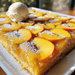 To make a Peach Upside Down Cake, gather these items: - 3 ripe peaches, pitted and sliced into wedges - 1/2 cup unsalted butter, divided - 3/4 cup packed brown sugar - 1 cup all-purpose flour - 1 teaspoon baking powder - 1/2 teaspoon baking soda - 1/4 teaspoon salt - 1/2 teaspoon ground cinnamon - 1/2 cup granulated sugar - 2 large eggs, room temperature - 1 teaspoon pure vanilla extract - 1/2 cup buttermilk, room temperature Quality matters. Use ripe peaches for the best flavor. If you can't find fresh peaches, canned or frozen peaches work too. Just make sure to drain canned peaches well. Use real vanilla extract, not imitation, for a richer taste. When baking, measuring accurately is key. For dry ingredients, use a spoon to fill your measuring cup, then level it off with a knife. For wet ingredients, use a liquid measuring cup for easy pouring. Room temperature ingredients mix better. Set your eggs and buttermilk out for about 30 minutes before you start. This makes your cake light and fluffy. Start by greasing your cake pan well. Use 1/4 cup of unsalted butter to coat the bottom and sides. This will help the cake release easily. For a bit of flair, sprinkle some brown sugar on the bottom after greasing. This gives a nice caramel layer. Next, slice your three ripe peaches. Arrange the peach slices in a circle, starting from the outside and moving to the center. Make it pretty! This design will show when you flip the cake later. In a mixing bowl, take the dry ingredients: flour, baking powder, baking soda, salt, and cinnamon. Whisk them together to mix well. In another large bowl, cream 1/4 cup of butter and granulated sugar until light. Add in the eggs one at a time. Mix well after each egg. Then, stir in the vanilla. Now, alternate adding the dry ingredients and the buttermilk into the butter mixture. Start with the dry, then the buttermilk, and end with dry. Mix just until blended. Avoid overmixing, as this can make the cake dense. Preheat your oven to 350°F (175°C) before baking. Pour the cake batter over the arranged peaches in the pan. Smooth the top with a spatula. Bake for 35-40 minutes. To check if it's done, insert a toothpick into the center. If it comes out clean, your cake is ready. Once baked, cool for 10 minutes in the pan. Then, carefully invert it onto a plate to show off the beautiful peaches on top. Enjoy this Peach Upside Down Cake Delightful and Simple Treat! For the complete recipe, check the Full Recipe. To make a light and fluffy cake, use room temperature ingredients. This means your eggs and buttermilk should be warm. They mix better and help the cake rise. Cream the butter and sugar well for about three to five minutes. This adds air to the batter. When mixing dry and wet ingredients, do it gently. Overmixing makes the cake dense. For leftover cake, store it in an airtight container. Keep it at room temperature for up to two days. You can also refrigerate it for about a week. If you want to keep it longer, freeze it. Wrap each slice in plastic wrap, then place in a freezer bag. It stays fresh for up to three months. Some common mistakes include using cold ingredients. This can lead to a dense cake. Another mistake is overmixing the batter. This makes the cake tough and chewy. Always check your oven temperature. An oven that’s too hot can burn the cake, while one that’s too cool leads to sinking. If your cake sinks in the middle, it may need more baking time. Make sure to test with a toothpick. It should come out clean when done. Also, avoid opening the oven door too often. This lets heat escape and can cause sinking. For more details on making this cake, check the full recipe. {{image_4}} You can easily boost the flavor of your peach upside-down cake. Adding spices can work wonders. Try mixing in a pinch of nutmeg or cardamom for warmth. You can also add a bit of lemon or orange zest. This addition brightens the cake and complements the peaches. If you want to swap out peaches, consider other fruits. Pineapples are a classic choice. You can also use plums, cherries, or even apples. Each fruit offers a unique taste, making your cake special every time. If you need a gluten-free version, use a 1:1 gluten-free flour blend. This swap keeps the cake soft and moist. To make it vegan, replace the eggs with flax eggs. Mix one tablespoon of ground flaxseed with three tablespoons of water. Let it sit for five minutes to thicken. For butter, use coconut oil or vegan butter. These swaps keep the texture smooth without losing flavor. Enjoy your peach upside-down cake, tailored to fit your needs! For the full recipe and detailed instructions, check out the Peach Paradise Upside Down Cake. To keep your peach upside-down cake fresh, store it properly. First, let the cake cool completely. Then, wrap it tightly in plastic wrap. Place it in an airtight container. This method keeps the cake moist and tasty for about three days at room temperature. If you want to save it longer, freezing is a great option. Cut the cake into slices, wrap each slice in plastic wrap, and then place them in a freezer bag. It can last up to three months in the freezer. When you're ready to enjoy your leftover cake, reheating is key. Preheat your oven to 350°F (175°C). Place a slice of cake on a baking sheet. Heat it in the oven for about 10 minutes. This warms the cake without drying it out. You can also use the microwave. Heat a slice for about 20 seconds, but be careful not to overdo it. For serving, a scoop of vanilla ice cream pairs well with the warm cake. You can also dust it with powdered sugar for an added touch of sweetness. For the full recipe, check out Peach Paradise Upside Down Cake. Your cake is done when it is golden brown and springs back when touched. Insert a toothpick into the center. If it comes out clean, the cake is ready. You can also look for a slight pull away from the sides of the pan. These signs show that the cake has baked well. Yes, you can make this cake in advance. Prepare the cake up to the baking step. Cover it tightly and place it in the fridge for up to one day. When ready, bake it fresh. You can also bake it a day before and store it. Just make sure to let it cool completely before wrapping it. You can use many fruits for an upside-down cake. Here are some great options: - Pineapple - Apples - Pears - Plums - Cherries Seasonal variations can make it fun! Try using strawberries in spring or cranberries in fall. Each fruit offers a unique taste and pairs well with the caramel base. This blog post outlined all you need for a Peach Upside Down Cake. We went through the key ingredients, measurement tips, and step-by-step instructions. You learned how to prepare your pan, mix the batter, and bake it perfectly. We shared tips for texture and common mistakes to avoid. There were also fun variations and storage advice. Remember, baking is about experimenting. Feel free to try new fruits and flavors. Enjoy each slice and share your cake with friends and family!