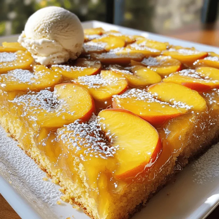 To make a Peach Upside Down Cake, gather these items: - 3 ripe peaches, pitted and sliced into wedges - 1/2 cup unsalted butter, divided - 3/4 cup packed brown sugar - 1 cup all-purpose flour - 1 teaspoon baking powder - 1/2 teaspoon baking soda - 1/4 teaspoon salt - 1/2 teaspoon ground cinnamon - 1/2 cup granulated sugar - 2 large eggs, room temperature - 1 teaspoon pure vanilla extract - 1/2 cup buttermilk, room temperature Quality matters. Use ripe peaches for the best flavor. If you can't find fresh peaches, canned or frozen peaches work too. Just make sure to drain canned peaches well. Use real vanilla extract, not imitation, for a richer taste. When baking, measuring accurately is key. For dry ingredients, use a spoon to fill your measuring cup, then level it off with a knife. For wet ingredients, use a liquid measuring cup for easy pouring. Room temperature ingredients mix better. Set your eggs and buttermilk out for about 30 minutes before you start. This makes your cake light and fluffy. Start by greasing your cake pan well. Use 1/4 cup of unsalted butter to coat the bottom and sides. This will help the cake release easily. For a bit of flair, sprinkle some brown sugar on the bottom after greasing. This gives a nice caramel layer. Next, slice your three ripe peaches. Arrange the peach slices in a circle, starting from the outside and moving to the center. Make it pretty! This design will show when you flip the cake later. In a mixing bowl, take the dry ingredients: flour, baking powder, baking soda, salt, and cinnamon. Whisk them together to mix well. In another large bowl, cream 1/4 cup of butter and granulated sugar until light. Add in the eggs one at a time. Mix well after each egg. Then, stir in the vanilla. Now, alternate adding the dry ingredients and the buttermilk into the butter mixture. Start with the dry, then the buttermilk, and end with dry. Mix just until blended. Avoid overmixing, as this can make the cake dense. Preheat your oven to 350°F (175°C) before baking. Pour the cake batter over the arranged peaches in the pan. Smooth the top with a spatula. Bake for 35-40 minutes. To check if it's done, insert a toothpick into the center. If it comes out clean, your cake is ready. Once baked, cool for 10 minutes in the pan. Then, carefully invert it onto a plate to show off the beautiful peaches on top. Enjoy this Peach Upside Down Cake Delightful and Simple Treat! For the complete recipe, check the Full Recipe. To make a light and fluffy cake, use room temperature ingredients. This means your eggs and buttermilk should be warm. They mix better and help the cake rise. Cream the butter and sugar well for about three to five minutes. This adds air to the batter. When mixing dry and wet ingredients, do it gently. Overmixing makes the cake dense. For leftover cake, store it in an airtight container. Keep it at room temperature for up to two days. You can also refrigerate it for about a week. If you want to keep it longer, freeze it. Wrap each slice in plastic wrap, then place in a freezer bag. It stays fresh for up to three months. Some common mistakes include using cold ingredients. This can lead to a dense cake. Another mistake is overmixing the batter. This makes the cake tough and chewy. Always check your oven temperature. An oven that’s too hot can burn the cake, while one that’s too cool leads to sinking. If your cake sinks in the middle, it may need more baking time. Make sure to test with a toothpick. It should come out clean when done. Also, avoid opening the oven door too often. This lets heat escape and can cause sinking. For more details on making this cake, check the full recipe. {{image_4}} You can easily boost the flavor of your peach upside-down cake. Adding spices can work wonders. Try mixing in a pinch of nutmeg or cardamom for warmth. You can also add a bit of lemon or orange zest. This addition brightens the cake and complements the peaches. If you want to swap out peaches, consider other fruits. Pineapples are a classic choice. You can also use plums, cherries, or even apples. Each fruit offers a unique taste, making your cake special every time. If you need a gluten-free version, use a 1:1 gluten-free flour blend. This swap keeps the cake soft and moist. To make it vegan, replace the eggs with flax eggs. Mix one tablespoon of ground flaxseed with three tablespoons of water. Let it sit for five minutes to thicken. For butter, use coconut oil or vegan butter. These swaps keep the texture smooth without losing flavor. Enjoy your peach upside-down cake, tailored to fit your needs! For the full recipe and detailed instructions, check out the Peach Paradise Upside Down Cake. To keep your peach upside-down cake fresh, store it properly. First, let the cake cool completely. Then, wrap it tightly in plastic wrap. Place it in an airtight container. This method keeps the cake moist and tasty for about three days at room temperature. If you want to save it longer, freezing is a great option. Cut the cake into slices, wrap each slice in plastic wrap, and then place them in a freezer bag. It can last up to three months in the freezer. When you're ready to enjoy your leftover cake, reheating is key. Preheat your oven to 350°F (175°C). Place a slice of cake on a baking sheet. Heat it in the oven for about 10 minutes. This warms the cake without drying it out. You can also use the microwave. Heat a slice for about 20 seconds, but be careful not to overdo it. For serving, a scoop of vanilla ice cream pairs well with the warm cake. You can also dust it with powdered sugar for an added touch of sweetness. For the full recipe, check out Peach Paradise Upside Down Cake. Your cake is done when it is golden brown and springs back when touched. Insert a toothpick into the center. If it comes out clean, the cake is ready. You can also look for a slight pull away from the sides of the pan. These signs show that the cake has baked well. Yes, you can make this cake in advance. Prepare the cake up to the baking step. Cover it tightly and place it in the fridge for up to one day. When ready, bake it fresh. You can also bake it a day before and store it. Just make sure to let it cool completely before wrapping it. You can use many fruits for an upside-down cake. Here are some great options: - Pineapple - Apples - Pears - Plums - Cherries Seasonal variations can make it fun! Try using strawberries in spring or cranberries in fall. Each fruit offers a unique taste and pairs well with the caramel base. This blog post outlined all you need for a Peach Upside Down Cake. We went through the key ingredients, measurement tips, and step-by-step instructions. You learned how to prepare your pan, mix the batter, and bake it perfectly. We shared tips for texture and common mistakes to avoid. There were also fun variations and storage advice. Remember, baking is about experimenting. Feel free to try new fruits and flavors. Enjoy each slice and share your cake with friends and family!