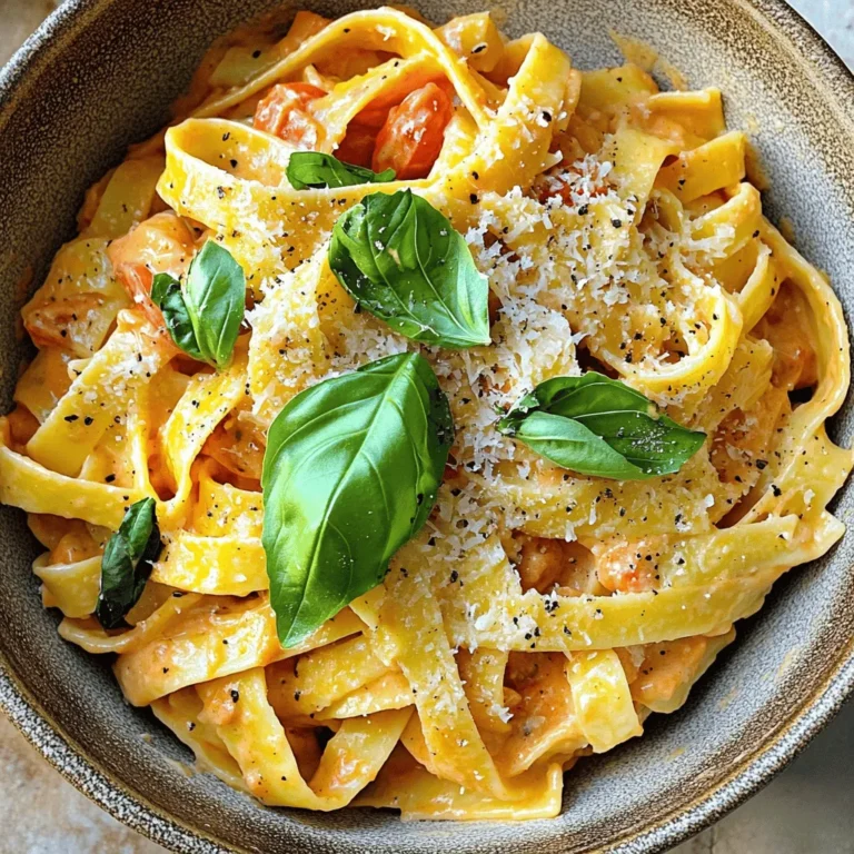 - 12 oz (340g) fettuccine or pasta of your choice - 2 tablespoons olive oil - 3 cloves garlic, minced - 1 can (14 oz) diced tomatoes, drained - 1 cup heavy cream (or coconut cream for a vegan option) The main ingredients create a rich and creamy base for your dish. I recommend using fettuccine, but any pasta works. Olive oil and garlic provide a fragrant foundation. Diced tomatoes add a burst of flavor and color. Heavy cream, or coconut cream for a vegan twist, gives that luscious creaminess we all crave. - 1 teaspoon dried oregano - Salt and freshly cracked black pepper to taste - 1 cup fresh basil leaves, chopped (plus extra for garnish) - 1/2 cup grated Parmesan cheese (omit for vegan option) - Zest of 1 lemon Seasonings bring the dish to life. Dried oregano adds herbal notes, while salt and pepper balance everything out. Fresh basil not only enhances flavor but also adds a vibrant green color. Grated Parmesan cheese adds a salty richness, and lemon zest brightens the sauce. For the Full Recipe, check out the step-by-step guide to create this delight. To start, fill a large pot with water and add a pinch of salt. Bring the water to a rolling boil. Once boiling, add 12 ounces of fettuccine or your favorite pasta. Cook it for about 8 to 10 minutes. You want it to be just al dente, which means it should still have a slight bite. After cooking, drain the pasta in a colander. Be sure to save about 1 cup of that starchy pasta water. Set the pasta aside in a large bowl or pot. Next, grab a spacious skillet and pour in 2 tablespoons of olive oil. Heat it over medium heat. When the oil is warm, add 3 cloves of minced garlic. Sauté the garlic for about 1 to 2 minutes. You want it to smell great and turn light golden. Just watch closely so it doesn't burn. After that, add 1 can of drained diced tomatoes to the skillet. Let them cook for about 2 to 3 minutes. Then, pour in 1 cup of heavy cream or coconut cream if you want a vegan option. Stir everything together and let it simmer gently for about 5 minutes. This will help the sauce thicken a bit. Now it's time to bring everything together. Sprinkle in 1 teaspoon of dried oregano and season with salt and freshly cracked black pepper to taste. Toss in 1 cup of chopped fresh basil leaves and the zest of 1 lemon. Cook it all together for an extra minute to mix those wonderful flavors. Next, carefully add the cooked pasta to the skillet. Toss the pasta in the creamy sauce until each piece is well coated. If the sauce feels too thick, mix in some of that reserved pasta water a little at a time. This will help you achieve the perfect consistency. For extra flavor, fold in 1/2 cup of grated Parmesan cheese if you’re using it. Once melted and mixed, taste the sauce. Adjust the seasoning if needed. Follow this step-by-step guide for a delicious creamy tomato basil pasta using the Full Recipe provided. Enjoy your cooking! To make the sauce just right, focus on the texture. You want it creamy but not too thick. Start with heavy cream or coconut cream. Heat it gently to blend with the tomatoes. If it’s too thick, add some reserved pasta water. This will help loosen it up. Balancing flavors is key for a great sauce. Start with salt and pepper, then add dried oregano. Taste the sauce as you go. Adjust the seasoning until it feels just right. Fresh basil is a must to add brightness. Mix it in right before serving for the best flavor. Garnishing can turn a simple dish into a feast for the eyes. Use fresh basil leaves as a bright garnish. A sprinkle of grated Parmesan cheese adds visual appeal too. Drizzling olive oil on top gives a nice touch. It also enhances the flavor. Choosing the right plateware can elevate your dish even more. Use white plates to make the colors pop. A shallow bowl can also work well for pasta. This allows for easy twirling and enjoying. Remember, a great presentation makes the meal more special. For the full recipe, check out the details above. {{image_4}} You can easily make this dish vegan. Instead of heavy cream, use coconut cream. It adds a lovely flavor. For cheese, skip the Parmesan. Nutritional yeast can give a cheesy taste. Adding vegetables enhances the dish. Try spinach or zucchini for extra nutrition. These veggies blend well with the tomato sauce. You can also throw in bell peppers or mushrooms for more flavor. Fettuccine is great, but many pasta choices work well. Gluten-free pasta can offer a tasty option for those with dietary needs. Whole grain pasta gives you more fiber, making it a healthier pick. If you want alternatives to fettuccine, penne or rotini are also good. They hold sauce well and add a fun twist to your meal. Explore different shapes to find your favorite. For the full recipe, check out the [Full Recipe]. To keep your creamy tomato basil pasta fresh, place it in an airtight container. Store it in the fridge. It stays good for about 3 to 5 days. When you want to eat it again, take it out and let it sit for a few minutes. This helps it warm up a bit. For reheating, I recommend using a skillet. Heat it over medium-low heat. Add a splash of water or extra cream to keep it creamy. Stir gently as it heats up. This way, your pasta won’t dry out. If you use a microwave, cover the dish to keep moisture in. Heat in short bursts, stirring in between. Yes, you can freeze creamy tomato basil pasta! However, keep in mind that the texture may change slightly. I suggest freezing it in single portions. Use freezer-safe bags or containers for easy storage. It can last up to 2 months in the freezer. When you’re ready to eat, thaw it in the fridge overnight. For reheating, use a skillet like before. If the sauce looks thick, add a little milk or cream. Stir until it warms through. Enjoy every bite of your delicious meal! How to make creamy tomato basil pasta from scratch? To make creamy tomato basil pasta from scratch, you will need simple ingredients. First, cook your pasta in boiling salted water. While it's cooking, sauté minced garlic in olive oil. Then, add drained diced tomatoes and heavy cream. Stir in dried oregano, salt, and pepper. Mix in fresh basil and lemon zest. Toss the cooked pasta with the sauce. Finally, add grated Parmesan cheese if desired. For the complete method, check the Full Recipe. What can I substitute for heavy cream? If you want a lighter option, use coconut cream or cashew cream. Both give a rich taste without dairy. You can also use whole milk with a bit of flour for thickness. For a lower-calorie option, use Greek yogurt. Just mix it in off the heat. How to prevent the sauce from curdling? To stop the sauce from curdling, keep the heat low. Always add cream slowly and stir well. Avoid boiling the sauce after adding cream. If using dairy, make sure it’s at room temperature. This helps blend smoothly with the other ingredients. Can I make this dish ahead of time? Yes, you can prepare this dish ahead of time! Cook the pasta and sauce separately. Store them in airtight containers in the fridge. Before serving, mix them together in a pan with a splash of reserved pasta water. This keeps your meal fresh and tasty. What to serve with creamy tomato basil pasta? Creamy tomato basil pasta pairs great with garlic bread or a fresh salad. You can also serve it with roasted vegetables for a wholesome meal. Add some grilled chicken or shrimp for extra protein. Best wine pairings for this dish? For wine, a light white like Pinot Grigio works well. If you prefer red, try a Chianti. Both wines enhance the flavors of the creamy sauce and fresh basil. Enjoy your meal with the perfect drink! In this blog post, we explored how to make creamy tomato basil pasta. We discussed key ingredients like fettuccine, garlic, and diced tomatoes. You learned step-by-step cooking instructions and tips for perfecting the sauce. We also covered fun variations, like vegan options and pasta alternatives, plus storage tips for leftovers. This dish is simple to make and tasty to eat. Don't hesitate to try new flavors and serve it your way. Enjoy your cooking adventures!