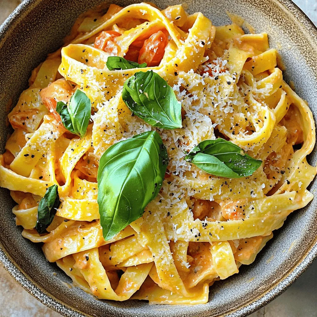 - 12 oz (340g) fettuccine or pasta of your choice - 2 tablespoons olive oil - 3 cloves garlic, minced - 1 can (14 oz) diced tomatoes, drained - 1 cup heavy cream (or coconut cream for a vegan option) The main ingredients create a rich and creamy base for your dish. I recommend using fettuccine, but any pasta works. Olive oil and garlic provide a fragrant foundation. Diced tomatoes add a burst of flavor and color. Heavy cream, or coconut cream for a vegan twist, gives that luscious creaminess we all crave. - 1 teaspoon dried oregano - Salt and freshly cracked black pepper to taste - 1 cup fresh basil leaves, chopped (plus extra for garnish) - 1/2 cup grated Parmesan cheese (omit for vegan option) - Zest of 1 lemon Seasonings bring the dish to life. Dried oregano adds herbal notes, while salt and pepper balance everything out. Fresh basil not only enhances flavor but also adds a vibrant green color. Grated Parmesan cheese adds a salty richness, and lemon zest brightens the sauce. For the Full Recipe, check out the step-by-step guide to create this delight. To start, fill a large pot with water and add a pinch of salt. Bring the water to a rolling boil. Once boiling, add 12 ounces of fettuccine or your favorite pasta. Cook it for about 8 to 10 minutes. You want it to be just al dente, which means it should still have a slight bite. After cooking, drain the pasta in a colander. Be sure to save about 1 cup of that starchy pasta water. Set the pasta aside in a large bowl or pot. Next, grab a spacious skillet and pour in 2 tablespoons of olive oil. Heat it over medium heat. When the oil is warm, add 3 cloves of minced garlic. Sauté the garlic for about 1 to 2 minutes. You want it to smell great and turn light golden. Just watch closely so it doesn't burn. After that, add 1 can of drained diced tomatoes to the skillet. Let them cook for about 2 to 3 minutes. Then, pour in 1 cup of heavy cream or coconut cream if you want a vegan option. Stir everything together and let it simmer gently for about 5 minutes. This will help the sauce thicken a bit. Now it's time to bring everything together. Sprinkle in 1 teaspoon of dried oregano and season with salt and freshly cracked black pepper to taste. Toss in 1 cup of chopped fresh basil leaves and the zest of 1 lemon. Cook it all together for an extra minute to mix those wonderful flavors. Next, carefully add the cooked pasta to the skillet. Toss the pasta in the creamy sauce until each piece is well coated. If the sauce feels too thick, mix in some of that reserved pasta water a little at a time. This will help you achieve the perfect consistency. For extra flavor, fold in 1/2 cup of grated Parmesan cheese if you’re using it. Once melted and mixed, taste the sauce. Adjust the seasoning if needed. Follow this step-by-step guide for a delicious creamy tomato basil pasta using the Full Recipe provided. Enjoy your cooking! To make the sauce just right, focus on the texture. You want it creamy but not too thick. Start with heavy cream or coconut cream. Heat it gently to blend with the tomatoes. If it’s too thick, add some reserved pasta water. This will help loosen it up. Balancing flavors is key for a great sauce. Start with salt and pepper, then add dried oregano. Taste the sauce as you go. Adjust the seasoning until it feels just right. Fresh basil is a must to add brightness. Mix it in right before serving for the best flavor. Garnishing can turn a simple dish into a feast for the eyes. Use fresh basil leaves as a bright garnish. A sprinkle of grated Parmesan cheese adds visual appeal too. Drizzling olive oil on top gives a nice touch. It also enhances the flavor. Choosing the right plateware can elevate your dish even more. Use white plates to make the colors pop. A shallow bowl can also work well for pasta. This allows for easy twirling and enjoying. Remember, a great presentation makes the meal more special. For the full recipe, check out the details above. {{image_4}} You can easily make this dish vegan. Instead of heavy cream, use coconut cream. It adds a lovely flavor. For cheese, skip the Parmesan. Nutritional yeast can give a cheesy taste. Adding vegetables enhances the dish. Try spinach or zucchini for extra nutrition. These veggies blend well with the tomato sauce. You can also throw in bell peppers or mushrooms for more flavor. Fettuccine is great, but many pasta choices work well. Gluten-free pasta can offer a tasty option for those with dietary needs. Whole grain pasta gives you more fiber, making it a healthier pick. If you want alternatives to fettuccine, penne or rotini are also good. They hold sauce well and add a fun twist to your meal. Explore different shapes to find your favorite. For the full recipe, check out the [Full Recipe]. To keep your creamy tomato basil pasta fresh, place it in an airtight container. Store it in the fridge. It stays good for about 3 to 5 days. When you want to eat it again, take it out and let it sit for a few minutes. This helps it warm up a bit. For reheating, I recommend using a skillet. Heat it over medium-low heat. Add a splash of water or extra cream to keep it creamy. Stir gently as it heats up. This way, your pasta won’t dry out. If you use a microwave, cover the dish to keep moisture in. Heat in short bursts, stirring in between. Yes, you can freeze creamy tomato basil pasta! However, keep in mind that the texture may change slightly. I suggest freezing it in single portions. Use freezer-safe bags or containers for easy storage. It can last up to 2 months in the freezer. When you’re ready to eat, thaw it in the fridge overnight. For reheating, use a skillet like before. If the sauce looks thick, add a little milk or cream. Stir until it warms through. Enjoy every bite of your delicious meal! How to make creamy tomato basil pasta from scratch? To make creamy tomato basil pasta from scratch, you will need simple ingredients. First, cook your pasta in boiling salted water. While it's cooking, sauté minced garlic in olive oil. Then, add drained diced tomatoes and heavy cream. Stir in dried oregano, salt, and pepper. Mix in fresh basil and lemon zest. Toss the cooked pasta with the sauce. Finally, add grated Parmesan cheese if desired. For the complete method, check the Full Recipe. What can I substitute for heavy cream? If you want a lighter option, use coconut cream or cashew cream. Both give a rich taste without dairy. You can also use whole milk with a bit of flour for thickness. For a lower-calorie option, use Greek yogurt. Just mix it in off the heat. How to prevent the sauce from curdling? To stop the sauce from curdling, keep the heat low. Always add cream slowly and stir well. Avoid boiling the sauce after adding cream. If using dairy, make sure it’s at room temperature. This helps blend smoothly with the other ingredients. Can I make this dish ahead of time? Yes, you can prepare this dish ahead of time! Cook the pasta and sauce separately. Store them in airtight containers in the fridge. Before serving, mix them together in a pan with a splash of reserved pasta water. This keeps your meal fresh and tasty. What to serve with creamy tomato basil pasta? Creamy tomato basil pasta pairs great with garlic bread or a fresh salad. You can also serve it with roasted vegetables for a wholesome meal. Add some grilled chicken or shrimp for extra protein. Best wine pairings for this dish? For wine, a light white like Pinot Grigio works well. If you prefer red, try a Chianti. Both wines enhance the flavors of the creamy sauce and fresh basil. Enjoy your meal with the perfect drink! In this blog post, we explored how to make creamy tomato basil pasta. We discussed key ingredients like fettuccine, garlic, and diced tomatoes. You learned step-by-step cooking instructions and tips for perfecting the sauce. We also covered fun variations, like vegan options and pasta alternatives, plus storage tips for leftovers. This dish is simple to make and tasty to eat. Don't hesitate to try new flavors and serve it your way. Enjoy your cooking adventures!
