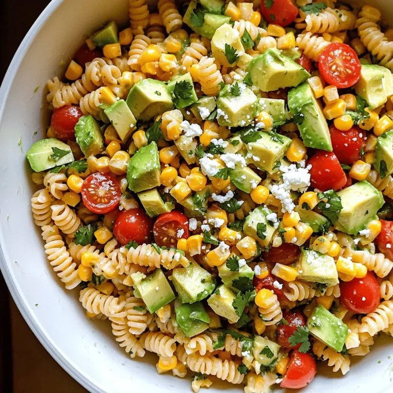 - 8 ounces whole grain pasta (penne or fusilli) - 1 cup fresh corn kernels (or frozen, thawed) - 1 red bell pepper, diced - 1/2 red onion, finely chopped - 1 ripe avocado, diced The main ingredients of this salad create a bright and tasty dish. I love whole grain pasta because it adds fiber and keeps you full longer. Fresh corn brings a sweet crunch. The red bell pepper adds color and a crisp bite. Onions give it a nice zing. Lastly, the avocado adds creaminess. - 2 tablespoons freshly squeezed lime juice - 1 tablespoon extra-virgin olive oil - 1 teaspoon chili powder - Salt and pepper to taste The dressing makes this dish shine. Lime juice gives a zesty kick. Olive oil adds richness. Chili powder brings warmth without too much heat. Salt and pepper tie all the flavors together. This simple blend enhances each bite. - Crumbled feta cheese - Fresh cilantro, chopped Garnishes add a fun touch. Feta cheese adds a salty creaminess. Cilantro gives a fresh, herbal note. These are optional but really make the salad pop. For the full recipe, you can check the link provided. - Bring salted water to a boil. - Cook pasta until al dente. - Drain and rinse under cold water. Start by boiling a large pot of salted water. This adds flavor to the pasta. Once the water boils, add 8 ounces of whole grain pasta, like penne or fusilli. Cook it according to the package directions until it is al dente. This means it should be firm when bitten. After cooking, drain the pasta. Rinse it under cold water to stop the cooking process. This cooling step is crucial for a fresh salad. - Mix chilled pasta with veggies. - Gently incorporate avocado to prevent mashing. In a large bowl, combine the chilled pasta with your veggies. Add 1 cup of fresh corn, 1 diced red bell pepper, 1/2 finely chopped red onion, and 1/2 cup of halved cherry tomatoes. These ingredients bring color and crunch to your dish. Now, carefully add 1 diced ripe avocado. Use a gentle touch so the avocado doesn’t turn to mush. Mixing these together at this stage creates a vibrant base for your salad. - Whisk lime juice, olive oil, and spices. - Adjust seasoning to taste. Next, it’s time to make the dressing. In a small bowl, whisk together 2 tablespoons of freshly squeezed lime juice, 1 tablespoon of extra-virgin olive oil, and 1 teaspoon of chili powder. Add a pinch of salt and pepper to taste. This dressing will add a zesty kick to the salad. Taste it and adjust the seasoning if you want. The right balance makes all the difference. - Drizzle dressing over pasta mixture. - Gently toss to combine. Now, drizzle the dressing over the pasta mixture. Use a spatula to gently toss everything together. You want all the ingredients to be coated in the dressing. This step is key to blending the flavors. Make sure not to be rough, as you want to keep the avocado intact. Once mixed, consider adding fresh cilantro on top for a burst of flavor. Enjoy this fresh dish with friends or family. For the full recipe, check out the detailed instructions above. - Use salted water for better flavor. Salt adds taste to the pasta. - Rinse pasta thoroughly to cool. This stops cooking and prevents mushiness. - Let the salad sit for flavors to meld. This helps all ingredients blend well. - Adjust spices based on personal preference. You can make it as spicy as you like. - Serve in a large bowl or individual plates. This makes it fun and easy to share. - Garnish with cilantro and lime for visual appeal. Fresh herbs and citrus look great and taste bright. {{image_4}} You can easily make this dish even healthier. Instead of whole grain pasta, try quinoa or zucchini noodles. Quinoa adds a nutty taste and packs in protein. Zucchini noodles are low in carbs and very fresh. For the dressing, swap olive oil with Greek yogurt. This gives creaminess while cutting down fat. Greek yogurt also brings extra protein to your meal. Want some extra protein? Add black beans to your salad. They are filling and tasty. You can also add diced jalapeños for a spicy kick. This will give your dish a nice heat that many enjoy. To keep your salad fresh, use seasonal vegetables. Fresh corn tastes best in summer, while roasted sweet potatoes shine in fall. You can also change up your herbs based on what you have. Fresh basil or dill can add a unique touch. Try different dressings too! Use whatever fresh produce you have on hand. A citrus dressing can brighten up the dish. This flexibility makes the salad fun and easy to adapt. For the full recipe, check the earlier section. Store your Healthy Street Corn Pasta Salad in an airtight container. It will stay fresh for up to 3-4 days. If you can, keep the dressing separate. This helps maintain the texture of the salad. I do not recommend freezing this salad. The avocado won't freeze well. It is best enjoyed fresh to keep that crisp texture. You can enjoy this salad cold for a refreshing meal. If you want to reheat it, warm it gently. This way, you avoid making it mushy. Yes, it can be prepared a few hours in advance, but dress just before serving. This keeps the flavors fresh and the avocado from browning. I love making this salad early for parties. It saves me time and helps the flavors blend nicely. By substituting whole grain pasta with gluten-free options, it can be made gluten-free. Look for gluten-free pasta made from brown rice or chickpeas. This way, everyone can enjoy the dish without worry. It pairs well with grilled chicken, fish, or can be served as a side dish for barbecues. The bright flavors of the salad complement many main dishes. You can even enjoy it on its own as a light meal. For the full recipe, check out the details above! This blog post covered how to make a tasty Healthy Street Corn Pasta Salad. We discussed the main ingredients like whole grain pasta and fresh veggies. I outlined the step-by-step instructions to create the salad, along with tips on flavor and presentation. You learned about variations and storage tips to keep it fresh. In conclusion, this salad is easy to make and full of flavor. Experiment with different ingredients to make it your own. Enjoy it as a side dish or a light meal. Fresh, healthy, and delicious—what's not to love?