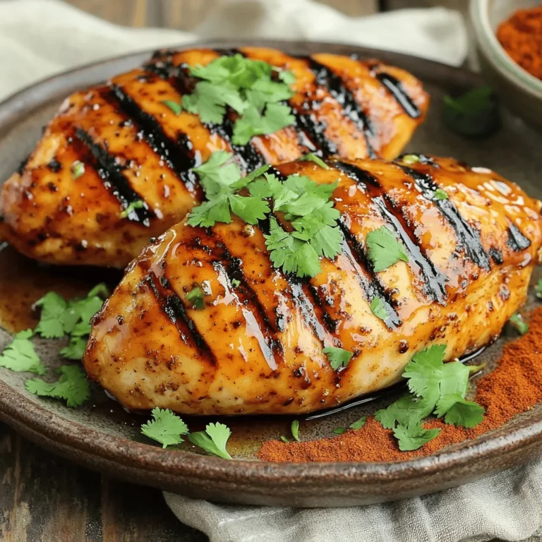 To make a tasty Chipotle Honey Chicken, gather these ingredients: - 4 boneless, skinless chicken breasts - 2 tablespoons chipotle peppers in adobo sauce, finely minced - 3 tablespoons honey (preferably raw for extra flavor) - 2 tablespoons freshly squeezed lime juice - 1 tablespoon garlic powder - 1 teaspoon ground cumin - 1 teaspoon smoked paprika - Salt and freshly cracked pepper to taste - 2 tablespoons olive oil (plus more for brushing) - Fresh cilantro, roughly chopped (for garnish) Using fresh, high-quality ingredients makes a big difference in flavor. The chicken should be plump and juicy. I prefer raw honey for its rich taste. Fresh lime juice adds a bright flavor that cuts through the sweetness. Chipotle peppers bring the heat and smoky notes. Always choose fresh spices, as they pack more flavor. This attention to quality ensures your chicken shines in every bite. If you don't have some ingredients, don’t worry! You can switch them out while keeping the dish tasty. Instead of chicken breasts, try thighs for more fat and flavor. If lime juice is missing, lemon juice works well too. For a milder option, use sweet red peppers instead of chipotle. You can also use regular honey if raw honey isn't available. These swaps allow you to create your own version without losing the essence of the dish. To make Chipotle Honey Chicken, you start with the marinade. In a bowl, mix chipotle peppers, honey, lime juice, garlic powder, cumin, smoked paprika, salt, and pepper. Stir these together until they form a smooth sauce. This sauce adds a sweet and spicy kick to your chicken. Next, you will prepare the chicken breasts. Place them in a resealable bag or dish. Pour your marinade over the chicken. Make sure every piece is coated well. Seal the bag or cover the dish. Refrigerate for at least 30 minutes, or up to 2 hours for deeper flavor. After marinating, take your chicken out of the fridge. Preheat your grill or grill pan to medium-high heat. Brush it lightly with olive oil. This helps the chicken not stick. Remove the chicken from the marinade, letting the excess liquid drip off. Discard the leftover marinade for safety. Now, place the chicken on the grill. Cook for 6-7 minutes on one side. Flip the chicken and cook for another 6-7 minutes. The chicken should reach an internal temperature of 165°F (75°C). Look for nice grill marks too! Cooking chicken right is key. Use a meat thermometer to check the temperature. This ensures it’s safe to eat. If you don't have a thermometer, look for clear juices when you cut into it. Let the chicken rest for 5 minutes after grilling. This keeps it juicy. Slice the chicken into strips and garnish with fresh cilantro. Your plate is now ready to impress! For an extra boost, serve it over rice or with grilled veggies. Check the Full Recipe for more details! To make Chipotle Honey Chicken pop, try adding fresh herbs. Cilantro adds a bright taste. You can also use parsley for a milder flavor. Lime zest gives a fresh kick. It pairs well with the sweet honey. For heat lovers, add chopped jalapeños to the marinade. This adds depth and spice. Grilling chicken can be simple with the right steps. Always preheat your grill. This helps to sear the chicken fast. Use medium-high heat for even cooking. Make sure the grill grates are clean. This prevents sticking. Oil the grates lightly before placing the chicken. Flip the chicken only once. This keeps it juicy and tender. Resting the chicken is key to keeping it moist. After grilling, let the chicken sit for about five minutes. This allows the juices to settle. If you cut it too soon, the juices run out. You will have dry chicken. Letting it rest also helps with flavor. It gives time for the spices to mingle. For the full recipe, check the detailed cooking instructions above. {{image_4}} You can adjust the heat in your Chipotle Honey Chicken easily. If you want more spice, add more chipotle peppers to the marinade. You can also try using cayenne pepper. For a milder dish, reduce the chipotle peppers or use sweet paprika instead. This way, you can make it just right for your taste. To make a full meal, consider adding sides. Grilled corn on the cob pairs well with the chicken. You might also enjoy a fresh salad with avocado. For toppings, try diced tomatoes or a drizzle of sour cream. These will make your plate look colorful and tasty. If you want to switch things up, try different proteins. Turkey breasts work great with the same marinade. You can also use firm tofu for a vegetarian option. Just make sure to marinate your protein well. This ensures every bite is full of flavor. Explore these alternatives to keep your meals exciting! To keep your Chipotle Honey Chicken fresh, store it in an airtight container. Let the chicken cool to room temperature first. This helps prevent moisture build-up, which can make the chicken soggy. You can keep it in the fridge for up to four days. When reheating, I suggest using an oven or stovetop. Both methods keep the chicken juicy. For oven reheating, wrap the chicken in foil and heat at 350°F (175°C) for about 15-20 minutes. On the stovetop, use a skillet over medium heat. Add a splash of water or broth to keep it moist. If you want to save your chicken for later, freezing is a great option. Place the chicken in a freezer-safe bag, removing as much air as possible. It can last up to three months in the freezer. To thaw, move it to the fridge overnight before reheating. This will help maintain its texture and flavor. For the full recipe, refer back to the section above. You can serve Chipotle Honey Chicken with many sides. Here are a few ideas: - Rice: White or brown rice works well. - Grilled veggies: Bell peppers, zucchini, and corn are great choices. - Salad: A fresh green salad adds crunch. - Tortillas: Serve with warm tortillas for a fun twist. - Beans: Black or pinto beans add protein. These sides balance the sweet and spicy flavors of the chicken. Yes, you can use chicken thighs. They are juicier than breasts. Thighs can add a rich flavor, making the dish even better. Just adjust the cooking time. Cook thighs longer to reach the safe temperature of 165°F (75°C). The spice level is moderate but can vary. Chipotle peppers give a nice kick. If you like less heat, use fewer chipotle peppers. For more spice, add extra peppers or hot sauce. Adjust according to your taste. This dish is all about finding your perfect balance. In this post, we explored how to make delicious Chipotle Honey Chicken. We discussed the best ingredients and why they matter. You learned about cooking methods and tips for grilling the chicken just right. We also shared variations for spice levels and ideas for sides. Remember, using quality ingredients and following time guidelines can make a big difference. Enjoy your flavorful meal, and don't hesitate to experiment with your own twists!