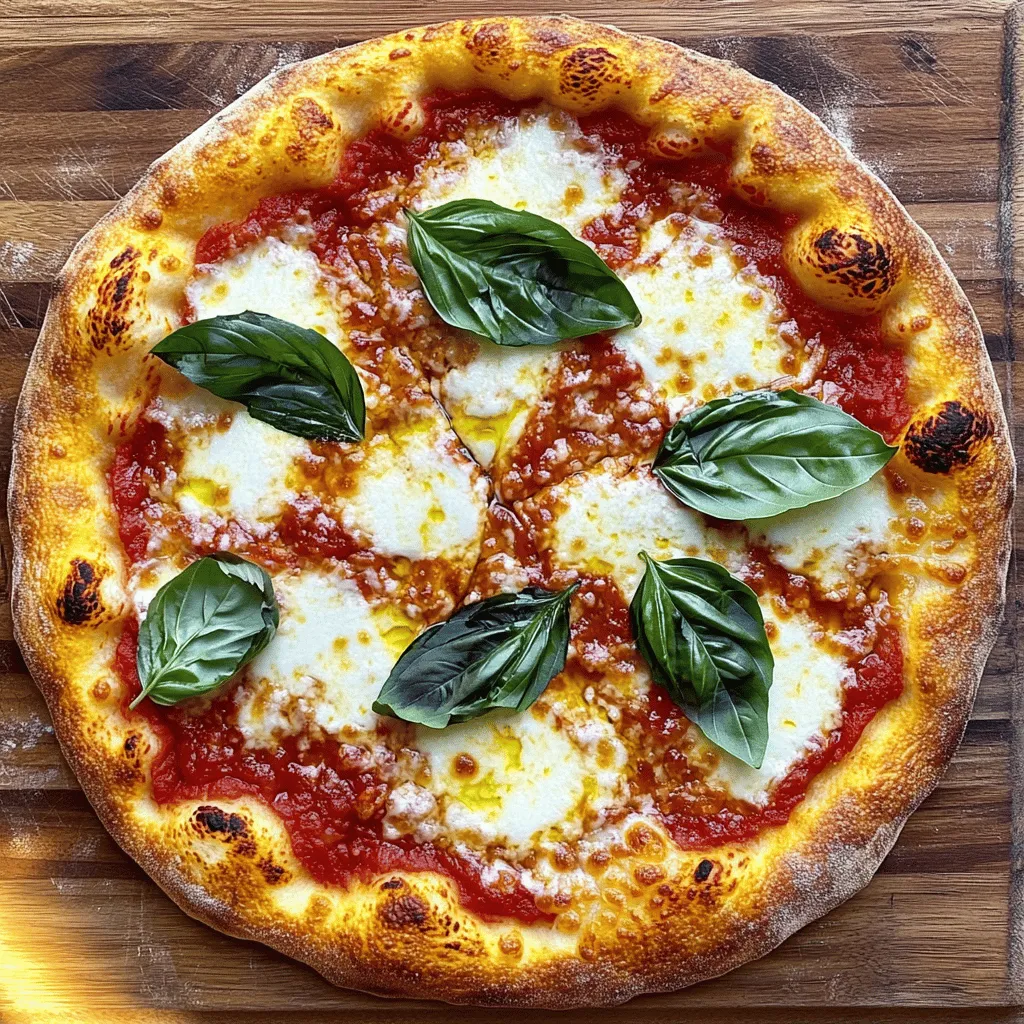 The ingredients for Homemade Margherita Pizza are simple yet essential. Each one adds to the flavor and texture. Here’s what you need: - 2 cups all-purpose flour - 1 teaspoon instant yeast - 1 teaspoon sugar - 3/4 cup warm water (110°F) - 1 teaspoon salt - 1 tablespoon olive oil - 1 cup crushed canned San Marzano tomatoes - 1 cup fresh mozzarella cheese, sliced or torn - Fresh basil leaves, for garnish - Extra virgin olive oil, for drizzling - Salt and freshly cracked black pepper, to taste These ingredients create a perfect Margherita pizza. The flour gives a strong base. Instant yeast helps the dough rise. Sugar feeds the yeast for better growth. Warm water activates the yeast. Salt adds flavor, while olive oil gives richness. San Marzano tomatoes provide a sweet and rich sauce. Fresh mozzarella melts beautifully, creating that gooey texture. Basil leaves add freshness. Finally, drizzling a bit of extra virgin olive oil enhances the taste. For a burst of flavor, add salt and pepper to your liking. For the complete recipe, check the [Full Recipe]. - Combine 2 cups all-purpose flour, 1 teaspoon instant yeast, 1 teaspoon sugar, and 1 teaspoon salt in a bowl. - Gradually add 3/4 cup warm water and 1 tablespoon olive oil. - Stir until a shaggy dough forms. - Transfer the dough to a floured surface and knead for 8-10 minutes until smooth. - Place the kneaded dough in a lightly oiled bowl. - Cover it with a damp towel. - Allow the dough to rise in a warm place for 1-2 hours until doubled in size. - In a small bowl, season 1 cup of crushed canned San Marzano tomatoes with salt and freshly cracked black pepper. - Stir well and set aside to let the flavors meld. - Preheat your oven to its highest setting, usually 475°F to 500°F. - If you have a pizza stone, place it in the oven to heat. - Once the dough has risen, punch it down gently to release the air. - Transfer it to a floured surface and divide it into two equal pieces. - Shape each piece into a smooth ball and let rest for 5-10 minutes. - Stretch each ball into a 12-inch circle with your hands or a rolling pin. - Place the stretched dough on a floured pizza peel or an inverted baking sheet. - Spread a thin layer of the seasoned tomato sauce over the dough, leaving a 1/2-inch border. - Evenly distribute slices or torn pieces of fresh mozzarella over the sauce. - Garnish with fresh basil leaves. - Slide the pizza onto the preheated pizza stone or baking sheet. - Bake for 8-12 minutes until the crust is golden and the cheese is bubbling. For the complete process, check out the Full Recipe. Kneading is key to great dough. It helps develop gluten, which gives your pizza structure. Knead the dough for about 8-10 minutes until it feels smooth. Let your dough rise in a warm spot. A warm kitchen helps it grow faster and fluffier. Cover it with a damp towel. This keeps it moist as it rises. Fresh ingredients make the best sauce. Use canned San Marzano tomatoes for rich taste. Just season them with salt and black pepper. You can also add garlic or fresh herbs for extra flavor. A pinch of sugar can balance acidity too. This simple sauce enhances the pizza's taste. Your oven needs to be very hot. Preheat it to 475°F or 500°F. A high temperature cooks the crust quickly. If you have a pizza stone, use it. It absorbs heat well and gives a crispy base. If not, a baking sheet will work too. Just remember to preheat it with the oven. {{image_4}} You can make your Margherita pizza even better with toppings. - Classic variations: Add pepperoni, mushrooms, or olives. These give a nice twist while keeping the classic taste. - Creative combinations: Try goat cheese with figs or arugula with prosciutto. These add fun flavors, making your pizza unique. Switching up the sauce can change your pizza's taste. - Pesto or white sauce options: Use pesto for a fresh herb taste. White sauce can add creaminess if you want something rich. - Spicy tomato sauce alternative: Mix in red pepper flakes or hot sauce. This adds heat and a kick to your pizza. You can enjoy pizza even with dietary needs. - Gluten-free flour alternatives: Use almond flour or a gluten-free blend. These work well to make a tasty crust without gluten. - Vegan cheese suggestions: Choose nut-based cheese or soy cheese. These melt nicely and keep your pizza delicious without dairy. For the full recipe, be sure to check out the Classic Margherita Pizza section. To keep your leftover pizza fresh, pack it properly. Use an airtight container to seal in moisture. You can also wrap each slice in plastic wrap for extra protection. This helps keep the pizza tasty longer. Store it in the fridge, where it can last for about 3 days. When it comes to reheating, I recommend using the oven. Preheat it to 375°F. Place your pizza slices on a baking sheet. Heat for about 10-15 minutes. This method keeps the crust crispy and the cheese melty. Avoid the microwave, as this makes the crust soggy. If you want to freeze assembled pizzas, wrap them tightly. Use plastic wrap first, then aluminum foil. This prevents freezer burn. You can freeze them for up to 2 months. When you're ready to bake, take the pizza out and let it thaw in the fridge overnight. Preheat your oven and bake as usual. Enjoy a delicious homemade Margherita pizza anytime! The dough needs to rise for 1 to 2 hours. This time allows the yeast to work. It helps the dough double in size. A warm spot is best for rising. Yes, you can make the dough ahead of time. You can store it in the fridge. Just cover the bowl with plastic wrap. Let it rise slowly overnight for better flavor. This method saves time on pizza day. A wood-fired oven is best for pizza. It reaches high temperatures quickly. This helps create a crispy crust. However, a conventional oven works well too. Preheat it to the highest setting for the best results. To make a thicker crust, use more dough. When shaping, leave more dough around the edges. Avoid pressing too hard when rolling. You can also let the dough rise longer for more air bubbles. Margherita pizza has fresh, simple ingredients. The tomatoes are high in vitamins. Fresh mozzarella provides calcium and protein. Basil adds flavor and has antioxidants. This pizza is a tasty way to enjoy healthy ingredients. For a detailed recipe, check out the Full Recipe. Homemade Margherita pizza is simple and fun to make. You learned about key ingredients and easy methods for creating the dough and sauce. I shared tips for a perfect crust and suggested tasty topping options. You can also explore gluten-free and vegan choices to suit your taste. Now, gather your ingredients and enjoy making this classic dish. Cooking should be joyful and delicious! Your homemade pizza adventure awaits. Enjoy every bite!