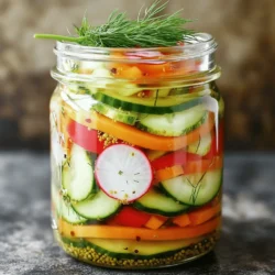 - 2 cups carrots, julienned - 2 cups cucumbers, sliced - 1 cup radishes, thinly sliced - 1 cup red bell pepper, sliced These fresh vegetables bring color and crunch. They create a great base for your tangy pickled veggies. Choose crisp, firm vegetables for the best results. - 1 cup white vinegar - 1 cup water - 3 tablespoons sugar - 1 tablespoon salt - 1 teaspoon mustard seeds - 1 teaspoon coriander seeds - 1 teaspoon black peppercorns - 2 cloves garlic, minced These ingredients give your pickles their signature tang. The vinegar adds acidity, while sugar balances it. Salt helps preserve your veggies and enhances flavor. - Fresh dill sprigs (for garnish) While not necessary, dill adds a nice herbal touch. You can also try adding red pepper flakes for heat. Experiment with your favorites to make the recipe unique. For the full recipe, see the section above. Start by making the pickling brine. In a medium pot, mix white vinegar, water, sugar, salt, mustard seeds, coriander seeds, and black peppercorns. Set the heat to medium and stir until the sugar and salt dissolve. Bring the mix to a boil. Once boiling, remove it from the heat and let it cool for about 10 minutes. While your brine cools, chop your veggies. Julienned carrots, sliced cucumbers, thinly sliced radishes, and red bell peppers work well. Aim for uniform sizes. This helps them pickle evenly. Set the chopped vegetables aside for the next step. Grab a clean jar or multiple jars if you want individual servings. Layer the chopped vegetables inside the jar. Add minced garlic between the layers for extra flavor. This makes each bite taste great. Once your brine has cooled a bit, pour it over the veggies in the jar. Ensure the vegetables are fully submerged. If needed, press them down gently to remove air bubbles. Seal the jars with a lid and let them cool to room temperature. Then, place them in the fridge for at least 24 hours. This waiting time helps the flavors develop. After a day, your tangy pickled vegetables are ready to enjoy! You can store them in the fridge for up to 2 weeks. To create tangy pickled vegetables, you need balance. The key is in the brine. Use equal parts water and vinegar. This mix gives a sharp kick, but the sugar softens it. If you want more heat, add chili flakes. For extra depth, mix in herbs like dill or thyme. Taste your brine before pouring it over the veggies. Adjust the salt or sugar if needed. Remember, the best pickles come from your palate. Many people make simple mistakes. One common error is not cutting the veggies evenly. This can lead to uneven pickling. Always slice them to a similar size. Another mistake is skipping the cooling step for the brine. Pouring hot brine over cold veggies can cook them. Lastly, don’t rush the pickling time. Let them chill in the fridge for at least 24 hours. This wait is key for the flavors to blend. Clean jars keep your pickles safe. Start by washing jars in hot, soapy water. Rinse them well. Next, place the jars in a pot of boiling water for 10 minutes. This kills germs and bacteria. You can also run them through a dishwasher on high heat. Once the jars are clean, let them cool upside down on a clean towel. Avoid touching the inside of the jars after they are sterilized. This step ensures your tangy pickled vegetables stay fresh and tasty. For the complete recipe, check the Full Recipe section. {{image_4}} You can mix and match many vegetables when making pickled veggies. Some great choices include: - Zucchini - Cauliflower - Green beans - Red onions - Jalapeños These options add fun colors and tastes. Each veggie gives its own twist on the flavor. Feel free to experiment! If you love heat, try adding spicy elements. You can mix in: - Fresh chili peppers - Red pepper flakes - Sriracha sauce These will kick up the spice level. Start with a little, then adjust to your taste. The extra heat pairs well with the tangy brine. For a sweet and sour taste, consider adding: - Extra sugar - Pineapple chunks - Honey These ingredients balance the sour vinegar. You will enjoy a complex flavor profile. This variation works well with carrots and cucumbers from the full recipe. To keep your tangy pickled vegetables fresh, store them in the fridge. Make sure to use clean, airtight jars. This helps lock in flavor and keep bacteria out. Always let the pickled veggies cool completely before sealing the jars. Once sealed, place them in the fridge immediately. Your pickled vegetables can last up to two weeks in the fridge. After 24 hours of chilling, they will be ready to eat. The flavors will deepen over time, making them even tastier. However, for the best taste, try to enjoy them within the first week. Check for any unusual smells or colors. If the vegetables look slimy or discolored, it’s best to throw them out. Bubbles forming in the jar can also mean spoilage. If you see any mold, discard the batch right away. Keeping an eye on these signs will ensure you enjoy your pickles safely. Tangy pickled vegetables last up to two weeks in the fridge. After that, they may lose flavor. To keep them fresh, store them in an airtight jar. A good tip is to label the jar with the date. This helps you remember how long they have been stored. Yes, you can use many kinds of vegetables for pickling. Try using green beans, cauliflower, or even onions. Just cut them into similar sizes for even pickling. Experimenting with different veggies adds fun and new flavors to your pickles. Pickled vegetables offer several health benefits. They are low in calories and high in fiber. This makes them a great snack. They also contain probiotics, which help gut health. Additionally, pickled veggies provide vitamins and minerals that support overall health. You can find high-quality pickled vegetables at local farmers' markets or specialty stores. Many stores offer homemade options, which often taste better. You may also find good brands online. Look for products with few ingredients for the best flavor. If you want freshness, making your own is a great choice! For a simple recipe, check out the Full Recipe section. You now know how to make pickled vegetables from fresh ingredients. Start with the right veggies and brine. Choose flavor enhancers to make your pickles special. Follow the steps for prep, assembly, and storage. Avoid mistakes with the tips provided. Lastly, explore fun variations to keep things exciting. Remember, pickling lets you customize flavors while preserving freshness. Enjoy your homemade pickles; they're tasty and healthy!