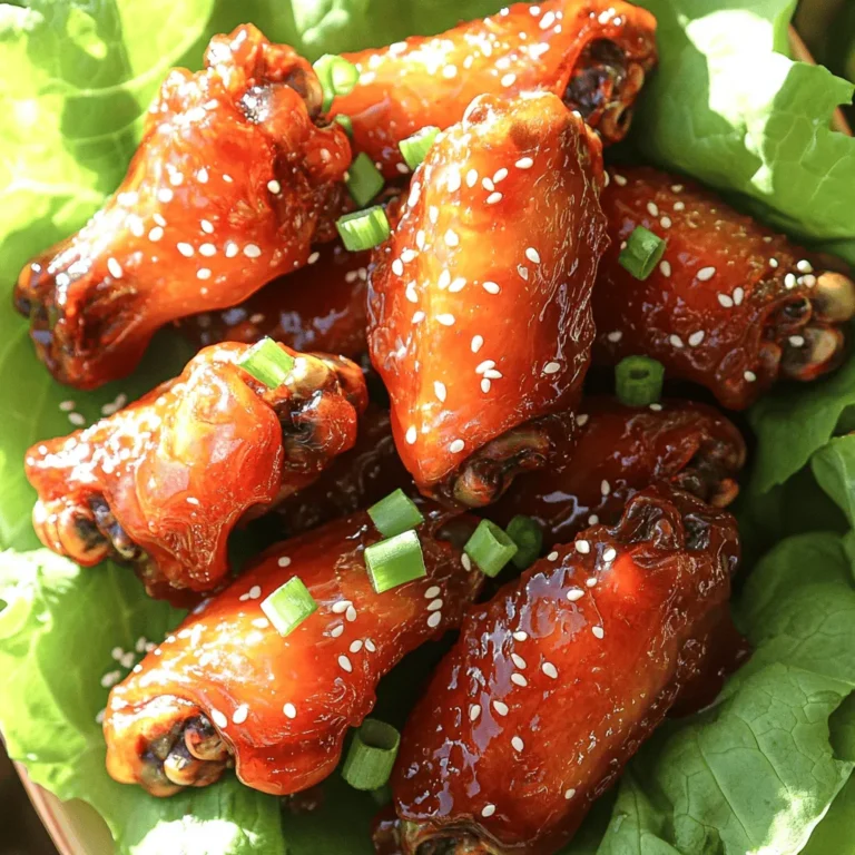 - 2 pounds chicken wings - 1/2 cup Sriracha sauce - 1/4 cup honey - 2 tablespoons soy sauce - 2 cloves garlic, minced - 1 teaspoon ginger, freshly grated - 1 tablespoon sesame oil - 1 tablespoon rice vinegar - Salt and freshly ground black pepper to taste - Sesame seeds for garnish - Chopped green onions for garnish - Mixing bowl - Baking sheet - Wire rack - Small saucepan - Whisk and measuring spoons To make Spicy Sriracha Honey Wings, gather all your ingredients first. You'll need chicken wings, Sriracha, honey, soy sauce, garlic, ginger, sesame oil, rice vinegar, salt, and pepper. Let's dive into what makes this dish special. The Sriracha brings heat, while honey adds sweet notes. Together, they create a tasty balance. You also need some basic tools. A mixing bowl helps mix the marinade. A baking sheet and wire rack are key for crisp wings. A small saucepan is for thickening the sauce later. Make sure you have a whisk and measuring spoons too. These will help you measure everything accurately. This recipe's fun because it’s easy to prepare. The flavors come together quickly, and everyone loves wings. Check out the Full Recipe for detailed steps! Start by grabbing a large mixing bowl. Add the Sriracha, honey, and soy sauce. Mix well until combined. Now, add minced garlic, freshly grated ginger, sesame oil, rice vinegar, and a pinch of salt and pepper. This marinade will give your wings a sweet and spicy kick. Next, take the chicken wings and place them in the bowl with the marinade. Use your hands or a spoon to coat each wing evenly. Make sure every wing gets a good layer of that tasty mix. Cover the bowl with plastic wrap and let it sit in the fridge. For the best flavor, marinate for at least one hour or overnight. Time to bake! First, preheat your oven to 425°F (220°C). While it heats, prepare your baking sheet. Line it with aluminum foil for easy cleanup. Place a wire rack on top and spray it lightly with cooking oil. Lay the marinated wings on the rack in a single layer. They should not touch each other. Save any leftover marinade for later. Bake the wings for 25-30 minutes. Remember to flip them halfway through. This ensures they cook evenly and get nice and crispy. While the wings bake, pour the leftover marinade into a small saucepan. Heat it over medium heat until it boils, then reduce to a simmer for about 5 minutes. This will thicken the sauce. Once the wings are golden and crispy, take them out of the oven. Brush them generously with the thickened marinade. This step adds extra flavor and a sticky glaze. Return the wings to the oven for 5-10 more minutes. This caramelizes the glaze for that perfect finish. Finally, sprinkle sesame seeds and chopped green onions on top for a burst of color and crunch. You can find the full recipe [here](#). Enjoy your spicy Sriracha honey wings! To get those wings extra crispy, make sure to dry them well before marinating. Wet wings don’t crisp up nicely. Use a paper towel to pat them dry. The best oven temperature for baking these wings is 425°F (220°C). This high heat helps achieve crispy skin while keeping the meat juicy. The ideal marinating time for deeper flavor is at least one hour. For the best taste, marinate the wings overnight. This allows the wings to soak up all the delicious flavors. If you want to adjust the heat levels, you can add more or less Sriracha. For a milder version, use a bit of ketchup or BBQ sauce mixed with the Sriracha. For side dishes, I recommend serving the wings with celery sticks and a cool ranch dip. These balance the spicy flavor. You could also pair them with a fresh salad for a light, crisp bite. For presentation, serve the wings on a large platter lined with crisp lettuce. Drizzle extra honey on top for a sweet touch, and sprinkle sesame seeds for a nice crunch. You can find the full recipe for Spicy Sriracha Honey Wings to create this bold dish. {{image_4}} You can change the flavor of your spicy Sriracha honey wings easily. Try adding some extra spices like cayenne or paprika for more heat. For a sweet twist, mix in brown sugar or maple syrup. If you want a citrus kick, add lime or orange juice to the marinade. This adds a bright note that balances the heat. You can also swap Sriracha with other hot sauces like chili garlic sauce for a different taste. Remember, adjust the amount of honey for sweetness based on your taste. You can cook wings in different ways, each giving a unique flavor. Grilling adds a smoky taste that many love. To grill, preheat your grill and cook wings for about 20 minutes, flipping often. Baking is simple and keeps the wings crispy. If you have an air fryer, use it! Air frying takes about 25 minutes at 400°F. This method makes the wings crispy and cuts down on oil. Just shake the basket halfway through to ensure even cooking. Making these wings fit your diet is easy. For a gluten-free option, use gluten-free soy sauce or tamari. This keeps the flavor while removing gluten. If you want a low-sugar version, reduce the honey. You can replace honey with a sugar-free syrup or even omit it for less sweetness. Just remember, this might change the final taste, but you can still achieve a delicious wing. Experiment with these options to find what works best for you. For the full recipe, check out the detailed instructions above. To store leftover wings, let them cool first. Place the wings in an airtight container. You can also wrap them tightly in plastic wrap. Store these in the refrigerator. They will stay fresh for about three to four days. If you want to keep them longer, freeze the wings. They can last in the freezer for up to three months. The best method to reheat wings is in the oven. Preheat the oven to 375°F (190°C). Place the wings on a baking sheet and heat for about 10-15 minutes. This keeps them crispy. You can also use an air fryer. Set it to 350°F (175°C) and heat for 5-7 minutes. If you need to use a microwave, place the wings on a microwave-safe plate. Heat them for about 1-2 minutes. This method may make them a bit soggy, so use it as a last resort. For the best taste, I recommend the oven or air fryer. Enjoy those spicy Sriracha honey wings! For more details, check the Full Recipe. Spicy Sriracha honey wings are a tasty mix of sweet and spicy. The Sriracha sauce gives heat, while the honey adds a nice sweetness. Together, they create a bold flavor that makes your taste buds dance. The wings get crispy when baked, making them perfect for parties or game day. Yes, you can prep these wings ahead of time! To do this, mix the marinade and coat the wings. Cover the bowl and put it in the fridge for at least one hour, or even overnight. This helps the wings soak up all the flavors. When you're ready, just bake them as the recipe says. If you want a different flavor, try using hot sauce or chili garlic sauce. You can also mix in some BBQ sauce for a sweeter taste. Adjust the amount based on how spicy you want your wings. Feel free to experiment with flavors you enjoy. To make your wings spicier, add more Sriracha or sprinkle in some cayenne pepper. For a milder version, reduce the Sriracha or mix in some ketchup. You can also try adding more honey to tone down the heat. Taste as you go to find the perfect balance for you. Great sides to serve with spicy wings include celery sticks and carrot sticks. They add crunch and help cool your mouth. You can also serve ranch or blue cheese dressing for dipping. Other good options are crispy fries or a fresh salad. These sides create a nice mix of flavors and textures. In this article, we explored how to make delicious spicy Sriracha honey wings. We covered the key ingredients, tools needed, and detailed step-by-step instructions. You also learned tips for marinating, baking, and serving these wings, along with flavorful variations and storage advice. Enjoy these wings at your next gathering or for a tasty snack. With simple adjustments, you can make them suit your taste. Get creative and have fun with your cooking!