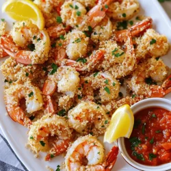 - 1 pound large shrimp, peeled and deveined - 1 cup panko breadcrumbs - 4 cloves garlic, finely minced - 1/4 cup freshly grated Parmesan cheese - 2 tablespoons fresh parsley, meticulously chopped - 1 teaspoon smoked paprika - 1/2 teaspoon sea salt - 1/4 teaspoon freshly cracked black pepper - 1/4 cup extra-virgin olive oil - Zest of 1 large lemon Gathering these ingredients is simple. Start with fresh, large shrimp. Look for shrimp that are firm and have a slight ocean smell. Panko breadcrumbs are key for crispiness. They give the shrimp that satisfying crunch. Fresh garlic adds flavor, and parmesan cheese brings a lovely umami touch. Chopped parsley brightens the dish. It adds a hint of color and freshness. Smoked paprika gives depth and a subtle smokiness that enhances the overall taste. Sea salt and black pepper are must-haves for seasoning. Extra-virgin olive oil helps the breadcrumbs stick and adds rich flavor. Finally, lemon zest gives a burst of citrus that brightens the shrimp. This recipe is all about balance and flavor. Each ingredient plays a vital role, making the dish both tasty and simple. For the full recipe, check the details above. - Preheat your oven to 400°F (200°C). - Line a baking sheet with parchment paper. This step helps prevent sticking and makes cleanup easy. - In a large bowl, combine: - 1 cup panko breadcrumbs - 4 cloves garlic, finely minced - 1/4 cup freshly grated Parmesan cheese - 2 tablespoons fresh parsley, meticulously chopped - 1 teaspoon smoked paprika - 1/2 teaspoon sea salt - 1/4 teaspoon freshly cracked black pepper Stir these ingredients together until they mix well. The panko gives a great crunch, while the garlic and cheese add flavor. - Take 1 pound of large shrimp, peeled and deveined. - In a separate bowl, toss the shrimp with: - 1/4 cup extra-virgin olive oil - Zest of 1 large lemon This step ensures every shrimp gets a nice flavor boost. - Next, coat each shrimp with the breadcrumb mixture. Press them gently to ensure a good layer sticks. - Arrange the coated shrimp on your prepared baking sheet. Make sure they are spaced out well. - Bake for 12-15 minutes. Keep an eye on them. They are done when they turn pink and the breadcrumbs are golden. For a full recipe, check out the detailed steps above. Enjoy your crispy garlic shrimp! To get that perfect crunch, use panko breadcrumbs. They are lighter than regular ones. This helps create a crispy crust. Here are some best practices: - Use fresh panko: Old breadcrumbs can lose their crispness. Make sure they are fresh for the best results. - Spray with oil: A light spray of oil on the breadcrumbs helps them brown nicely. For an even coating on the shrimp, follow these tips: - Dry shrimp well: Pat them dry with a paper towel. Less moisture helps the coating stick. - Press firmly: When coating, press the shrimp into the breadcrumbs. This helps them stick better. To tell when shrimp are done, look for the color. Cooked shrimp turn pink and opaque. They should also have a nice curve. If they are curled and firm, they are ready. Adjust the bake time based on shrimp size: - Smaller shrimp: Bake for 10-12 minutes. - Larger shrimp: Bake for 12-15 minutes. Keep an eye on them. Overcooked shrimp can get tough. For a great presentation, serve the garlic shrimp on a nice platter. Add lemon wedges for a pop of color. A sprinkle of fresh parsley makes it look even better. Consider these condiments and sides: - Marinara sauce: A small bowl alongside the shrimp makes a great dip. - Salad: A simple green salad pairs well for a fresh touch. Check out the Full Recipe for more detailed instructions and tips! {{image_4}} You can easily add more flavor to your shrimp. Try using fresh herbs like basil or thyme. A pinch of cayenne pepper can give a nice kick too. Instead of Parmesan cheese, consider using feta or nutritional yeast. Both options still provide a great taste without losing the dish's essence. For gluten-free versions, swap out regular breadcrumbs for gluten-free panko. Many brands offer great options that still give a nice crunch. If you want to cut back on calories, you can use less oil or bake without breadcrumbs. The shrimp will still be tasty, just a bit lighter. Want to try something new? You can use an air fryer for crispy garlic shrimp. It cuts down on cooking time and uses less oil. Simply set your air fryer to 375°F and cook for about 8-10 minutes. If you prefer stovetop cooking, heat a skillet over medium-high heat. Add a bit of oil and cook the shrimp until they turn pink. This method gives you a nice sear and keeps the shrimp juicy. For the full recipe, check out the complete instructions. To keep your leftover crispy garlic shrimp fresh, store them in the fridge. Place the shrimp in an airtight container. This helps lock in the taste and texture. I recommend using glass or plastic containers with tight-sealing lids. This way, your shrimp stay crispy for a couple of days. If you want to save your crispy garlic shrimp for later, freezing is a great option. Allow the shrimp to cool completely after baking. Then, arrange them in a single layer on a baking sheet. Freeze them for about an hour. This prevents them from sticking together. After that, transfer the shrimp to a freezer-safe bag or container. Be sure to remove as much air as possible. When you're ready to eat the frozen shrimp, thaw them in the fridge overnight. For reheating, preheat your oven to 350°F (175°C). Place the shrimp on a baking sheet and heat them for about 10 minutes. This will help keep them crispy, just like fresh! If you're in a hurry, you can reheat them in the microwave, but they may lose some crispiness. Enjoy your tasty shrimp anytime! For the full recipe, check out the Oven Baked Crispy Garlic Shrimp section. To add heat, you can mix in some crushed red pepper flakes. Start with a pinch, then taste. You can also use chili powder or cayenne pepper in the breadcrumb mix. If you like more heat, increase the amount. Another option is to serve the shrimp with a spicy dipping sauce. A sriracha mayo or garlic chili sauce works well. Yes, you can use frozen shrimp! Just make sure to thaw them first. Place the frozen shrimp in the fridge overnight or run them under cold water until thawed. Pat them dry with paper towels. This helps the oil and breadcrumbs stick better. Follow the same steps in the Full Recipe for coating and baking. You can serve these shrimp with many sides. A fresh salad with mixed greens and a tangy dressing balances the meal. Roasted vegetables like asparagus or broccoli add color and nutrition. For something hearty, try garlic bread or rice. These pair nicely and soak up any extra garlic flavor. You’ve learned how to make crispy garlic shrimp with simple steps and tasty ingredients. The key is using fresh shrimp and panko breadcrumbs for the best crunch. Don’t forget the tips to keep your shrimp tender and flavorful. Try different herbs and spices to mix things up. You can even explore other cooking methods like the stove or air fryer. With the right storage, these shrimp can last, so enjoy them later! Dive into this meal and elevate your cooking game today.