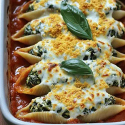 To make Cheesy Spinach Stuffed Shells, you need a few simple ingredients. Each one adds a special touch. Here’s a list of what you’ll need: - Jumbo pasta shells - Fresh spinach - Ricotta cheese - Shredded mozzarella cheese - Grated Parmesan cheese - Large egg - Garlic powder - Onion powder - Salt and pepper - Marinara sauce - Fresh basil leaves for garnish These ingredients come together to create a warm, cheesy dish. The jumbo pasta shells hold the filling well, making each bite rich and satisfying. Fresh spinach brings a nice green color and packs a healthy punch. Ricotta cheese gives the filling a creamy texture, while mozzarella and Parmesan add that delicious cheesy flavor we all love. Don’t forget the marinara sauce! It adds moisture and zest. Lastly, the fresh basil leaves not only look nice but also add a burst of flavor. For the full recipe, you can check the details on how to put this all together. Each ingredient plays an important role, making this dish both tasty and comforting. - Preheat the oven: Start by preheating your oven to 375°F (190°C). This prepares it for baking. - Cook the pasta: In a large pot, bring salted water to a rolling boil. Add the jumbo pasta shells gently. Cook them until al dente, about 8-10 minutes. Drain the shells in a colander and let them cool for a few minutes. - Prepare the filling: In a mixing bowl, mix the finely chopped spinach, ricotta cheese, half of the shredded mozzarella cheese, grated Parmesan cheese, beaten egg, garlic powder, onion powder, and a pinch of salt and pepper. Stir well until blended. - Stuff the shells: Use a teaspoon or piping bag to fill each jumbo pasta shell with the spinach and cheese mix. Make sure each shell is full for the best flavor. - Arrange in baking dish: Spread 1 cup of marinara sauce evenly across the bottom of a 9x13 inch baking dish. Place the stuffed shells seam-side up in a single layer. Drizzle the remaining marinara sauce over the shells and sprinkle the rest of the mozzarella cheese on top. - Bake the dish: Loosely cover the dish with aluminum foil to stop excess browning. Bake in the oven for 25 minutes. After that, remove the foil and bake for another 10-15 minutes until the cheese is bubbly and lightly golden. - Garnish and serve: Once done, take the dish out of the oven and let it cool for a few minutes. Garnish with fresh basil leaves before serving. For more detailed steps, refer to the Full Recipe. - How to clean and prep spinach: Rinse fresh spinach in cold water. Remove any tough stems. Use a salad spinner to dry the leaves well. Chopping the spinach finely helps it mix better with the other ingredients. - Ensuring the pasta doesn't stick: After boiling the jumbo pasta shells, drain them and toss them with a small amount of olive oil. This keeps them separate and prevents sticking. Make sure to handle them gently. - Optimal baking tips for cheesy dishes: Always cover your baking dish loosely with foil at first. This helps the cheese melt without burning. Remove the foil towards the end for that golden finish. - Pair with salad or garlic bread: A fresh green salad can balance the rich flavors of the stuffed shells. Garlic bread adds a nice crunch and flavor. - Suitable wine pairings: A light white wine like Pinot Grigio works well here. Its crisp taste complements the cheesy spinach filling. - Creative plating ideas: Serve the stuffed shells on a large platter. Add a drizzle of marinara sauce on top and sprinkle fresh basil for a pop of color. This makes the dish look special and inviting. For the full recipe, check out the complete guide to Cheesy Spinach Stuffed Shells! {{image_4}} You can switch out ricotta cheese for cottage cheese. This gives a similar taste but can change the texture. For a vegan option, use tofu. Blend it well with some lemon juice and nutritional yeast for a cheesy flavor. You can also use cashew cream for a nutty taste. If spinach isn't your favorite, try kale or Swiss chard. These greens have a nice flavor and add great color. You could even mix in some arugula for a peppery kick. Spices can really boost the taste of your dish. Add red pepper flakes for heat or Italian seasoning for a classic touch. Fresh herbs like parsley or dill can also brighten the flavors. Want to add protein? You can mix in cooked chicken or turkey. This makes the meal heartier. Ground meat is another great option. Just cook it first, and then blend it into the cheese mixture. These variations keep the dish exciting and allow you to make it your own. For a full recipe, check out the detailed guide on how to make Cheesy Spinach Stuffed Shells. To keep your cheesy spinach stuffed shells fresh, follow these tips. First, let the shells cool completely. This helps prevent sogginess. Next, place them in an airtight container. You can store them in the fridge for up to three days. If you want to keep them longer, consider freezing. To freeze stuffed shells, wrap each shell in plastic wrap and then place them in a freezer-safe bag. This way, they stay tasty for up to three months. When it’s time to enjoy your leftovers, you have two main options: the microwave or the oven. If you choose the microwave, heat them on medium power for about two minutes. Check if they are warm enough; if not, heat in short bursts until hot. If you prefer the oven, preheat it to 350°F (175°C). Place the stuffed shells in a baking dish. Cover them with foil to keep moisture in. Bake for about 20 minutes, or until hot throughout. To keep the texture nice, avoid overheating. If you use the microwave, cover the shells with a damp paper towel. This adds moisture and helps prevent drying out. Enjoy your cheesy spinach stuffed shells just like fresh! To make Cheesy Spinach Stuffed Shells from scratch, follow these steps. First, cook the jumbo pasta shells until al dente. Then, mix chopped spinach, ricotta, half the mozzarella, Parmesan, and spices in a bowl. Fill each shell with the mixture. Place them in a baking dish with marinara sauce, top with more sauce and mozzarella, and bake until bubbly. For the full recipe, check out the details above. You can use regular pasta, but I recommend sticking with jumbo shells. They hold more filling and create a better texture. If you use regular pasta, consider using a different shape that can hold the filling, like conchiglie or cannelloni. Cheesy Spinach Stuffed Shells last about 3 to 5 days in the fridge. Store them in an airtight container to keep them fresh. If you want to keep them longer, consider freezing them. Cheesy Spinach Stuffed Shells pair well with a fresh salad or garlic bread. A simple green salad with vinaigrette adds a nice crunch. Garlic bread provides a tasty side that complements the flavors. Enjoy with a glass of white wine for a complete meal! You now have a complete guide to making Cheesy Spinach Stuffed Shells. We covered all the ingredients, step-by-step instructions, and useful tips. You also explored variations and learned how to store leftovers. These dishes are easy to make and full of flavor. Enjoy them with a salad or garlic bread. Feel free to be creative with your ingredients. Making these shells will impress your family and friends. Happy cooking, and enjoy your delicious meal!