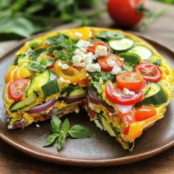 For this vibrant garden vegetable frittata, gather these fresh items: - 1 cup fresh spinach, chopped - 1/2 cup diced bell peppers (mix of red, yellow, and green) - 1 small zucchini, diced - 1 small red onion, finely chopped - 1/2 cup cherry tomatoes, halved These vegetables add color and nutrition. Spinach gives a lovely green touch, while bell peppers bring sweetness. Zucchini keeps it light and fresh. Cherry tomatoes add juiciness and a pop of flavor. Next, you will need: - 6 large eggs - 1/2 cup milk - 1/2 cup crumbled feta cheese - 1 tablespoon olive oil - Salt and pepper, to taste Eggs and milk are the base of the frittata. Feta cheese adds creaminess and a tangy kick. Olive oil helps to cook the veggies and adds flavor. To enhance the taste, consider these optional seasonings: - Fresh herbs (like basil or parsley) for garnish Fresh herbs bring a burst of flavor and brightness. You can also use dried herbs if you prefer. Each extra touch makes your frittata special. For the complete instructions, check the Full Recipe. To make a great vegetable frittata, start by gathering your ingredients. You will need eggs, milk, fresh vegetables, and cheese. Next, preheat your oven to 350°F (175°C). In a bowl, whisk together six large eggs and half a cup of milk. Make sure they blend well and become frothy. Add a pinch of salt and pepper to taste. Set this mixture aside for later. Heat one tablespoon of olive oil in a large oven-safe skillet over medium heat. Once hot, add one small, finely chopped red onion. Sauté the onion for about three to four minutes until it becomes soft and fragrant. Then, add half a cup of diced bell peppers and one small diced zucchini. Cook these veggies for five more minutes, stirring often. After that, toss in one cup of fresh spinach and half a cup of halved cherry tomatoes. Stir until the spinach wilts, which will take about two to three minutes. Remove the skillet from heat. Evenly sprinkle half a cup of crumbled feta cheese over the cooked vegetables. Carefully pour the egg mixture on top, making sure everything is well distributed. Place the skillet in your preheated oven and bake for 20 to 25 minutes. You will know it's done when the center is firm and the top is golden brown. After baking, let it cool for a few minutes. Slice the frittata into wedges and garnish with fresh herbs for a beautiful finish. Enjoy your vibrant garden vegetable frittata! For the complete recipe, check the Full Recipe section. To make a great frittata, start with good eggs. Whisk them well with milk. This helps make the frittata fluffy. Use a non-stick skillet to prevent sticking. Heat the pan before adding oil. Cook the veggies first for even flavor. Pour the egg mixture slowly over the veggies, ensuring even coverage. Bake until the center is set. A toothpick can help check doneness. You can swap many ingredients in a frittata. Don’t have spinach? Use kale or chard instead. Bell peppers can be replaced with mushrooms or leeks. If you lack feta, try goat cheese or cheddar. For a dairy-free version, use a plant-based milk and cheese. The frittata will still taste great with these changes. To boost flavor, add herbs like thyme or dill. A sprinkle of smoked paprika gives it a nice kick. You can also mix in some garlic for extra zest. For a touch of heat, add red pepper flakes. Experiment with different spices to find your favorite blend. These tips will take your frittata from simple to spectacular. For the full recipe, check out the vibrant garden vegetable frittata. {{image_4}} You can mix many veggies in your frittata. Try broccoli, carrots, or mushrooms. Each adds its own taste and texture. For a fun twist, use roasted veggies. They bring a deeper flavor. The key is to use fresh ingredients. This keeps your frittata colorful and tasty. You can even add leftover veggies from your fridge. Just chop them up and toss them in! Feta cheese adds a nice tang. But you can swap it out. Try cheddar for a sharp bite. Mozzarella gives a creamy texture. If you love blue cheese, use that for bold flavor. Goat cheese also works well. It melts nicely and adds a unique taste. Pick a cheese that you enjoy. It will make your frittata special. You can make a great vegan frittata too! Use chickpea flour instead of eggs. Mix it with water and spices. This mimics the texture of eggs. Add your favorite veggies and bake as usual. For a cheesy flavor, sprinkle nutritional yeast on top. This gives a nice umami taste without dairy. Enjoy a healthy, plant-based meal that everyone will love. Check out the Full Recipe for more ideas! After you make your frittata, let it cool. Place it in an airtight container. Store it in the fridge. It stays fresh for up to 3 days. Make sure to cover it well to keep moisture in. You can also freeze your frittata. Cut it into slices first. Wrap each slice in plastic wrap. Then place them in a freezer-safe bag. It will last for about 2 months in the freezer. Label the bag with the date. This way, you know when you made it. When you're ready to eat, reheat the frittata. You can use the microwave or the oven. For the microwave, place a slice on a plate. Heat it for 1-2 minutes. Check to make sure it’s warm all the way through. If using the oven, set it to 350°F (175°C). Heat for about 10-15 minutes. This keeps it fluffy and tasty. Enjoy your frittata again! You can tell the frittata is done when the center is firm. If you gently shake the skillet, it should not jiggle. The top should be golden brown and slightly puffed. If you insert a toothpick in the center, it should come out clean. These signs mean your frittata is ready to enjoy! Yes, you can! A frittata is great for meal prep. You can cook it in advance and store it in the fridge. Just let it cool, then cover it tightly. It will stay fresh for about 3 to 4 days. When ready to eat, simply reheat slices in the microwave or oven. Many side dishes complement a vegetable frittata. Here are some tasty options: - Fresh fruit salad - Mixed greens with lemon vinaigrette - Toast or crusty bread - Roasted potatoes - Yogurt with honey and nuts These sides add flavor and texture to your meal. For the full recipe, check out the vibrant garden vegetable frittata I shared above! In this blog post, we explored making a tasty frittata. We covered fresh ingredients, dairy, and seasonings. I shared step-by-step instructions for prep, cooking, and finishing touches. Tips included perfecting your technique and ingredient swaps. We looked at various frittata types, from veggies to vegan options. Finally, I shared how to store and reheat your frittata. With these tips, you can enjoy a delicious meal anytime. Happy cooking!