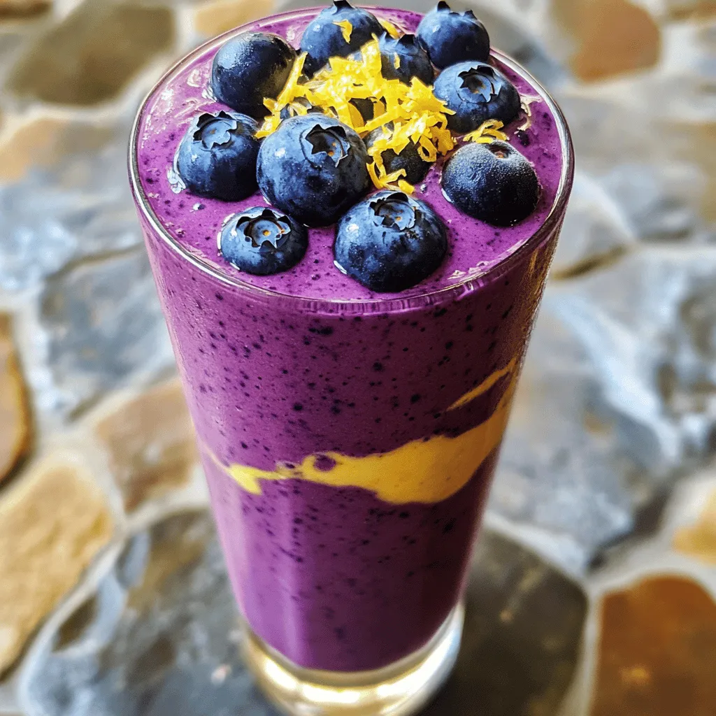 To make the Blueberry Lemon Cheesecake Smoothie, you need these simple ingredients: - 1 cup fresh or frozen blueberries - 1 ripe banana, peeled and frozen - 1 cup creamy Greek yogurt - 1/2 cup cream cheese, softened to room temperature - 1 cup almond milk (or any milk variety you prefer) - 2 tablespoons honey or maple syrup (optional, adjust based on desired sweetness level) - Zest of 1 medium lemon - Juice from 1/2 medium lemon - 1/4 teaspoon pure vanilla extract - A pinch of salt Each ingredient adds its own flavor and texture. Fresh or frozen blueberries bring vibrant color and taste. The ripe banana offers natural sweetness and creaminess. Greek yogurt adds protein and tang. Cream cheese gives that cheesecake richness. Almond milk keeps the smoothie light and smooth. Honey or maple syrup sweetens it up if you like. Lemon zest and juice give a zesty kick. Pure vanilla extract adds warmth. A pinch of salt balances the flavors. These ingredients work together to create a refreshing drink that feels like dessert. You can find the full recipe above to guide you through the process! - Add the blueberries, frozen banana, Greek yogurt, and cream cheese. - Pour in the almond milk and sweetener, if using. Start by gathering your ingredients. I love using fresh or frozen blueberries for their rich taste. The frozen banana gives the smoothie a creamy texture. Greek yogurt adds protein, while cream cheese brings that cheesecake flavor. Once you have everything ready, toss them all into your high-powered blender. Next, pour in the almond milk. This will help blend everything smoothly. If you like it sweeter, add in honey or maple syrup now. - Include lemon zest, lemon juice, vanilla extract, and salt. - Blend until smooth, scraping sides as needed. Now it’s time to add some zest! Sprinkle in the lemon zest and squeeze in the lemon juice. This gives your smoothie a bright, refreshing kick. Don’t forget the vanilla extract and a pinch of salt. The salt helps balance the flavors. Blend everything on high speed. Stop to scrape down the sides if needed. This ensures a smooth mix without lumps. - Adjust sweetness or lemon flavor as needed. - Serve the smoothie in chilled glasses. After blending, taste your smoothie. If it needs more sweetness, add a bit more honey or lemon juice and blend again. Once you’re happy with the flavor, pour the smoothie into chilled glasses. For a fun touch, you can garnish each glass with a few fresh blueberries or a sprinkle of lemon zest. Enjoy your Blueberry Lemon Cheesecake Smoothie as a refreshing treat! Check out the Full Recipe for more details. When making your Blueberry Lemon Cheesecake Smoothie, start with the best ingredients. For blueberries, you can choose between fresh and frozen. Fresh blueberries are juicy and sweet. Look for ones that are firm and plump. If you cannot find fresh ones, frozen blueberries work well too. They are often picked at peak ripeness, which locks in flavor. Next, let’s talk about bananas. A ripe banana is key for sweetness and creaminess. Choose bananas with a few brown spots, as this means they are sweet. If you can, peel and freeze your banana before blending. This will make your smoothie colder and thicker. Using a high-powered blender is a must for this smoothie. A strong blender crushes the fruit and cream cheese into a smooth mix. If you use a regular blender, you may end up with chunks instead of a creamy drink. To achieve the ideal smoothness, blend all your ingredients on high speed. Stop to scrape the sides of the blender every so often. This helps mix everything well. Blend until the mixture is silky and creamy. If it feels too thick, add a splash of almond milk to help it blend. Presentation makes your smoothie look just as good as it tastes. For a beautiful finish, garnish your smoothie with fresh blueberries on top. You can also sprinkle lemon zest for a pop of color. Serve your smoothie in chilled glasses to keep it refreshing. This drink works great as a breakfast option or a sweet snack after lunch. You can even add a straw for fun! Enjoying your smoothie this way makes every sip a delight. {{image_4}} You can easily make this smoothie a bit healthier. For a dairy-free option, swap the Greek yogurt and almond milk for coconut yogurt and oat milk. Both options add great creaminess. If you want to lower the sugar, try using less honey or maple syrup. You can even skip it altogether if the fruit is sweet enough. Want to boost the nutrients? Add a handful of spinach or kale to your smoothie. These greens blend well and add vitamins without changing the taste much. You can also experiment with different fruits. Strawberries, raspberries, or mangoes can give your smoothie a unique twist. Using seasonal fruits can keep this smoothie fresh. In the summer, add strawberries or peaches for a sweet touch. In winter, try using citrus fruits like oranges or grapefruits. They add a nice zing and pair well with blueberries. Each season brings a new flavor to explore! To keep your Blueberry Lemon Cheesecake Smoothie fresh, store any leftovers in the fridge. Use an airtight container to minimize air exposure. This keeps it cool and tasty. Drink the smoothie within one day for the best flavor. If you want to save it longer, freezing is a great option. Pour the smoothie into ice cube trays or freezer-safe bags. This way, you can enjoy it later. When stored properly, your smoothie can last about 24 hours in the fridge. For frozen smoothies, they can stay fresh for up to three months. Check for signs of spoilage before drinking. If you see separation, odd smells, or changes in color, it’s time to toss it out. Freshness matters for taste and health! To make your smoothie thicker, you can try these tips: - Use less almond milk. Start with half a cup. - Add more frozen fruits like bananas or blueberries. - Include a scoop of Greek yogurt for extra creaminess. - Blend in some ice cubes for a frosty texture. These tips help you create a rich and creamy smoothie each time. Yes, you can use different sweeteners. Here are some options: - Agave nectar is a good choice for a mild sweetness. - Coconut sugar offers a unique flavor with less impact on blood sugar. - Stevia is great for a zero-calorie option. Feel free to adjust the amount based on your taste. The ingredients in this smoothie have many health benefits: - Blueberries are high in antioxidants and vitamins C and K. - Greek yogurt provides protein and probiotics for gut health. - Lemon is rich in vitamin C, boosting your immune system. Together, these ingredients make a nutritious and tasty drink. Enjoy the Full Recipe for a delightful treat! This blog post shared a simple guide to making a tasty smoothie. You learned about the key ingredients, step-by-step blending instructions, and helpful tips. The variations offer fun ways to change the flavor or make it healthier. Storing your smoothies properly keeps them fresh longer. Remember, you can customize your drink to fit your taste. Enjoy exploring different flavors and ingredients. Your smoothie adventure starts now!