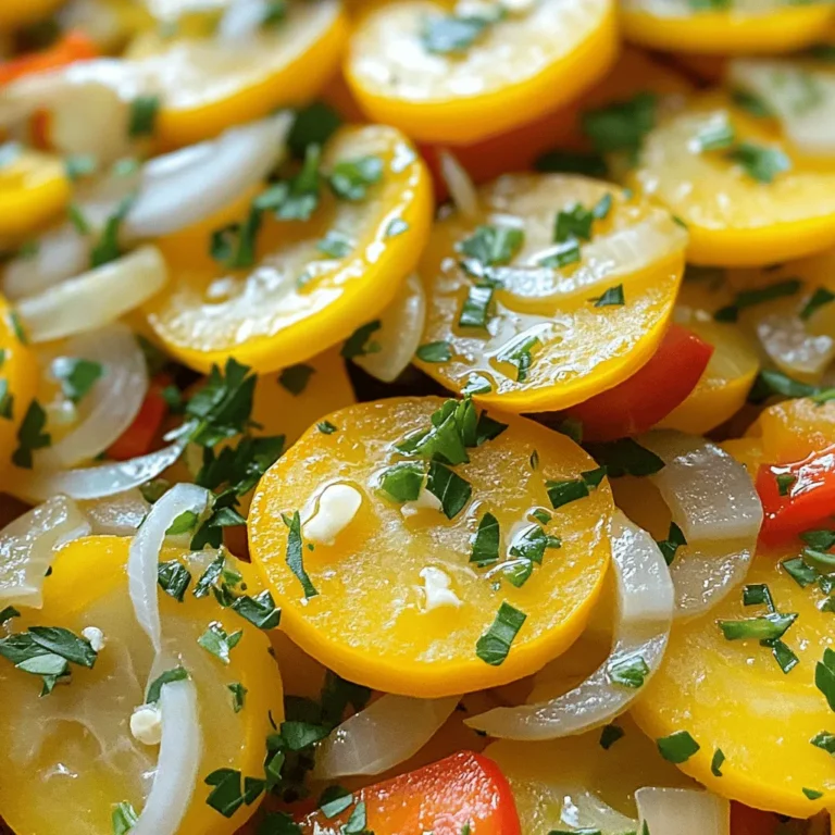- 4 medium yellow squash - 1 medium red bell pepper - 1 medium onion - 2 cloves garlic For a tasty sauté, you need some key ingredients. Start with four medium yellow squash. These are bright and full of flavor. Next, use one medium red bell pepper. It adds sweetness and color. You will also need one medium onion. This gives a nice savory taste. Finally, two cloves of garlic will boost the flavor even more. - Olive oil and butter - Dried oregano and chili flakes - Salt and pepper to taste To make your dish pop, use olive oil and butter. This mix gives a rich taste. Then, add dried oregano and chili flakes for extra flavor. The oregano adds a nice earthiness, while the chili flakes give a hint of heat. Don’t forget to season with salt and pepper to taste. This step helps to bring all the flavors together. - Fresh parsley - Suggestions for pairing dishes For a pretty touch, use fresh parsley as a garnish. It adds color and freshness. You can serve the sautéed yellow squash next to grilled chicken or fish. This pairing makes for a well-rounded meal. Try serving it in a bright bowl to make it more appealing. A nice presentation can make any dish look gourmet. If you want to check out the full recipe, visit the [Full Recipe]. To start, wash the yellow squash under cool water. Cut off both ends. Now, slice the squash into thin rounds. Each slice should be about a quarter-inch thick. This size helps them cook evenly. Next, grab your onion. Peel it and slice it thinly. You want the pieces to be similar in size to the squash. This way, they cook at the same rate. For the garlic, take two cloves and peel them. Use a knife to mince them finely. This brings out the rich flavor. Now, take your red bell pepper. Cut it in half, remove the seeds, and dice it into small pieces. Now it’s time to heat your skillet. Set it on medium heat. Add one tablespoon of olive oil and one tablespoon of butter. Let them melt together. You want them to shimmer, but not smoke. Once hot, toss in the sliced onions and minced garlic. Sauté these for about three to four minutes. You want the onions to turn soft and smell great. This builds a nice base flavor. Now, add in the diced bell pepper. Stir it around for two to three minutes. The goal is to soften it while keeping its bright color. Next, it’s time for the star of the dish: the yellow squash. Add those lovely rounds to the skillet. Sprinkle in a teaspoon of dried oregano and chili flakes for some heat. Season with salt and pepper to taste. Stir everything well so the squash is covered with seasonings. Cook this mixture for five to seven minutes. You want the squash to be tender but still have a little crunch. Taste it and adjust the seasoning if needed. Once done, feel free to garnish with fresh parsley for a pop of color. Enjoy your sautéed yellow squash as a tasty side. For the full recipe, check out the details provided above! - Maintaining the right heat: Start with medium heat. Too high can burn your squash. Keep an eye on it to ensure even cooking. - Achieving the perfect crunch: Cook the squash for about 5-7 minutes. You want it tender but still a bit firm. Stir occasionally for even cooking. - Adjusting spice levels with chili flakes: Start with a small pinch of chili flakes. You can add more if you like it spicy. Taste as you go to find your perfect level. - Balancing flavors with salt and pepper: Add salt and pepper at the end. This helps enhance all the flavors. Remember, a little goes a long way. - Serving suggestions for gatherings: Present the sautéed squash in a colorful bowl. It brightens up the table and invites guests to dig in. - Ideal serving dishes for aesthetics: Use a shallow dish or platter. This allows the colors to shine. Garnish with fresh parsley for a pop of green. {{image_4}} You can switch up the vegetables in this dish. Try using zucchini or carrots for a fresh twist. These veggies cook well and add flavor. You can also mix in some spinach or kale for extra greens. For herbs, consider using thyme or basil. They bring unique tastes to your sauté. This recipe fits many diets. It is naturally vegetarian and vegan. Just skip the butter or use a plant-based alternative. If you need gluten-free options, this dish is perfect. All the ingredients are gluten-free, so enjoy with confidence! If you want a different style, try roasting the squash. Toss the sliced squash with olive oil, salt, and your favorite spices. Roast at 400°F for about 20 minutes. You’ll get a lovely caramelized flavor. Grilling is another fun option. Place the squash on a grill for a smoky taste. Just brush it with olive oil and season it up. Grill for about 5-7 minutes on each side. This adds a nice char and enhances the flavor. For the full recipe, check out the details above. To store sautéed yellow squash, let it cool first. Place it in an airtight container. This keeps it fresh and tasty. You can refrigerate it for up to three days. For best quality, eat it within two days. When reheating, keep the squash’s texture in mind. The best way is to use a skillet over low heat. Stir it gently until warm. This method helps keep the squash crunchy. You can also use the microwave. Heat it in short bursts, stirring often. This way, you avoid overcooking. If you want to freeze sautéed yellow squash, make sure it is cool. Place it in a freezer-safe bag. Remove as much air as possible. It can last up to three months in the freezer. When using thawed squash, try adding it to soups or casseroles. It blends well and adds great flavor. To cut yellow squash well, use a sharp knife. First, wash the squash and trim the ends. Place it on a cutting board. Cut the squash in half lengthwise. Then, slice it into thin rounds. This shape cooks quickly and evenly. Always keep your fingers tucked in while cutting. This helps avoid slips and cuts. Yes, you can add other veggies! Some great options include bell peppers, zucchini, and mushrooms. They all pair well with yellow squash. For a colorful dish, try adding carrots or cherry tomatoes. Just make sure to cut them in similar sizes. This ensures even cooking and adds flavor. Yellow squash cooks fast. It usually takes about 5-7 minutes to become tender. You want it to be soft, but still have a slight crunch. Look for a bright yellow color and a slightly translucent look. Use a fork to test it. If it pierces easily, it’s done. Check often to avoid overcooking. Enjoy your sautéed yellow squash with confidence! For the complete recipe, see [Full Recipe]. Sautéed yellow squash is simple and tasty. We explored the essential ingredients, from squash to seasonings. I shared tips on preparing, cooking, and presenting your dish. You can even try variations to suit your tastes. Plus, I covered how to store leftovers for future meals. Embrace this easy recipe to impress friends and family. Enjoy your cooking and make every bite count!