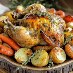 To make Savory Herb Roasted Chicken, gather these simple ingredients: - 1 whole chicken (approximately 4-5 lbs) - 2 tablespoons extra-virgin olive oil - 1 tablespoon Dijon mustard - Zest and juice of 1 lemon - 4 cloves garlic, finely minced - 2 teaspoons fresh rosemary, finely chopped - 2 teaspoons fresh thyme, finely chopped - 2 teaspoons fresh sage, finely chopped - Salt and freshly ground pepper, to taste - 1 large onion, cut into quarters - 2 medium carrots, roughly chopped - 2 medium potatoes, peeled and cubed - A handful of fresh herbs for garnish (optional) You will need a few key tools to make this dish: - A roasting pan - A medium mixing bowl - A sharp knife for carving - A cutting board - Paper towels for drying the chicken If you don’t have some ingredients, here are some easy swaps: - Use chicken thighs or breasts instead of a whole chicken. - Swap Dijon mustard for whole grain mustard for a twist. - If you lack fresh herbs, dried herbs work, but use less. - For added flavor, consider using garlic powder instead of fresh garlic. This recipe is easy to follow, and you can find the full recipe above. First, preheat your oven to 425°F (220°C). A hot oven helps the chicken skin turn crispy. Next, mix the marinade in a bowl. Combine the olive oil, Dijon mustard, lemon zest, lemon juice, garlic, rosemary, thyme, sage, salt, and pepper. Stir until everything blends well. Now, take your whole chicken and pat it dry with paper towels. This step is key for crispy skin. Place the chicken in a large roasting pan. Carefully separate the skin on the breast and thighs with your fingers. Be gentle to avoid tearing. Rub half of the marinade under the skin. Then, coat the outside of the chicken with the rest of the marinade. Stuff the cavity with onion, carrots, and potatoes. This mix not only adds flavor but also makes for tasty sides. Put the roasting pan in your hot oven. Roast the chicken for about 1 hour and 15 minutes. The chicken is done when it reaches an internal temperature of 165°F (75°C). Use a meat thermometer to check the temperature in the thickest part of the thigh. Halfway through roasting, open the oven and baste the chicken with the juices in the pan. This step keeps the meat moist and packed with flavor. Keep an eye on the time, and check the chicken’s temperature as it cooks. When the chicken is ready, take it out and let it rest for 10 to 15 minutes. This time allows the juices to settle, making each bite juicy and tender. Then, carve the chicken, serve it with the roasted veggies, and drizzle the pan juices on top for extra flavor. For the full recipe, check out the details above. To get that golden, crispy skin on your chicken, start with a dry bird. Pat it down well with paper towels. This step removes excess moisture. Next, apply olive oil evenly over the skin. The oil helps the skin crisp up and adds flavor. Roasting at a high temperature, like 425°F, cooks the chicken quickly. This method creates a crunchy layer outside while keeping the meat juicy inside. Basting halfway through adds moisture but be careful not to overdo it. Using fresh herbs can elevate your chicken dish. Rosemary, thyme, and sage are my favorites. They add depth and earthiness to your meal. Mix them with olive oil and lemon juice for a bright marinade. You can also try parsley or oregano for a different twist. Don’t forget to use herbs both under the skin and on the outside. This ensures every bite bursts with flavor. Experiment with herbs based on what you like best! Many cooks face simple mistakes when roasting chicken. One common error is not letting the chicken rest after cooking. This step allows the juices to settle, making the meat tender and flavorful. Another mistake is overcrowding the pan with veggies. Leave enough space for heat to circulate. Lastly, don’t skip checking the internal temperature. Always aim for 165°F to ensure it’s safe to eat. Keep these tips in mind, and your roasted chicken will impress every time. For the complete instruction, refer to the Full Recipe. {{image_4}} If you want to change the taste, you can swap the herbs. Use basil, oregano, or dill instead of rosemary, thyme, or sage. Each herb brings its own flavor. For a spicy kick, add paprika or cayenne pepper. You can also try fresh herbs like parsley or cilantro. Don’t be afraid to mix and match. Your chicken will still taste great with these options. Roasting and grilling both work well for chicken. Roasting gives you a crispy skin and juicy meat. It’s easy and requires less attention. Preheat your oven to 425°F for the best results. Grilling, on the other hand, adds a smoky flavor. It requires more effort, as you need to check the heat and turn the chicken. Use a grill thermometer to ensure it cooks evenly. Both methods can deliver a delicious meal, so choose your favorite. Pair your savory herb roasted chicken with tasty sides. Roasted vegetables like carrots, potatoes, and onions work well. You can also serve it with a fresh salad or creamy mashed potatoes. Rice or quinoa can be a nice option too. Each side enhances the chicken's flavor. Feel free to get creative and mix in your favorite sides to make a complete meal. For more ideas, check the Full Recipe for inspiration! After enjoying your savory herb roasted chicken, store any leftovers promptly. Place the chicken in an airtight container. Add the roasted vegetables too, if desired. Make sure to refrigerate within two hours of cooking. This keeps the chicken fresh and safe to eat later. You can enjoy the leftovers for up to four days in the fridge. If you want to keep it longer, consider freezing. Reheating your chicken is easy. Preheat your oven to 350°F (175°C). Place the chicken in a baking dish and cover it with foil. This helps keep the chicken moist. Heat for about 20-25 minutes or until warm. You can also use a microwave. Just cover the chicken and heat in short bursts, checking often. Ensure the chicken is heated all the way through. Freezing is a great option for longer storage. First, let the chicken cool completely. Then, cut it into pieces. Place the pieces in freezer bags, removing as much air as possible. You can also freeze the vegetables in separate bags. They will stay fresh for about three months. When ready to eat, thaw overnight in the fridge before reheating. This method keeps the flavors intact and saves you time later. For the full recipe, refer back to the main article. Enjoy your cooking! The best temperature for roasting chicken is 425°F (220°C). This high heat helps the skin become crispy. It also cooks the chicken evenly and keeps it juicy. Roasting at this temperature usually takes about 1 hour and 15 minutes for a whole chicken. Always check the internal temperature with a meat thermometer. The chicken is safe to eat when it reaches 165°F (75°C). You should let the chicken rest for 10 to 15 minutes after cooking. This resting time allows the juices to settle. If you cut it too soon, the juices will run out. Letting the chicken rest makes each bite more tender and flavorful. Cover it lightly with foil to keep it warm during this time. Yes, you can use a different type of chicken. You may use chicken pieces, like thighs or breasts. Adjust the cooking time based on the size of the pieces. Smaller pieces cook faster than a whole chicken. Always check for doneness with a meat thermometer. For the best flavor, use the same marinade and cooking method from the full recipe. In this blog post, we covered the ingredients and tools for cooking chicken. I shared step-by-step instructions, tips for crispy skin, and tasty variations. You learned how to store leftovers and answered common questions about cooking chicken. Remember, every detail matters in cooking. Embrace these tips for better meals. Enjoy the process and have fun in the kitchen!