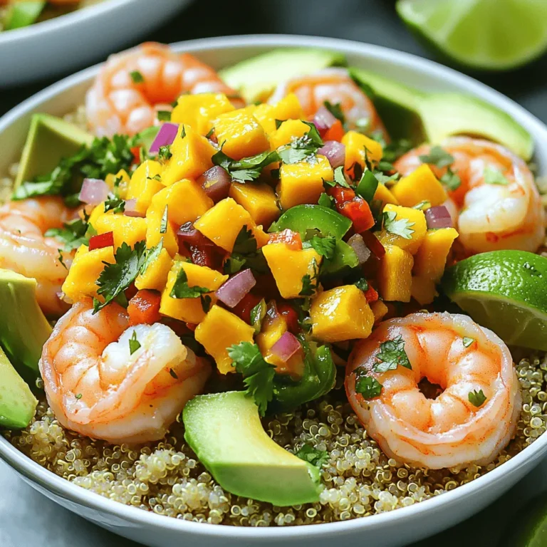 To make a flavorful Shrimp and Avocado Bowl, you need these key items: - 1 lb shrimp, peeled and deveined - 2 ripe avocados, diced - 1 cup cooked quinoa (or rice for a heartier option) - 1 ripe mango, diced - 1 small red onion, finely chopped - 1 red bell pepper, diced - 1 jalapeño, minced (optional for a spicy kick) - 2 tablespoons fresh lime juice - 1 tablespoon olive oil - Salt and pepper, to taste - Fresh cilantro, chopped (for garnish) You can add more zest to your bowls with these optional ingredients: - Garlic, minced, for extra depth - Corn, for sweetness and crunch - Black beans, for protein and texture - Avocado oil, for a different richness - Additional lime wedges, for extra tang If you have dietary needs, try these substitutes: - Use shrimp alternatives like tofu or tempeh for a vegan option. - Swap quinoa for cauliflower rice for a low-carb choice. - Replace lime juice with lemon juice if you prefer. - Use brown rice instead of white for more fiber. - Opt for a different fruit, like pineapple, in the salsa for a twist. For the full recipe, check out the complete details and instructions. Enjoy crafting your delicious bowls! Start by taking 1 pound of peeled and deveined shrimp. Place them in a large bowl. Add 2 tablespoons of olive oil, 2 tablespoons of fresh lime juice, salt, and pepper. Mix everything well. Let the shrimp sit for about 15 minutes. This helps them soak up all the flavors. Next, you need to cook 1 cup of quinoa or rice. Follow the package instructions. Make sure it cooks until fluffy. Once done, set it aside. Let it cool a bit while you work on the other parts of the bowl. Now, grab a separate bowl for the mango salsa. Dice 1 ripe mango, chop 1 small red onion, and dice 1 red bell pepper. If you like it spicy, mince 1 jalapeño. Combine all these in the bowl. Add a splash of lime juice and season with salt and pepper. Mix it well. This salsa adds a bright flavor. Heat a non-stick skillet over medium-high heat. Once hot, add the marinated shrimp. Cook them in a single layer. This step is key! Cook for 2-3 minutes on each side. You want them pink and opaque. Avoid overcooking, as it will make them tough. To assemble, take serving bowls. Add a scoop of cooked quinoa or rice to each bowl. Top it with diced avocado. Next, add the cooked shrimp. Finally, spoon on the mango salsa. This layering makes the dish look and taste amazing. For the final touch, sprinkle freshly chopped cilantro on top. This adds color and a fresh taste. You can also add lime wedges on the side. They give an extra zing when you squeeze them over the dish. Enjoy your tropical shrimp and avocado bowls with mango salsa! For the full recipe, check out the details above. To cook shrimp just right, start with fresh shrimp. After marinating, heat a non-stick skillet over medium-high heat. Add shrimp in a single layer. Cook for 2-3 minutes on each side. The shrimp should turn pink and opaque. Avoid overcooking; it makes shrimp tough. If you're using a thermometer, the internal temp should reach 120°F. This gives you that juicy bite you want. Mango salsa adds a bright taste to your bowl. To boost its flavor, use ripe mangoes. They should feel slightly soft when you press them. Add fresh lime juice to enhance sweetness. You can also try adding diced cucumbers or fresh mint. For a spicy note, include minced jalapeño. Just remember to adjust the amount to your spice level! A beautiful bowl makes a meal special. Start with a base of quinoa or rice. Layer diced avocado on top. Then, place the cooked shrimp in the center. Finish with a scoop of mango salsa on top. For color, sprinkle fresh cilantro over the top. You can also add lime wedges on the side. This not only looks great but adds a zesty touch. Enjoy your tropical delight! {{image_4}} You can easily make this dish gluten-free. Just use quinoa or rice as your base. Both are naturally gluten-free and pair well with shrimp and avocado. Always check that your ingredients, like sauces or spices, are labeled gluten-free. For a vegetarian twist, swap shrimp for black beans or chickpeas. These beans add protein and texture. Diced cucumbers or grilled zucchini can replace shrimp and add a fresh taste. This makes the dish hearty and satisfying without meat. If you love heat, add minced jalapeño to your bowls. It gives a nice kick to the meal. You can mix it into the mango salsa or sprinkle it on top. Adjust the amount based on your spice level. For an extra spicy touch, add red pepper flakes or hot sauce. For the full recipe, check out the Tropical Shrimp & Avocado Bowls with Mango Salsa. To keep your shrimp and avocado bowls fresh, store leftovers in an airtight container. Layer the shrimp and avocado separately from the quinoa and mango salsa. This prevents sogginess and keeps flavors bright. Place the container in the fridge. Enjoy leftovers within two days for the best taste. When you’re ready to eat, reheat the quinoa or rice in the microwave. Do this for about one minute, stirring halfway. For shrimp, warm them in a skillet over low heat. This keeps them tender. Avoid overheating, as shrimp can become rubbery. If you want to save your shrimp and avocado bowls for later, freeze the shrimp and quinoa together. Place them in a freezer-safe bag. Squeeze out excess air before sealing it tightly. Avoid freezing the avocado, as it doesn’t thaw well. You can add fresh avocado when you’re ready to serve. Use frozen shrimp and quinoa within three months for the best quality. Yes, you can use frozen shrimp. Just ensure you thaw them first. Place the shrimp in cold water for about 15-20 minutes. This helps to keep the shrimp tender and juicy when cooked. Frozen shrimp are often just as good as fresh ones. You can serve your bowls with a side of tortilla chips or a fresh green salad. A light dressing pairs well with the shrimp and avocado. You can also add a dollop of sour cream or Greek yogurt for creaminess. The total time to prepare this dish is about 40 minutes. You will spend around 15 minutes prepping and 25 minutes cooking. This makes it a great option for a quick yet delicious meal. Yes, this recipe is excellent for meal prep. You can make the shrimp, quinoa, and salsa ahead of time. Store each component in separate containers in the fridge. This way, you can easily assemble your bowls throughout the week. Just add avocado fresh before serving to keep it green and tasty. For the complete recipe, check out the Full Recipe. This article covered the key steps to create delicious Shrimp and Avocado Bowls. We explored the main ingredients, optional flavors, and dietary substitutes. I shared easy instructions for cooking shrimp and preparing mango salsa, along with tips for perfect results. You can adjust this dish to fit various preferences or needs. In the end, this meal is not just tasty; it’s flexible and easy to store. Enjoy trying different variations to keep it fresh each time!