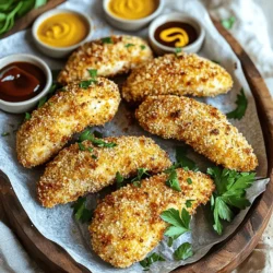 - 1 pound chicken tenderloins - 1 cup buttermilk - 1 cup all-purpose flour - 1 cup panko breadcrumbs - 1 teaspoon garlic powder - 1 teaspoon onion powder - 1 teaspoon smoky paprika - 1 teaspoon salt - ½ teaspoon freshly ground black pepper - ½ teaspoon cayenne pepper (optional for an extra kick) - Cooking spray for crisping To make crispy air fryer chicken tenders, gather these tools: - Large bowl for marinating - Shallow dishes for breading - Air fryer - Cooking spray - Tongs for handling chicken - Meat thermometer for checking doneness When choosing chicken tenderloins, look for these signs: - Bright pink color without dark spots - No foul smell; fresh chicken should smell clean - Firm texture; it should not feel slimy - Check the sell-by date to ensure freshness Buying from a trusted source can also help. Aim for organic or pasture-raised options if possible. This way, you can enjoy better flavor and nutrition in your meal. For the full recipe, check out the details above. To start, I take one pound of chicken tenderloins. I place them in a large bowl. Next, I pour one cup of buttermilk over the chicken. I make sure every piece is covered. I cover the bowl and put it in the fridge. I let the chicken marinate for at least 30 minutes. This step helps make the chicken juicy and flavorful. While the chicken marinates, I prepare my breading station. In a shallow dish, I mix one cup of all-purpose flour with one teaspoon of garlic powder, one teaspoon of onion powder, one teaspoon of smoky paprika, one teaspoon of salt, ½ teaspoon of black pepper, and ½ teaspoon of cayenne pepper for some heat. In another shallow dish, I add one cup of panko breadcrumbs. This setup makes it easy to coat the chicken. Once the chicken is marinated, I take each piece out of the buttermilk. I let any extra liquid drip off. I then dredge the chicken in the flour mixture, making sure it's well coated. After that, I dip it back into the buttermilk quickly. Finally, I roll it in the panko breadcrumbs. I press gently to help the crumbs stick well. This step is key for those crispy edges. Now, it’s time to preheat the air fryer. I turn it on and set it to 400°F (200°C). I let it heat for about 5 minutes. Preheating ensures that the chicken cooks evenly and gets nice and crispy. After preheating, I arrange the breaded chicken tenders in a single layer in the basket. To help them crisp up, I lightly spray the tops with cooking spray. I cook the tenders for about 10-12 minutes. Halfway through, I flip them to ensure even cooking. They should turn golden brown and reach an internal temperature of 165°F. Once the chicken is done, I carefully take them out of the air fryer. I let them rest for a few minutes. This helps keep the juices inside. For serving, I like to plate the crispy chicken tenders on a nice platter. I often garnish with fresh parsley for color. I serve them with tasty dipping sauces like honey mustard or BBQ. You can find the full recipe in the earlier section. To get that perfect crunch, start by marinating your chicken tenderloins in buttermilk. This helps keep them juicy. After marinating, make sure to coat them well. Use a mix of flour and panko breadcrumbs. Panko gives a light and airy crunch. Lightly spray the tenders with cooking spray before air frying. This small step makes a big difference in crispiness. Feel free to play with flavors! You can add different spices to the flour mix. For a kick, try adding chili powder or Italian herbs. If you love garlic, increase the garlic powder in your mix. You can even experiment with lemon zest for a fresh twist. Adjust the seasoning to fit your taste. This makes each batch unique! One common mistake is overcrowding the air fryer basket. Make sure to arrange the tenders in a single layer. This helps them cook evenly. Another mistake is skipping the preheating step. Preheating helps achieve that golden brown color. Lastly, avoid flipping the tenders too early. Wait until they have a good crust before turning them over. Following these tips will make your chicken tenders a hit! {{image_4}} To make spicy air fryer chicken tenders, add more heat! Use extra cayenne pepper or try a spicy seasoning blend. You can also add hot sauce to the buttermilk marinade. This will give your chicken a bold kick. Be sure to taste the mixture before marinating the chicken. Adjust the spice level to your liking. The result will be flavorful, crispy tenders that pack a punch. For a gluten-free option, swap out the all-purpose flour. Use almond flour or gluten-free breadcrumbs instead. This keeps the crunch while ensuring it’s safe for gluten-sensitive eaters. You can also try crushed cornflakes or rice cereal for a fun texture. Just make sure to read labels on all ingredients to avoid gluten. This variation means everyone can enjoy crispy chicken tenders. If you prefer a baked option, you can still use your air fryer. Follow the same steps for marinating and coating. Instead of cooking at 400°F, try 375°F for a longer cook time. This helps them cook through without burning. Check the internal temperature to ensure it reaches 165°F. Baked air fryer chicken tenders can still be crispy and delicious! For the full recipe, just check the earlier section. To keep your crispy air fryer chicken tenders fresh, store them in an airtight container. Let them cool to room temperature first. This step prevents condensation, which can make them soggy. You can keep them in the fridge for up to 3 days. For the best flavor and texture, eat them sooner rather than later. When you want to enjoy the chicken tenders again, reheating them properly is key. Preheat your air fryer to 350°F (175°C). Place the chicken tenders in the basket, ensuring they don’t touch. Heat for about 5-7 minutes. This method helps to keep them crispy. You can also use an oven for reheating. Just place them on a baking sheet and heat at 350°F (175°C) for 10-12 minutes. If you want to save some chicken tenders for later, freezing is a great option. First, let them cool completely. Then, place them in a single layer on a baking sheet and freeze for about an hour. Once frozen, transfer them to a freezer-safe bag or container. They can last for up to 3 months in the freezer. When you’re ready to eat, reheat from frozen in your air fryer at 350°F (175°C) for about 10-12 minutes. Enjoy them fresh, even after freezing! You should marinate the chicken for at least 30 minutes. For best results, I recommend going up to 2 hours. This time allows the chicken to soak up the buttermilk, making it tender and flavorful. Yes, you can use frozen chicken tenderloins. However, you must thaw them first. Thawing ensures they cook evenly. I suggest placing them in the fridge overnight or using the microwave for quick thawing, but don’t cook them straight from frozen. Several sauces taste amazing with air fryer chicken tenders. You can try: - Honey mustard - Smoky BBQ sauce - Creamy ranch dressing - Spicy ketchup These sauces add a fun twist to every bite! Yes, preheating the air fryer is important. It helps the tenders cook evenly and get that crispy texture we love. Preheat your air fryer to 400°F (200°C) for about 5 minutes before adding the chicken. You can check if the chicken is cooked through by using a meat thermometer. The internal temperature should reach 165°F (75°C). If you don’t have a thermometer, check that the juices run clear when you cut into the chicken. No pink should be showing. You learned how to make delicious air fryer chicken tenders. We discussed the right ingredients, tools, and tips to choose fresh chicken. I walked you through each step, from marinating to serving. Remember to explore different flavors and avoid common mistakes. Proper storage will keep your tenders tasty for later. Try new ideas like spicy or gluten-free versions. Enjoy your cooking journey!