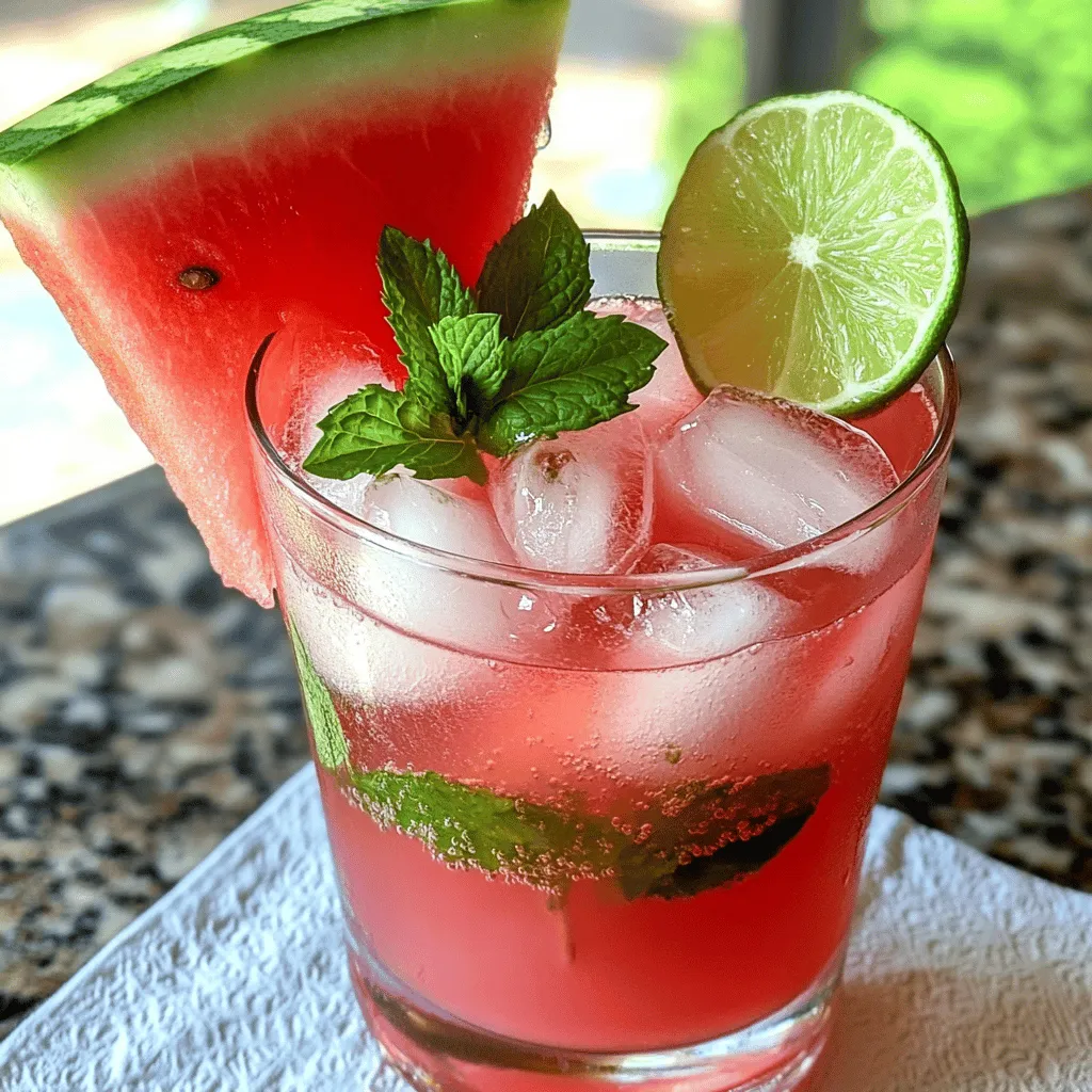 To make the best Watermelon Mint Mojito Mocktail, start with fresh watermelon. Use about 2 cups of ripe, juicy watermelon, cut into cubes. The sweeter, the better! You will blend it to create a smooth juice. Fresh watermelon gives your drink a vibrant color and refreshing taste. Next, gather about 10 fragrant mint leaves. Look for bright green leaves with no brown spots. Mint adds a cool flavor that pairs well with watermelon. You will muddle the leaves to release their oils. This step is key to getting that wonderful minty aroma. You will need 2 tablespoons of freshly squeezed lime juice. It brings a tangy kick that balances the sweetness of the watermelon. For sweetness, use 1 tablespoon of honey or agave syrup. Feel free to adjust the sweetener to your taste. This mix of flavors makes the mocktail pop! Sparkling water is essential for that fizzy finish. You can top off your drink with it after pouring in the watermelon juice. Make sure to have plenty of ice cubes ready. They keep your mocktail cold and refreshing on a hot day. Garnishes add the final touch. Use lime wedges and mint sprigs to make your drink look pretty. Place a lime wedge on the rim of the glass and a mint sprig inside. These small details make your mocktail feel special and inviting. For the full recipe, check out the details I provided! To start, take 2 cups of fresh watermelon and cut it into cubes. Place the cubes in your blender. Blend on high until smooth. If you prefer a clear juice, pour the mix through a fine mesh sieve. Use a spatula to help push the juice through and leave the pulp behind. Next, grab a tall glass. Add 10 fresh mint leaves and 2 tablespoons of lime juice. Using a muddler or the back of a spoon, press the mint leaves gently. This helps release the mint’s oils without tearing them too much. This step adds a fresh flavor to your drink. Now, drizzle in 1 tablespoon of honey or agave syrup. Stir the mixture well. This combines the sweetener with the mint and lime juice. Make sure the flavors blend nicely. Adjust the sweetness based on your taste. Fill the glass halfway with ice cubes. Pour the freshly strained watermelon juice over the ice. Fill the glass until it is three-quarters full. This keeps your drink cool and refreshing. Finally, top off your drink with sparkling water. Fill it to your desired level. Give it a gentle stir to mix everything together. To make it look pretty, add a lime wedge on the rim and a sprig of mint into the drink. Enjoy your vibrant Watermelon Mint Mojito Mocktail! For the full recipe, check out the details above. Pick a watermelon that feels heavy for its size. Look for a uniform shape and a creamy spot. This spot shows where the fruit rested on the ground and ripened. A dull skin is also a sign of ripeness. Avoid watermelons with soft spots or bruises. To make smooth juice, cut the watermelon into cubes. Blend it on high until it is liquid. For a clearer drink, strain the juice through a fine mesh sieve. Press the pulp gently with a spatula to get every drop of juice. This step makes a big difference in texture. Taste your watermelon juice before adding sweetener. Some watermelons are sweeter than others. If it needs more sweetness, use honey or agave syrup. Add small amounts, stir, and taste again. This way, you can find the perfect balance. Serve your mocktail in chilled glasses for a cool touch. Add a slice of watermelon on the rim for a fun look. A few mint leaves floating on top add a lovely aroma. This drink looks great and tastes even better. For a party, make a large batch and let guests serve themselves! Check the Full Recipe for more details on preparation. {{image_4}} You can make your Watermelon Mint Mojito Mocktail even better by adding other fruits. Try using strawberries, raspberries, or blueberries. These fruits mix well with watermelon's sweet flavor. Just chop them up and add them to your blender with the watermelon. You can also mash them with the mint and lime juice if you want a more intense fruit taste. Each fruit adds a new twist and makes your drink colorful! While mint is a star in this drink, other herbs can shine too. Basil works great for a fresh, herbal touch. You can also try using rosemary for a more robust flavor. Just like with mint, muddle the herbs to release their oils. Experiment with different herbs to find what you like best. Mixing herbs can lead to exciting new flavors in your mocktail. A fun way to enjoy your mocktail is by hosting a mocktail bar. Set up a table with all the ingredients for the Watermelon Mint Mojito Mocktail. Include different fruits and herbs for guests to mix their drinks. Provide cups, ice, and garnishes. This lets everyone get creative and make their perfect drink. They can even try your Full Recipe or create their own special mix. It's a fantastic way to connect with friends and family while having fun! If you have leftover Watermelon Mint Mojito Mocktail, store it in the fridge. Use a sealed container to keep it fresh. It’s best to drink it within 24 hours. The longer it sits, the less fizzy it becomes. If you see any separation, just stir it before serving. Use fresh watermelon and mint for the best flavor. Store watermelon in the fridge, wrapped tightly. This keeps it juicy and firm. For mint, place it in a glass of water, like a flower. Cover it with a plastic bag and store it in the fridge. This helps keep the leaves vibrant and fresh. You can make parts of this mocktail ahead of time. Blend the watermelon juice and store it in the fridge. Muddle the mint and lime juice, then mix them just before serving. This way, you keep the drink fresh and bubbly. For a party, set up a mocktail station to let guests mix their drinks. Check out the Full Recipe for all the steps to enjoy this refreshing drink! Yes, you can prepare the watermelon juice in advance. Blend the watermelon and strain it. Store the juice in the fridge for one to two days. When ready to serve, mix with mint, lime juice, and sparkling water. If you don't have lime juice, you can use lemon juice. It gives a similar tangy flavor. Another option is to use orange juice for a sweeter taste. Yes, you can use mint extract instead of fresh mint leaves. Use only a few drops, as it is strong. Mix it with lime juice and watermelon juice to keep the flavor balanced. To add spice, include a few slices of fresh jalapeño or a pinch of cayenne pepper. Muddle the jalapeño with mint and lime. This will add a nice kick to your drink. - Watermelon: High in water and vitamins A and C. Great for hydration. - Mint: Aids digestion and adds a fresh flavor. - Lime juice: Packed with vitamin C and supports the immune system. - Honey or agave syrup: Natural sweeteners with fewer calories than sugar. - Sparkling water: Hydrating and calorie-free. Each ingredient brings health benefits while keeping your drink refreshing and tasty. Check out the Full Recipe for a delightful summer treat! This blog covered how to make a refreshing watermelon mint mocktail. We explored ingredients like fresh watermelon, mint leaves, lime juice, and sparkling water. You learned how to prepare the juice, muddle mint, mix everything, and garnish the drink. Tips on picking the best ingredients helped ensure great flavor. I hope you feel inspired to try this drink. Enjoy the fun of making your own mocktail and play with flavors. Cheers to your next refreshing creation!