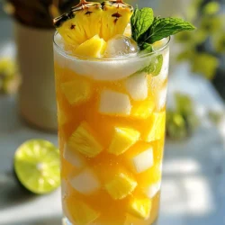 - Pineapple: 1 cup diced - Lime: 1 for juicing - Mint: 10 fresh leaves, plus extra for garnish - Coconut water: 1 cup - Sparkling water: for topping - Agave syrup (or honey): 2 tablespoons - Ice cubes: preferably crushed - Garnish: lime slices and mint sprigs To make the Pineapple Coconut Mojito Mocktail, let's gather our ingredients. Fresh pineapple gives this drink its sweet and tangy base. Diced into small pieces, it blends smoothly. The lime adds a zesty kick, bringing balance to the sweetness. Mint leaves provide a refreshing aroma and taste that lifts the entire drink. Coconut water is the star liquid, giving us a tropical vibe. It’s hydrating and pairs well with the other flavors. To finish, we’ll top off our mocktail with sparkling water for a bubbly effect. For sweetness, I suggest using agave syrup. It blends well and doesn’t overpower the other flavors. If you prefer, honey works too. We will need ice cubes to chill the drink and keep it cool on hot days. Lastly, lime slices and mint sprigs make for pretty garnishes that also enhance the drink's taste. You can find the full recipe above. Now, let’s get ready to create this refreshing delight! To start your Pineapple Coconut Mojito Mocktail, gather your ingredients. In a blender, combine the diced pineapple, coconut water, lime juice, and agave syrup. Blend them at high speed until the mixture is smooth. Check for any chunks and blend longer if needed. This base gives your drink a sweet and tropical flavor. Next, take a large serving pitcher. Use a muddler or the back of a spoon to gently press the mint leaves. This step is key to releasing their essential oils. Be careful not to tear the leaves too much. If you do, it can make your drink taste bitter. Just press gently until you smell that fresh mint aroma. Now it's time to mix everything together. Carefully pour the smooth pineapple and coconut mixture over the muddled mint in your pitcher. Stir it well to blend the flavors. Fill each glass with ice cubes or crushed ice. Pour the blended mocktail over the ice until the glasses are three-quarters full. Finally, top each glass off with sparkling water. Give it a gentle stir to mix, but don’t break those bubbles. Garnish with a slice of lime and a sprig of fresh mint. Enjoy your refreshing drink! For the full recipe, check out the details above. To make a great Pineapple Coconut Mojito Mocktail, use fresh pineapple. Fresh pineapple gives the drink a sweet and juicy flavor. You want every sip to burst with taste. Next, fresh mint is key. It adds a bright and vibrant taste that makes the drink pop. Be sure to use mint leaves that are bright green. You can adjust the sweetness to fit your taste. If you want it sweeter, add more agave syrup. If you like it less sweet, use less. You can also try different fruits. Adding berries or citrus fruits can give your mocktail a fun twist. Fresh herbs like basil can also add a new layer of flavor. Serve your mocktail right after making it. This ensures you enjoy the best flavor and freshness. Use chilled glasses for an extra refreshing experience. You can chill your glasses in the freezer for a few minutes before pouring. This small step makes a big difference! {{image_4}} You can add other tropical fruits to your mocktail. Mango and passion fruit work well. Just chop them up and blend them into the base. This gives your drink a fun twist. It also brings extra sweetness and flavor. Try mixing and matching to find your favorite combo! If you want a lower-calorie drink, swap agave syrup for stevia. Stevia has no calories and can sweeten your mocktail. Start with a small amount, then taste and adjust. This keeps your drink light and refreshing, while still being delicious. Using flavored sparkling waters is another great idea. You can find many choices, like lime, berry, or tropical flavors. This adds a new layer of taste to your drink. Simply top off your mocktail with your chosen sparkling water. It gives a fun fizz and keeps things exciting! You should drink the pineapple coconut mojito mocktail fresh for the best taste. If you need to store it, you can refrigerate it for up to 2 hours. After that, the flavors may fade, and it won't be as refreshing. You can save time by prepping the ingredients ahead. Mix the pineapple and coconut base in advance. This way, when you want a drink, you can put it together quickly. Just blend the base, and it will be ready to go. Avoid adding ice to the whole mix before serving. If you do, the drink will get watery. Instead, add ice to each glass right before you pour in the mocktail. This keeps it cold without losing flavor! Enjoy it chilled and flavorful! Yes, you can make this mocktail ahead of time. To keep it fresh, prepare the base without adding sparkling water. Blend the pineapple, coconut water, lime juice, and agave syrup. Store this mixture in the fridge for up to two hours. When you are ready to serve, pour the mixture over ice and top it off with sparkling water. This way, you keep the bubbles lively and refreshing. Absolutely! If you dislike coconut, you can use regular water or juice instead of coconut water. Pineapple juice works well and adds a sweet touch. You can also try using flavored sparkling water for some fizz without the coconut flavor. This gives you a tasty drink without losing the fun of a mojito. If you want to switch things up, try using basil or cilantro. Both herbs bring a fresh taste. Basil gives a sweet and peppery kick, while cilantro adds a bright note. You can also use lemon balm for a mild lemon flavor. Don’t be afraid to experiment with different herbs to find your favorite blend! This mocktail uses fresh pineapple, lime, and mint for a tasty drink. You blend these ingredients with coconut water, add sweetener, and mix with sparkling water. For the best flavor, serve it right away with ice. You can switch things up with different fruits or herbs. Remember, fresh ingredients make a huge difference. Enjoy this refreshing drink at any gathering or just for yourself. Simple, delicious, and perfect for hot days!