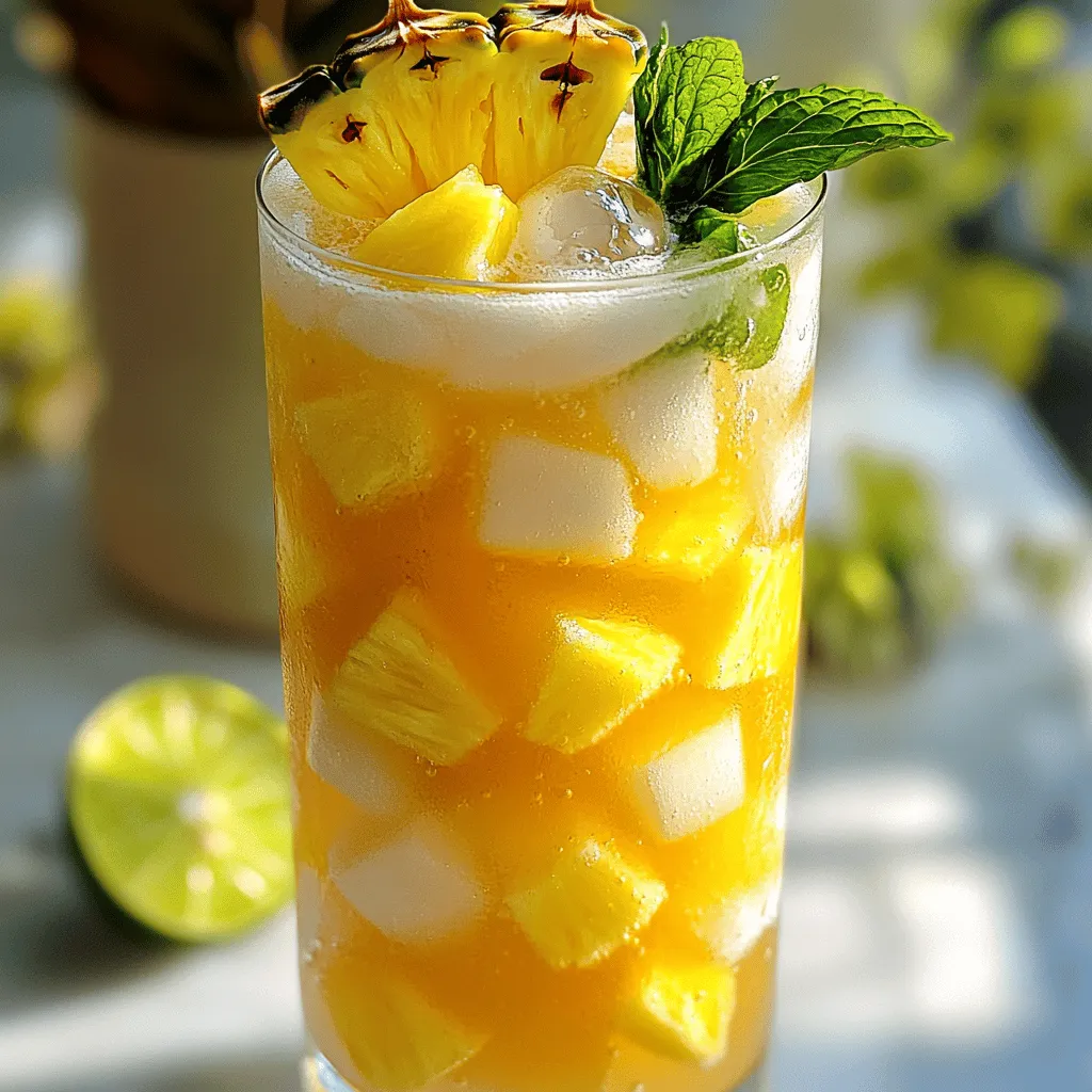 - Pineapple: 1 cup diced - Lime: 1 for juicing - Mint: 10 fresh leaves, plus extra for garnish - Coconut water: 1 cup - Sparkling water: for topping - Agave syrup (or honey): 2 tablespoons - Ice cubes: preferably crushed - Garnish: lime slices and mint sprigs To make the Pineapple Coconut Mojito Mocktail, let's gather our ingredients. Fresh pineapple gives this drink its sweet and tangy base. Diced into small pieces, it blends smoothly. The lime adds a zesty kick, bringing balance to the sweetness. Mint leaves provide a refreshing aroma and taste that lifts the entire drink. Coconut water is the star liquid, giving us a tropical vibe. It’s hydrating and pairs well with the other flavors. To finish, we’ll top off our mocktail with sparkling water for a bubbly effect. For sweetness, I suggest using agave syrup. It blends well and doesn’t overpower the other flavors. If you prefer, honey works too. We will need ice cubes to chill the drink and keep it cool on hot days. Lastly, lime slices and mint sprigs make for pretty garnishes that also enhance the drink's taste. You can find the full recipe above. Now, let’s get ready to create this refreshing delight! To start your Pineapple Coconut Mojito Mocktail, gather your ingredients. In a blender, combine the diced pineapple, coconut water, lime juice, and agave syrup. Blend them at high speed until the mixture is smooth. Check for any chunks and blend longer if needed. This base gives your drink a sweet and tropical flavor. Next, take a large serving pitcher. Use a muddler or the back of a spoon to gently press the mint leaves. This step is key to releasing their essential oils. Be careful not to tear the leaves too much. If you do, it can make your drink taste bitter. Just press gently until you smell that fresh mint aroma. Now it's time to mix everything together. Carefully pour the smooth pineapple and coconut mixture over the muddled mint in your pitcher. Stir it well to blend the flavors. Fill each glass with ice cubes or crushed ice. Pour the blended mocktail over the ice until the glasses are three-quarters full. Finally, top each glass off with sparkling water. Give it a gentle stir to mix, but don’t break those bubbles. Garnish with a slice of lime and a sprig of fresh mint. Enjoy your refreshing drink! For the full recipe, check out the details above. To make a great Pineapple Coconut Mojito Mocktail, use fresh pineapple. Fresh pineapple gives the drink a sweet and juicy flavor. You want every sip to burst with taste. Next, fresh mint is key. It adds a bright and vibrant taste that makes the drink pop. Be sure to use mint leaves that are bright green. You can adjust the sweetness to fit your taste. If you want it sweeter, add more agave syrup. If you like it less sweet, use less. You can also try different fruits. Adding berries or citrus fruits can give your mocktail a fun twist. Fresh herbs like basil can also add a new layer of flavor. Serve your mocktail right after making it. This ensures you enjoy the best flavor and freshness. Use chilled glasses for an extra refreshing experience. You can chill your glasses in the freezer for a few minutes before pouring. This small step makes a big difference! {{image_4}} You can add other tropical fruits to your mocktail. Mango and passion fruit work well. Just chop them up and blend them into the base. This gives your drink a fun twist. It also brings extra sweetness and flavor. Try mixing and matching to find your favorite combo! If you want a lower-calorie drink, swap agave syrup for stevia. Stevia has no calories and can sweeten your mocktail. Start with a small amount, then taste and adjust. This keeps your drink light and refreshing, while still being delicious. Using flavored sparkling waters is another great idea. You can find many choices, like lime, berry, or tropical flavors. This adds a new layer of taste to your drink. Simply top off your mocktail with your chosen sparkling water. It gives a fun fizz and keeps things exciting! You should drink the pineapple coconut mojito mocktail fresh for the best taste. If you need to store it, you can refrigerate it for up to 2 hours. After that, the flavors may fade, and it won't be as refreshing. You can save time by prepping the ingredients ahead. Mix the pineapple and coconut base in advance. This way, when you want a drink, you can put it together quickly. Just blend the base, and it will be ready to go. Avoid adding ice to the whole mix before serving. If you do, the drink will get watery. Instead, add ice to each glass right before you pour in the mocktail. This keeps it cold without losing flavor! Enjoy it chilled and flavorful! Yes, you can make this mocktail ahead of time. To keep it fresh, prepare the base without adding sparkling water. Blend the pineapple, coconut water, lime juice, and agave syrup. Store this mixture in the fridge for up to two hours. When you are ready to serve, pour the mixture over ice and top it off with sparkling water. This way, you keep the bubbles lively and refreshing. Absolutely! If you dislike coconut, you can use regular water or juice instead of coconut water. Pineapple juice works well and adds a sweet touch. You can also try using flavored sparkling water for some fizz without the coconut flavor. This gives you a tasty drink without losing the fun of a mojito. If you want to switch things up, try using basil or cilantro. Both herbs bring a fresh taste. Basil gives a sweet and peppery kick, while cilantro adds a bright note. You can also use lemon balm for a mild lemon flavor. Don’t be afraid to experiment with different herbs to find your favorite blend! This mocktail uses fresh pineapple, lime, and mint for a tasty drink. You blend these ingredients with coconut water, add sweetener, and mix with sparkling water. For the best flavor, serve it right away with ice. You can switch things up with different fruits or herbs. Remember, fresh ingredients make a huge difference. Enjoy this refreshing drink at any gathering or just for yourself. Simple, delicious, and perfect for hot days!